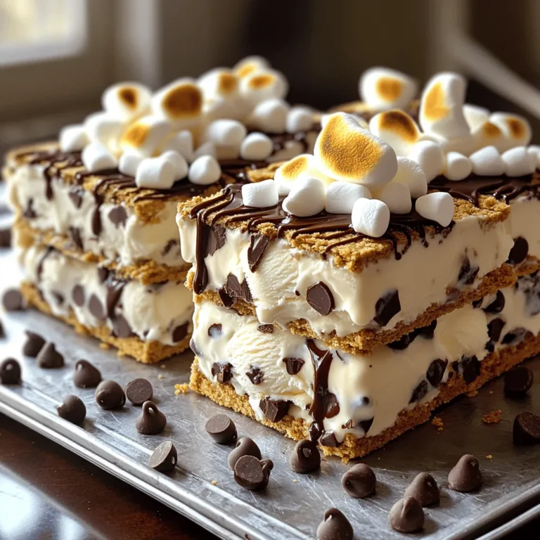 To make your S’mores Ice Cream Sandwiches, gather these main items: - 1 cup graham cracker crumbs - 1/2 cup unsalted butter, melted - 1/3 cup brown sugar, packed - 2 cups vanilla ice cream, softened - 1 cup mini marshmallows - 1/2 cup chocolate chips - 1/4 cup melted chocolate (for drizzling) These ingredients create that classic s’mores flavor. The graham crackers give a crunchy base, while the marshmallows and chocolate add sweetness. You can add fun twists to your sandwiches. Here are some ideas: - Use flavored ice cream like chocolate or mint. - Swap out mini marshmallows for large marshmallows. - Add peanut butter chips for a nutty taste. - Try crushed cookies instead of graham crackers. These add-ins let you customize your dessert. Mix and match to find your favorite flavor. Using quality ingredients makes a big difference. Here are brands I trust: - Honey Maid for graham crackers. - Land O’Lakes for unsalted butter. - Domino for brown sugar. - Breyers or Haagen-Dazs for ice cream. These brands offer great taste and quality. Always check your local store for availability. For the best results, choose fresh ingredients. First, preheat your oven to 350°F (175°C). This step is key. While the oven warms up, grab a mixing bowl. In it, mix 1 cup of graham cracker crumbs, 1/2 cup of melted unsalted butter, and 1/3 cup of packed brown sugar. Stir until the mix looks crumbly. Next, take an 8x8-inch baking pan and line it with parchment paper. Press your graham cracker mix into the bottom of the pan. Make sure it’s even and firm. Bake it for about 10 minutes. It should turn lightly golden. After baking, let it cool completely. Once the crust is cool, it’s time for the fun part! Take 2 cups of softened vanilla ice cream and spread it evenly over the graham cracker base. Use a spatula to smooth it out perfectly. Now for the toppings! Sprinkle 1 cup of mini marshmallows and 1/2 cup of chocolate chips over the ice cream. Press them gently into the ice cream so they stick well. Cover the pan with plastic wrap. Place it in the freezer for at least 4 hours. You want the ice cream to be solid. Once frozen, remove the dessert from the pan using the parchment paper. Cut it into squares or rectangles to make your ice cream sandwiches. For a special touch, drizzle melted chocolate over the top before serving. Enjoy your S’mores Ice Cream Sandwiches! To make S’mores ice cream sandwiches, focus on the crust. Use fresh graham crackers for the best flavor. You want a nice crunch, so press the crumbs firmly into the pan. Bake until golden brown, and let it cool completely. This step helps keep the crust firm when you add ice cream. When spreading the ice cream, use a spatula for an even layer. Don’t rush this part; it makes a big difference. One common mistake is not letting the crust cool. If you add ice cream too soon, it can melt and mix in, making a mess. Also, be careful with the chocolate chips. If you don’t press them down, they might not stick. Lastly, avoid cutting the sandwiches too soon. They need to freeze for at least four hours to hold their shape. You can switch up the flavors in many ways. Try using chocolate ice cream instead of vanilla for a richer taste. If you love peanut butter, mix in peanut butter chips with the chocolate chips. For a fun twist, add crushed cookies or candy bars to the ice cream. You can even swap the graham cracker base for Oreos or another favorite cookie. The options are endless! {{image_2}} You can switch up the ice cream to make your S’mores ice cream sandwiches unique. Here are some fun ideas: - Chocolate Ice Cream: This adds a rich twist to your treat. - Mint Chocolate Chip: A refreshing choice that pairs well with the graham crust. - Cookie Dough: If you love cookies, this flavor will delight you. - Peanut Butter: It adds a creamy richness that blends well with chocolate. Mixing and matching flavors can really amp up your S’mores game. While graham crackers are classic, other cookie bases can work great too. Try these: - Oreo Cookies: Use crushed Oreos for a chocolatey base. - Sugar Cookies: They offer a sweet and soft texture. - Biscotti: For a crunchier bite, this is a fun option. - Shortbread: Rich and buttery, it pairs well with the ice cream. Each base changes the taste and feel of your sandwich. Toppings can make or break your ice cream sandwich. Here are some creative ideas: - Crushed Nuts: Walnuts or almonds add crunch and health benefits. - Caramel Sauce: A drizzle of caramel will sweeten your treat. - Sprinkles: Fun sprinkles can add color and excitement. - Toasted Coconut: This can give a tropical twist to your dessert. Experimenting with toppings keeps every bite exciting and fresh. For the full recipe, check the main section. Store leftover S’mores ice cream sandwiches in an airtight container. They will keep well for up to three days in the fridge. If you leave them out, they can melt and become messy. To prevent this, always seal them tightly. For long-term storage, freeze the sandwiches. Wrap each sandwich in plastic wrap. Then, place them in a freezer-safe bag. This way, they stay fresh for up to a month. When you want a treat, simply grab one from the freezer. To thaw, take a sandwich out of the freezer. Let it sit at room temperature for about 10 minutes. This helps soften the ice cream just enough to enjoy. Avoid using a microwave, as it may melt the ice cream too fast. Enjoy your sweet treat with that perfect texture! Yes, you can make S’mores Ice Cream Sandwiches ahead of time. I often prepare them the day before I plan to serve them. This way, the ice cream has enough time to freeze well. Just follow the instructions and freeze them for at least four hours. They taste fresh and delicious even after a day in the freezer. You can get creative with toppings! Here are some tasty ideas: - Crushed nuts, like almonds or pecans, for a crunchy bite. - Sprinkles for a fun and colorful touch. - Different chocolate types, like dark or white chocolate chips. - Fresh fruit, such as sliced strawberries or bananas, for a fruity twist. These toppings can add new flavors and fun textures to your sandwiches. Yes, there are gluten-free options for S’mores Ice Cream Sandwiches. You can use gluten-free graham crackers instead of regular ones. Just check the package to ensure they meet your needs. For the chocolate chips, make sure they're gluten-free too. This way, everyone can enjoy this sweet treat! You’ve learned how to make S’mores Ice Cream Sandwiches. We covered key ingredients, step-by-step instructions, and tips for success. I shared fun variations to try and gave storage advice for leftovers. Making these treats can be simple and fun. You can impress friends and family with your skills. Try new flavors and toppings to find your favorite mix. Enjoy every bite of this tasty dessert!