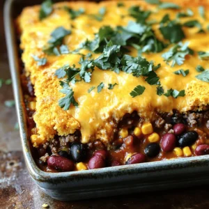 - Ground Beef: 1 pound - Beans: kidney beans and black beans (15 oz each) - Corn: 1 can (15 oz) - Tomatoes: 10.5 oz diced tomatoes with green chilies - Aromatics: onion and garlic - Cornbread mix: 1 cup - Egg: 1 large - Milk: 1 cup - Cheese: 1 cup shredded cheddar cheese - Taco seasoning: 1 packet - Additional seasonings: Salt and pepper to taste - Olive oil: 2 tablespoons for sautéing Gathering the right ingredients is key to making a great cowboy casserole. First, I always start with ground beef. It creates the tasty base for the dish. Then, I add kidney beans and black beans. They give the casserole great protein and fiber. Next, corn adds sweetness and texture. Diced tomatoes with green chilies bring a nice kick. I love using onion and garlic. They add depth to the flavor. For the cornbread, I use a simple mix. I add one egg and a cup of milk. Don't forget the cheese! Shredded cheddar cheese makes it rich and creamy. Finally, I like to spice it up. A packet of taco seasoning does the trick. You can also add salt and pepper to taste. Olive oil is perfect for sautéing the onion and garlic. With these ingredients, you’ll create a warm, hearty meal. Ready to cook? Let’s dive into the next steps! For the full recipe, check the details above. - Preheat your oven to 375°F (190°C). - In a large skillet, pour in 2 tablespoons of olive oil and heat it over medium heat. - Add 1 medium chopped onion and sauté for about 5 minutes until it’s soft and clear. - Toss in 2 minced garlic cloves and stir them for 1 minute. - Now, add 1 pound of ground beef. Cook it for about 7-10 minutes, stirring until it is brown and crumbly. - If there is extra fat, drain it off. This keeps your casserole lighter. - Season the beef with salt, pepper, and 1 packet of taco seasoning. - Stir in 1 can (15 oz) of drained kidney beans and 1 can (15 oz) of drained black beans. - Next, add 1 can (15 oz) of drained corn and 1 can (10.5 oz) of diced tomatoes with green chilies, juices included. - Mix everything well and let it simmer for about 5 minutes. This helps the flavors mix together. - Carefully transfer the beef and bean mixture into a greased 9x13 inch baking dish. Spread it out evenly. - In a separate bowl, prepare 1 cup of cornbread mix according to the package instructions. - Mix in 1 large egg and 1 cup of milk, stirring just until combined. Be careful not to overmix. - Pour the cornbread batter over the beef mixture, using a spatula to cover it completely. - Sprinkle 1 cup of shredded cheddar cheese on top of the cornbread layer. - Place the casserole in the oven and bake for 25-30 minutes. It’s ready when the cornbread is golden brown. - After baking, let it cool for about 5 minutes before slicing. Enjoy your hearty cowboy casserole with cornbread! For the full recipe, see the previous sections. To get the best cornbread, avoid overmixing the batter. Mixing too much makes it tough. Just stir until the dry and wet ingredients blend. For flavor, adjust the taco seasoning to match your taste. If you like it spicy, add more! If you want it mild, use less. This casserole shines with some added toppings. Serve it with salsa or guacamole for a fresh kick. The creamy texture of guacamole pairs well with the hearty casserole. You can also add a sprinkle of fresh cilantro. This adds a pop of color and flavor. Keep an eye on your casserole as it bakes. You want the cornbread to turn golden brown. This usually takes about 25 to 30 minutes. After baking, let it rest for 5 minutes. This helps the layers set and makes serving easier. {{image_4}} You can easily make this dish meat-free. Just swap the ground beef for lentils or mushrooms. Lentils cook quickly and add a great texture. Mushrooms bring a rich, savory flavor. Both options keep the dish hearty and satisfying. If you need a gluten-free version, use a gluten-free cornbread mix. Many brands offer tasty mixes that work well. Just follow the package instructions. This way, everyone can enjoy this delicious casserole without worry. Want to add some heat? Toss in jalapeños or chili powder. These ingredients bring a kick to the dish. You can adjust the amount based on your taste. Start small and add more if needed. To keep your leftover cowboy casserole fresh, let it cool first. Then, transfer it to an airtight container. Store it in the fridge for up to three days. When you’re ready to eat, just grab it and warm it up. This casserole keeps flavors well, so you won’t lose taste. You can freeze portions of cowboy casserole for later. First, let it cool down completely. Then, cut it into individual servings. Wrap each portion tightly in plastic wrap, then place them in a freezer-safe bag. Label the bags with the date. This way, you can enjoy it for up to three months. To reheat without losing moisture, use the oven. Preheat it to 350°F (175°C). Place your casserole in an oven-safe dish and cover it with foil. Heat for about 20-30 minutes. This keeps the casserole moist and delicious. You can also use the microwave, but be careful not to dry it out. Add a splash of water to keep it nice and soft. To make Cowboy Casserole, follow these simple steps: 1. Preheat your oven to 375°F (190°C). 2. Heat olive oil in a skillet over medium heat. 3. Sauté chopped onion for about 5 minutes. 4. Add minced garlic and ground beef. Cook until the beef is brown. 5. Mix in kidney beans, black beans, corn, diced tomatoes, and taco seasoning. 6. Let it simmer for 5 minutes. 7. Spread the mixture in a greased baking dish. 8. Prepare cornbread mix in a bowl and pour over the beef mix. 9. Top with shredded cheddar cheese. 10. Bake for 25-30 minutes until golden brown. This hearty dish combines flavors well. It warms up perfectly and is easy to share. Yes, you can make Cowboy Casserole ahead. You can prepare the meat and bean mix a day early. Store it in the fridge until you are ready to bake. To save time, you can also assemble the whole casserole ahead. Just cover it tightly and keep it in the fridge. When ready, bake it straight from the fridge. You may need to add a few extra minutes to the baking time. Cowboy Casserole pairs well with many sides. Here are some ideas: - Fresh salsa adds a nice kick. - Guacamole brings creaminess to the meal. - A simple green salad adds freshness. - Corn on the cob is a classic choice. - For a heartier option, serve with rice or tortilla chips. These sides enhance the flavors and make your meal more fun. Enjoy exploring different combinations! This blog post covered a simple recipe for Cowboy Casserole with cornbread. You learned about key ingredients, step-by-step instructions, and tips for the best flavor. We also explored variations to fit your needs and how to store leftovers effectively. Remember, cooking should be fun and creative. Experiment with flavors and make it your own. Enjoy the cooking process and share this meal with loved ones for a comforting experience!