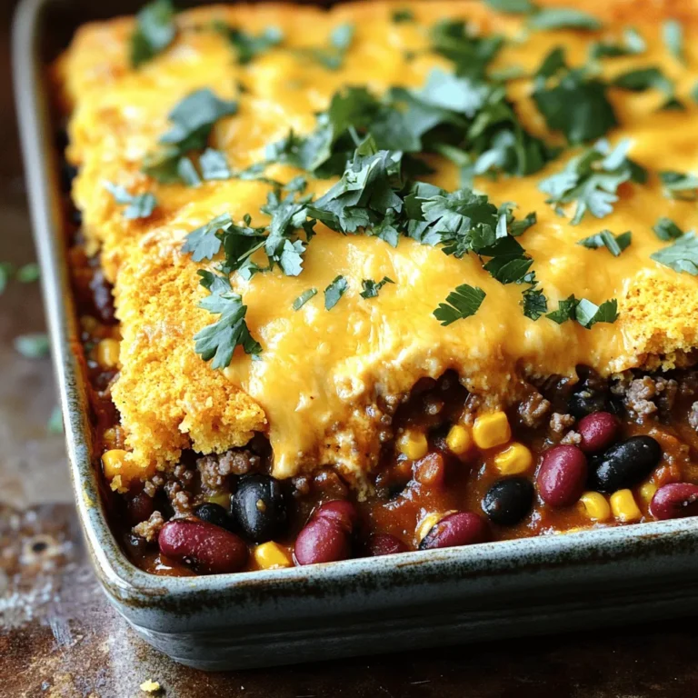 - Ground Beef: 1 pound - Beans: kidney beans and black beans (15 oz each) - Corn: 1 can (15 oz) - Tomatoes: 10.5 oz diced tomatoes with green chilies - Aromatics: onion and garlic - Cornbread mix: 1 cup - Egg: 1 large - Milk: 1 cup - Cheese: 1 cup shredded cheddar cheese - Taco seasoning: 1 packet - Additional seasonings: Salt and pepper to taste - Olive oil: 2 tablespoons for sautéing Gathering the right ingredients is key to making a great cowboy casserole. First, I always start with ground beef. It creates the tasty base for the dish. Then, I add kidney beans and black beans. They give the casserole great protein and fiber. Next, corn adds sweetness and texture. Diced tomatoes with green chilies bring a nice kick. I love using onion and garlic. They add depth to the flavor. For the cornbread, I use a simple mix. I add one egg and a cup of milk. Don't forget the cheese! Shredded cheddar cheese makes it rich and creamy. Finally, I like to spice it up. A packet of taco seasoning does the trick. You can also add salt and pepper to taste. Olive oil is perfect for sautéing the onion and garlic. With these ingredients, you’ll create a warm, hearty meal. Ready to cook? Let’s dive into the next steps! For the full recipe, check the details above. - Preheat your oven to 375°F (190°C). - In a large skillet, pour in 2 tablespoons of olive oil and heat it over medium heat. - Add 1 medium chopped onion and sauté for about 5 minutes until it’s soft and clear. - Toss in 2 minced garlic cloves and stir them for 1 minute. - Now, add 1 pound of ground beef. Cook it for about 7-10 minutes, stirring until it is brown and crumbly. - If there is extra fat, drain it off. This keeps your casserole lighter. - Season the beef with salt, pepper, and 1 packet of taco seasoning. - Stir in 1 can (15 oz) of drained kidney beans and 1 can (15 oz) of drained black beans. - Next, add 1 can (15 oz) of drained corn and 1 can (10.5 oz) of diced tomatoes with green chilies, juices included. - Mix everything well and let it simmer for about 5 minutes. This helps the flavors mix together. - Carefully transfer the beef and bean mixture into a greased 9x13 inch baking dish. Spread it out evenly. - In a separate bowl, prepare 1 cup of cornbread mix according to the package instructions. - Mix in 1 large egg and 1 cup of milk, stirring just until combined. Be careful not to overmix. - Pour the cornbread batter over the beef mixture, using a spatula to cover it completely. - Sprinkle 1 cup of shredded cheddar cheese on top of the cornbread layer. - Place the casserole in the oven and bake for 25-30 minutes. It’s ready when the cornbread is golden brown. - After baking, let it cool for about 5 minutes before slicing. Enjoy your hearty cowboy casserole with cornbread! For the full recipe, see the previous sections. To get the best cornbread, avoid overmixing the batter. Mixing too much makes it tough. Just stir until the dry and wet ingredients blend. For flavor, adjust the taco seasoning to match your taste. If you like it spicy, add more! If you want it mild, use less. This casserole shines with some added toppings. Serve it with salsa or guacamole for a fresh kick. The creamy texture of guacamole pairs well with the hearty casserole. You can also add a sprinkle of fresh cilantro. This adds a pop of color and flavor. Keep an eye on your casserole as it bakes. You want the cornbread to turn golden brown. This usually takes about 25 to 30 minutes. After baking, let it rest for 5 minutes. This helps the layers set and makes serving easier. {{image_4}} You can easily make this dish meat-free. Just swap the ground beef for lentils or mushrooms. Lentils cook quickly and add a great texture. Mushrooms bring a rich, savory flavor. Both options keep the dish hearty and satisfying. If you need a gluten-free version, use a gluten-free cornbread mix. Many brands offer tasty mixes that work well. Just follow the package instructions. This way, everyone can enjoy this delicious casserole without worry. Want to add some heat? Toss in jalapeños or chili powder. These ingredients bring a kick to the dish. You can adjust the amount based on your taste. Start small and add more if needed. To keep your leftover cowboy casserole fresh, let it cool first. Then, transfer it to an airtight container. Store it in the fridge for up to three days. When you’re ready to eat, just grab it and warm it up. This casserole keeps flavors well, so you won’t lose taste. You can freeze portions of cowboy casserole for later. First, let it cool down completely. Then, cut it into individual servings. Wrap each portion tightly in plastic wrap, then place them in a freezer-safe bag. Label the bags with the date. This way, you can enjoy it for up to three months. To reheat without losing moisture, use the oven. Preheat it to 350°F (175°C). Place your casserole in an oven-safe dish and cover it with foil. Heat for about 20-30 minutes. This keeps the casserole moist and delicious. You can also use the microwave, but be careful not to dry it out. Add a splash of water to keep it nice and soft. To make Cowboy Casserole, follow these simple steps: 1. Preheat your oven to 375°F (190°C). 2. Heat olive oil in a skillet over medium heat. 3. Sauté chopped onion for about 5 minutes. 4. Add minced garlic and ground beef. Cook until the beef is brown. 5. Mix in kidney beans, black beans, corn, diced tomatoes, and taco seasoning. 6. Let it simmer for 5 minutes. 7. Spread the mixture in a greased baking dish. 8. Prepare cornbread mix in a bowl and pour over the beef mix. 9. Top with shredded cheddar cheese. 10. Bake for 25-30 minutes until golden brown. This hearty dish combines flavors well. It warms up perfectly and is easy to share. Yes, you can make Cowboy Casserole ahead. You can prepare the meat and bean mix a day early. Store it in the fridge until you are ready to bake. To save time, you can also assemble the whole casserole ahead. Just cover it tightly and keep it in the fridge. When ready, bake it straight from the fridge. You may need to add a few extra minutes to the baking time. Cowboy Casserole pairs well with many sides. Here are some ideas: - Fresh salsa adds a nice kick. - Guacamole brings creaminess to the meal. - A simple green salad adds freshness. - Corn on the cob is a classic choice. - For a heartier option, serve with rice or tortilla chips. These sides enhance the flavors and make your meal more fun. Enjoy exploring different combinations! This blog post covered a simple recipe for Cowboy Casserole with cornbread. You learned about key ingredients, step-by-step instructions, and tips for the best flavor. We also explored variations to fit your needs and how to store leftovers effectively. Remember, cooking should be fun and creative. Experiment with flavors and make it your own. Enjoy the cooking process and share this meal with loved ones for a comforting experience!