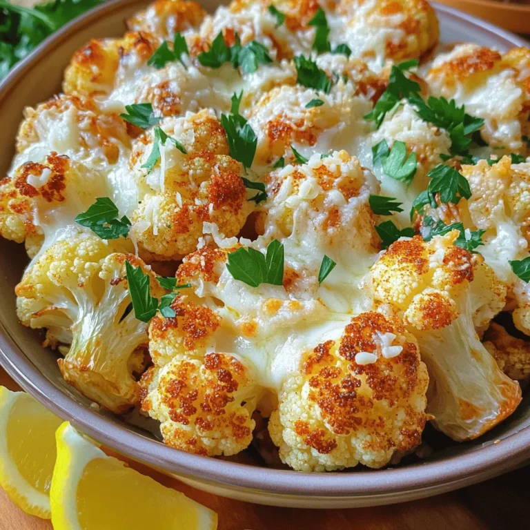 For Garlic Parmesan Roasted Cauliflower, you need fresh ingredients to get the best flavor. Here’s what you will need: - 1 large head of cauliflower, cut into florets - 4 tablespoons olive oil - 4 cloves garlic, minced - 1 teaspoon smoked paprika - 1 teaspoon onion powder - 1 teaspoon salt - ½ teaspoon black pepper - ½ cup grated Parmesan cheese - 2 tablespoons fresh parsley, chopped (for garnish) - Lemon wedges (for serving) Using fresh ingredients matters. Fresh garlic brings a strong aroma. Fresh parsley adds a pop of color. Each ingredient works together to make this dish shine. If you have dietary restrictions, consider these substitutes: - Use nutritional yeast instead of Parmesan for a vegan option. - Swap olive oil for avocado oil if you prefer. - Try cauliflower rice if you want a lower-carb option. These swaps can keep the dish tasty while meeting your needs. For the full recipe, check the details above. 1. Preheat your oven to 425°F (220°C). This high heat helps the cauliflower roast well. 2. Line a baking sheet with parchment paper. This keeps the cauliflower from sticking. 3. In a large bowl, mix the olive oil, minced garlic, smoked paprika, onion powder, salt, and black pepper. Stir until combined. 4. Add the cauliflower florets to the bowl. Toss them well to coat with the oil and spice mix. Each floret should be covered for the best flavor. 1. Spread the coated cauliflower evenly on the prepared baking sheet. Make sure they are not crowded. 2. Roast the cauliflower for about 25 minutes. Stir halfway through to ensure even cooking. 3. Check for doneness by poking a floret with a fork. It should be tender and golden brown. 1. After roasting, take the cauliflower out of the oven. Quickly sprinkle the grated Parmesan cheese over the top. 2. Return the baking sheet to the oven for 5 more minutes. This melts the cheese and makes it crispy. 3. Once done, remove it from the oven. Garnish with fresh parsley and serve with lemon wedges. The lemon adds a fresh zing that brightens the dish. For the full recipe, including ingredient details, check the [Full Recipe]. To achieve crispy cauliflower, you need enough space on the baking sheet. Avoid crowding the florets. This allows hot air to circulate and crisp them up. I also recommend a touch of oil for that golden finish. Stick to the roasting time of 25 minutes, and stir halfway through to roast evenly. If you want to roast other veggies at the same time, keep their cooking times in mind. Carrots and bell peppers work well alongside cauliflower. Just cut them smaller than the cauliflower so they cook at the same pace. For seasoning adjustments, feel free to play around with the spices. A pinch of cayenne adds heat. Try fresh herbs like thyme for a fragrant twist. You can also swap the Parmesan for nutritional yeast for a vegan option. For storing leftovers, place them in an airtight container. Let them cool first. Store in the fridge for up to three days. When reheating, use the oven if you want to keep the crunch. Heat at 350°F for 10 minutes, or until warm. If you want to freeze the roasted cauliflower, allow it to cool completely. Use a freezer-safe bag, and squeeze out the air before sealing. It should last up to three months. When ready to eat, thaw in the fridge and reheat in the oven for best results. For the full recipe, refer to the earlier section. Enjoy your garlic Parmesan roasted cauliflower! {{image_2}} You can change the taste of your Garlic Parmesan Roasted Cauliflower in fun ways. Try adding spices like cayenne for heat or cumin for a warm flavor. Herbs like thyme or rosemary can also add freshness and aroma. If you want a twist, think about using cheese alternatives. Nutritional yeast gives a cheesy flavor without dairy. You can also use feta or goat cheese for a tangy bite. This dish works great with many meals. Serve it alongside grilled chicken, fish, or even quinoa for a filling meal. You can create a cauliflower salad by mixing in cherry tomatoes, cucumbers, or olives. This adds color and crunch! Pair your roasted cauliflower with dips like ranch or hummus for a tasty appetizer. The creamy dips make a great contrast to the roasted flavors. For more ways to enjoy this dish, check out the Full Recipe. What are the best cooking methods for cauliflower? The best cooking methods for cauliflower include roasting, steaming, and sautéing. Roasting brings out the natural sweetness and adds a nice crunch. For a softer texture, steaming works well. Sautéing gives you a quick cook while keeping the flavor bright. Each method highlights the taste of cauliflower in its own way. Can I use frozen cauliflower for this recipe? Yes, you can use frozen cauliflower for this recipe. Just make sure to thaw it first. Pat the cauliflower dry with a towel to remove excess moisture. This step helps the cauliflower crisp up nicely during roasting. How do I know when the cauliflower is done roasting? You’ll know the cauliflower is done when it is golden brown and tender. A fork should easily pierce through the florets. Keep an eye on it in the last few minutes to avoid burning. The cheese should be melted and slightly crispy at the end. Overview of calories and main nutrients A serving of Garlic Parmesan Roasted Cauliflower has about 150 calories. It contains fiber, vitamins C and K, and calcium. The olive oil adds healthy fats, while Parmesan cheese adds protein. Discussion on health benefits of cauliflower and Parmesan Cauliflower is low in calories and high in nutrients. It supports digestion and helps with weight management. Parmesan cheese adds flavor and calcium for strong bones. Together, this dish offers a tasty way to enjoy these benefits. Suggested serving sizes for a balanced meal For a balanced meal, serve about one cup of roasted cauliflower. Pair it with lean protein, like chicken or fish, and a whole grain, like brown rice or quinoa. This creates a complete meal with good nutrients. To make garlic Parmesan roasted cauliflower, you will need: - 1 large head of cauliflower, cut into florets - 4 tablespoons olive oil - 4 cloves garlic, minced - 1 teaspoon smoked paprika - 1 teaspoon onion powder - 1 teaspoon salt - ½ teaspoon black pepper - ½ cup grated Parmesan cheese - 2 tablespoons fresh parsley, chopped (for garnish) - Lemon wedges (for serving) Start by preheating the oven to 425°F (220°C). Line a baking sheet with parchment paper. In a large bowl, mix the olive oil, minced garlic, smoked paprika, onion powder, salt, and black pepper. Add the cauliflower florets and toss them until they are well coated. Spread the coated florets on the baking sheet. Roast them for 25 minutes, stirring halfway through. They should be tender and golden brown when done. Sprinkle the grated Parmesan cheese on top and return it to the oven for another 5 minutes. This will melt the cheese and make it slightly crispy. Garnish with fresh parsley and serve with lemon wedges on the side. This recipe serves 4 people and takes about 35 minutes in total, including 10 minutes of prep time. For more tips on garlic Parmesan roasted cauliflower, check out related recipes or cooking guides that inspire your kitchen adventures! In this post, we explored how to make garlic Parmesan roasted cauliflower. We discussed ingredients, preparation steps, and roasting tips for the perfect dish. Fresh ingredients are key for great flavor. We also offered advice on storing leftovers and suggested delicious variations. The journey of this recipe can enhance any meal. Try these tips and make it your own! Enjoy every bite of your tasty creation.