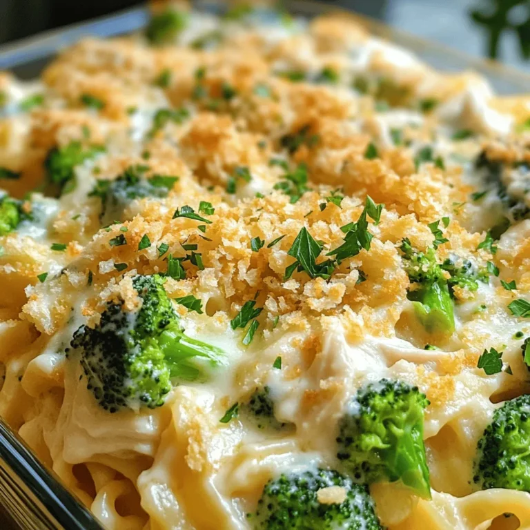 - Chicken: Use 2 cups of cooked chicken. You can shred or dice it. Leftover rotisserie chicken works great too. - Broccoli: You need 3 cups of broccoli florets. Fresh or frozen is fine. If using fresh, steam it briefly to keep the bright color. - Fettuccine Pasta: Grab 12 oz of fettuccine pasta. Cooking it until al dente gives the best texture. - Alfredo Sauce: Use 2 cups of Alfredo sauce. You can buy it or make your own. Homemade adds a fresh taste. - Cheese Types: You will need 1 cup of shredded mozzarella cheese and 1/2 cup of grated Parmesan cheese. These cheeses melt well and add flavor. - Spices and Seasonings: Add 1 teaspoon each of garlic powder and onion powder. These spices enhance the taste. Don't forget salt and pepper to your liking. - Optional Garnishes: For a pop of color, use chopped parsley. It also adds a fresh flavor. You might like adding breadcrumbs for crunch on top. - Preheat the Oven: Start by preheating your oven to 350°F (175°C). This sets the stage for our casserole to cook perfectly. - Cook the Pasta: In a large pot, bring salted water to a boil. Add 12 ounces of fettuccine pasta. Cook it until it is al dente, following the package instructions. Once done, drain the pasta and set it aside. - Prepare Broccoli: Take 3 cups of broccoli florets. If using fresh broccoli, steam the florets for 3-4 minutes until they are bright green and slightly tender. If you have frozen broccoli, just thaw it before adding. - Mix Ingredients: In a big mixing bowl, combine the cooked fettuccine, 2 cups of shredded chicken, the prepared broccoli, and 2 cups of Alfredo sauce. Add 1 teaspoon of garlic powder, 1 teaspoon of onion powder, salt, and pepper to taste. Mix everything well until it’s all coated. - Assemble Casserole: Grease a 9x13-inch casserole dish with 1 tablespoon of olive oil. Pour the pasta mixture into the dish. Spread it out evenly so every bite has the same goodness. - Add Cheese Layer: Take 1 cup of shredded mozzarella cheese and 1/2 cup of grated Parmesan cheese. Sprinkle them evenly on top of the casserole for a cheesy finish. - Breadcrumb Topping: In a small bowl, mix 1/2 cup of breadcrumbs with a little olive oil until coated. Sprinkle this mixture over the cheese layer to add a nice crunch. - Bake the Casserole: Cover the casserole with aluminum foil. Bake it in the preheated oven for 25 minutes. After that, remove the foil and bake for another 10-15 minutes. This step helps get the top golden and bubbly. - Garnish and Serve: Once baked, take it out of the oven and let it cool for a few minutes. Before serving, garnish with chopped parsley for a fresh touch. For more details, check the Full Recipe. Ensuring Even Cooking To make sure everything cooks evenly, cut the chicken and broccoli into similar sizes. This helps them cook at the same rate. When you mix the ingredients, stir them well. This spreads the heat and flavors throughout the dish. Perfect Pasta Texture Cook the fettuccine until it is al dente, which means it should be firm but not hard. This texture helps the pasta hold its shape when baking. Remember to drain it well to avoid excess water in the casserole. Seasoning Recommendations Season the chicken and broccoli with salt and pepper before mixing them in. You can also add a pinch of red pepper flakes for a bit of heat. Taste the Alfredo sauce before adding it. If it needs more flavor, add a little garlic powder or onion powder. Garnishing Ideas For a beautiful touch, sprinkle fresh parsley on top before serving. You can also add a few extra cheese shreds for a nice look. If you want more color, try adding some sliced cherry tomatoes on top. Serving Suggestions Serve the casserole hot straight from the oven. Pair it with a simple green salad or garlic bread to make a complete meal. You can also offer extra Alfredo sauce on the side for those who want more creaminess. For the full recipe, check out the detailed instructions above. {{image_2}} You can change the broccoli for other veggies. Try using spinach, peas, or bell peppers. Each veggie adds a new flavor. Mix and match for fun! You can also add mushrooms for an earthy taste. Just remember to adjust the cooking time for any fresh veggies to keep them tender. While chicken is great, you can swap it for turkey or shrimp. For a vegetarian option, use chickpeas or lentils. Each protein brings its own twist. If you want a smoky flavor, try adding some cooked bacon or sausage. This keeps the meal exciting and personal. You can use store-bought Alfredo for speed. It saves time and tastes good. But if you want to impress, make your own! A fresh sauce tastes richer and creamier. Use butter, cream, and Parmesan for a classic blend. You can add garlic for more flavor, too. Want a dairy-free twist? Use coconut milk or almond milk for the sauce. Nutritional yeast adds a cheesy flavor without the dairy. You can also make a cashew cream for a rich base. These options keep the dish creamy and delicious while meeting dietary needs. Refrigeration Guidelines You can store leftovers in the fridge. Place the casserole in an airtight container. It will keep fresh for up to three days. Make sure to cool it down before sealing. This way, you avoid extra moisture inside the container. Freezing Instructions You can also freeze the casserole for longer storage. Use a freezer-safe dish to avoid freezer burn. Wrap the dish tightly with plastic wrap and foil. The casserole can last up to three months in the freezer. When ready to eat, thaw it in the fridge overnight before reheating. Best Methods for Reheating Casserole The best way to reheat your casserole is in the oven. Preheat the oven to 350°F (175°C). Cover the dish with foil to prevent it from drying out. Bake for about 20 minutes or until warmed through. You can also use the microwave for quick reheating. Just heat in short bursts, stirring in between to ensure even heating. Yes, you can use frozen chicken. Just make sure to thaw it first. Cook the chicken until it reaches 165°F to ensure it's safe to eat. You can then shred or dice it for the casserole. The casserole lasts about three to four days in the fridge. Store it in an airtight container. Make sure it cools down before you put it in the fridge. Yes, you can prepare the casserole ahead of time. Just assemble it and cover it tightly. Keep it in the fridge for up to a day before baking. This makes meal prep easier for busy days. You can serve a simple green salad or garlic bread with the casserole. These sides add freshness and balance to the meal. You can also consider a light soup as a starter. For those who enjoy a burst of flavor, a tangy vinaigrette goes well with the creamy casserole. For a complete guide, check out the Full Recipe for Chicken and Broccoli Alfredo Casserole. This blog post covered how to make a Chicken and Broccoli Alfredo Casserole. We went through the essential ingredients, step-by-step instructions, and helpful tips for perfection. You can add your own twist with ingredient swaps or sauces. Proper storage and reheating methods help keep leftovers fresh. Enjoy your cooking! This dish is great for family meals or gatherings. I hope you feel excited to try your hand at this easy yet tasty recipe.