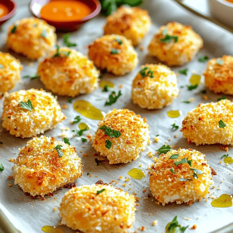 - 1 lb chicken breast, cut into bite-sized pieces - 1 cup breadcrumbs (preferably panko for extra crunch) - 1/2 cup grated Parmesan cheese - 1/2 teaspoon garlic powder - 1/2 teaspoon onion powder - 1 teaspoon paprika - 1 egg, beaten - 1/2 cup all-purpose flour - Salt and pepper to taste - Cooking spray or olive oil for drizzling - Different types of cheese (e.g., cheddar, mozzarella) - Additional seasonings (e.g., Italian seasoning, cayenne pepper) When I make these baked chicken nuggets, I focus on fresh ingredients. Each one plays a key role in flavor and texture. The chicken breast offers a juicy bite, while panko breadcrumbs give a satisfying crunch. The grated Parmesan cheese adds a rich, cheesy taste. Garlic and onion powders bring depth, and paprika adds a subtle warmth. Using an egg helps the crumbs stick well. The all-purpose flour coats the chicken, creating a barrier for moisture. For a personal touch, feel free to switch cheeses or add spices. Cheddar gives a sharp flavor, while cayenne adds a kick. Always remember to season with salt and pepper. This simple step makes a big difference! If you want to explore more on how to prepare these ingredients, check out the Full Recipe. - Preheat your oven to 400°F (200°C). - Line a baking sheet with parchment paper or a silicone baking mat. This step makes a big difference. The right temperature helps the chicken nuggets cook evenly. The parchment paper makes cleaning up much easier. - Set up a breading station with flour, beaten egg, and breadcrumb mixture. - Coat chicken pieces thoroughly to ensure even coverage. First, you take a piece of chicken, dip it in flour, and cover it well. Then, dip it in the beaten egg to make it sticky. Finally, roll it in the breadcrumb mix. This process keeps the nuggets crispy and tasty. - Space nuggets on the baking sheet. - Lightly spray with cooking oil. - Bake for 15-20 minutes, flipping halfway. Make sure to leave space between each nugget. This helps them crisp up nicely. After 10 minutes, flip them to get both sides golden brown. At the end of baking, they should smell amazing and look delicious. For the full recipe, check the previous section. To get that perfect crunch, use panko breadcrumbs. They provide a light and airy texture. You can also spray oil lightly over the nuggets before baking. This helps them brown nicely and adds to the crispiness. Make sure to use a meat thermometer. The chicken should reach an internal temperature of 165°F. You can also check for visual cues; the nuggets should be golden brown. This color indicates they are cooked well. Serve your chicken nuggets with tasty dipping sauces. Honey mustard or ranch are great choices. For a nice touch, garnish with fresh herbs like parsley. This adds color and makes your dish look even more inviting. For the complete recipe, check out the Full Recipe. {{image_2}} You can easily change the taste of your chicken nuggets. For a spicy kick, add cayenne pepper or hot sauce to the breading. If you enjoy fresh flavors, mix in dried herbs like oregano or thyme into the breadcrumbs. These simple changes will create a new taste experience each time. Try cooking your chicken nuggets in an air fryer for a crispy texture with less oil. Just set the air fryer to 400°F and cook for about 10-12 minutes. You can also grill the nuggets for a smoky flavor that adds depth to the dish. Grilling works well, too, and gives them a nice char. If you need gluten-free options, use almond flour or gluten-free breadcrumbs. They work just as well and keep the nuggets tasty. For dairy-free needs, try using nutritional yeast instead of cheese. This will still give you a nice flavor without the dairy. You can enjoy different styles while keeping your diet in mind. For the full recipe, check the main section above. Store your chicken nuggets in an airtight container. They will last in the fridge for up to 4 days. If you want to keep them longer, freeze them. They can stay fresh in the freezer for up to 3 months. To get the best texture, reheat the nuggets in the oven. Set the oven to 375°F (190°C) and bake them until warm. This keeps them crispy. If you’re in a hurry, you can use a microwave. Just know that they may lose some crispiness this way. For quick serving, the microwave is convenient but not the best for texture. For the full recipe, check out the complete guide! Yes, but thaw completely before breading and cooking. Using frozen chicken can save time, but the texture may change if not thawed. Thawing allows for even cooking and better breading adherence. Use a meat thermometer to check an internal temperature of 165°F. This ensures your chicken is safe to eat and juicy. If you don’t have a thermometer, look for a golden brown color and juices that run clear. Honey mustard, ranch, BBQ sauce, or homemade sauces can elevate the flavor. Each sauce adds a unique twist. Feel free to mix and match to find your favorite combo! Yes, they can be made in advance and stored or frozen for a quick meal. When meal prepping, make sure to cool them completely before freezing. They reheat well, making them a great option for busy days. You can make delicious baked chicken nuggets with simple steps and common ingredients. I covered main components like chicken, breading, and optional seasoning. You can get creative with flavors and dipping sauces. Remember to ensure the chicken cooks well by checking the temperature. These nuggets store well and can fit into meal prep. Try these tips to enjoy great results each time. Enjoy the process and the tasty bites you create!
