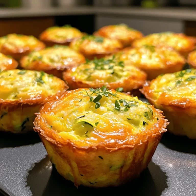 For my Zucchini Quiche Muffins, I use these key ingredients: - 2 medium zucchinis, grated - 4 large eggs - 1 cup milk (dairy or plant-based) - 1 cup all-purpose flour (or whole wheat) - 1 cup shredded cheese (cheddar or feta) - 1/2 teaspoon baking powder - 1/2 teaspoon salt - 1/4 teaspoon black pepper - 1/2 teaspoon garlic powder - 1/4 cup green onions, finely chopped - 1/4 cup bell pepper, finely diced (any color) - Olive oil for greasing muffin tin You can swap out some ingredients for variety. Here are my favorites: - Instead of all-purpose flour, try almond flour for a nutty taste. - Use turkey bacon or cooked sausage for added protein. - If you want a dairy-free option, use nutritional yeast instead of cheese. - For extra greens, add chopped spinach or kale. - You can replace green onions with chives for a milder flavor. These muffins are not just tasty; they are also good for you. Here are some details: - Each muffin has about 120 calories. - They provide a good source of protein from eggs and cheese. - Zucchini adds fiber and vitamins A and C. - These muffins are low in carbs if you choose whole wheat flour. - They make a great snack or meal option for all ages. For the full recipe, check out the detailed instructions and tips! 1. Preheat your oven to 375°F (190°C). Grease a muffin tin with olive oil or use muffin liners. 2. In a large bowl, whisk together four large eggs and one cup of milk. Mix until they are well blended. 3. Grate two medium zucchinis and add them to the egg mixture. If needed, use a sieve to drain excess liquid. This step keeps your muffins from being soggy. 4. Add one cup of all-purpose flour, half a teaspoon of baking powder, and half a teaspoon of salt. Also, include a quarter teaspoon of black pepper and half a teaspoon of garlic powder. Stir gently until just mixed. Don’t overmix; the batter should be a bit lumpy. 5. Fold in one cup of shredded cheese, a quarter cup of chopped green onions, and a quarter cup of diced bell pepper. Mix until everything is evenly distributed. 6. Use a spoon to fill each muffin cup about three-quarters full with the batter. 7. Place the muffin tin in the preheated oven. Bake for 20 to 25 minutes. You want them golden brown on top. 8. About halfway through baking, check on them. This way, you can ensure they rise evenly. 9. To check if the muffins are done, insert a toothpick into the center. If it comes out clean, they are ready. If not, give them a few more minutes. 10. Once baked, let the muffins cool for a few minutes in the tin. Then, transfer them to a wire rack to cool completely. For the full recipe and further details, check the [Full Recipe]. Enjoy these tasty muffins as a snack or a side! To get the best texture in your zucchini quiche muffins, use fresh zucchinis. Grate them finely, and squeeze out any extra water. This keeps the muffins from being soggy. Mix the batter gently. A few lumps are okay; overmixing can make them tough. Use a blend of cheese for more flavor. Cheddar and feta work great together. Store any leftovers in an airtight container. They stay fresh in the fridge for up to three days. For longer storage, freeze them. Place muffins in a freezer bag, and they will last up to three months. Thaw in the fridge overnight before enjoying again. Serve these muffins warm or at room temperature. They pair well with a fresh salad or soup. Top with herbs like parsley for a burst of flavor. You can also sprinkle extra cheese on top before serving. For a fun twist, serve with a dollop of sour cream or yogurt. Enjoy them as a snack, breakfast, or side dish! For the full recipe, check out the detailed instructions above. {{image_2}} You can easily make these muffins vegetarian. Just skip the cheese, or use a plant-based one. Add more veggies like spinach, mushrooms, or kale for a tasty twist. You can even mix in some sun-dried tomatoes for extra color and flavor. This way, you keep the muffins light and fresh! To make these muffins gluten-free, swap the all-purpose flour for a gluten-free blend. Many blends work well in baking. Just make sure to check the labels to avoid any hidden gluten. You can also use almond flour or oat flour for a nutty taste. Both will give you a nice texture. Herbs and spices can make these muffins pop. Try adding thyme, rosemary, or dill for a fragrant touch. You can also mix in a pinch of chili flakes if you like heat. Another idea is to add a sprinkle of smoked paprika for a unique flavor. Don't be afraid to get creative! To keep your zucchini quiche muffins fresh, place them in an airtight container. This helps to keep moisture out. You can store them at room temperature for up to two days. If you want them to last longer, consider the fridge. In the fridge, they can stay fresh for up to a week. Freezing is a great option if you want to save muffins for later. To freeze, first let them cool completely. Then, wrap each muffin tightly in plastic wrap. After that, place them in a freezer bag. Label the bag with the date. You can freeze them for up to three months. When you’re ready to eat, just take out what you need. Reheating zucchini quiche muffins is easy. For the best results, use an oven. Preheat your oven to 350°F (175°C). Place the muffins on a baking sheet. Heat them for about 10-15 minutes. You can also use a microwave. Just heat them for 20-30 seconds. This warms them but may not keep them crisp. Enjoy your muffins warm! For the full recipe, check out the earlier section. Yes, you can use other vegetables! Carrots, spinach, or mushrooms work well. Just remember to chop them small. If you want a burst of flavor, add some sun-dried tomatoes. The key is to keep the total vegetable amount similar to the zucchini. This keeps the muffins tasty and moist. Feel free to mix and match according to what you have at home. It makes cooking fun and creative! Zucchini quiche muffins last about four days in the fridge. To store them, place them in an airtight container. This keeps them fresh and tasty. If you notice any change in smell or texture, it’s best to toss them. You can enjoy them cold or warm them up in the microwave. They make a quick snack or breakfast option! Absolutely! Mini zucchini quiche muffins are a great idea. Use a mini muffin tin instead of a regular one. Just reduce the baking time to about 12-15 minutes. Keep an eye on them, as they cook faster. These bite-sized treats are perfect for parties or snacks. Plus, they are easy to grab and eat on the go. Try making them for your next gathering! For the full recipe, check out the complete instructions above. In this post, we covered how to make delicious zucchini quiche muffins. We explored key ingredients and their substitutions. I shared easy preparation steps and baking tips to ensure perfect results. You learned how to store and reheat your muffins and enjoyed ideas for tasty variations. Embrace these tips to make your own muffin masterpiece. Enjoy experimenting and savor every bite!