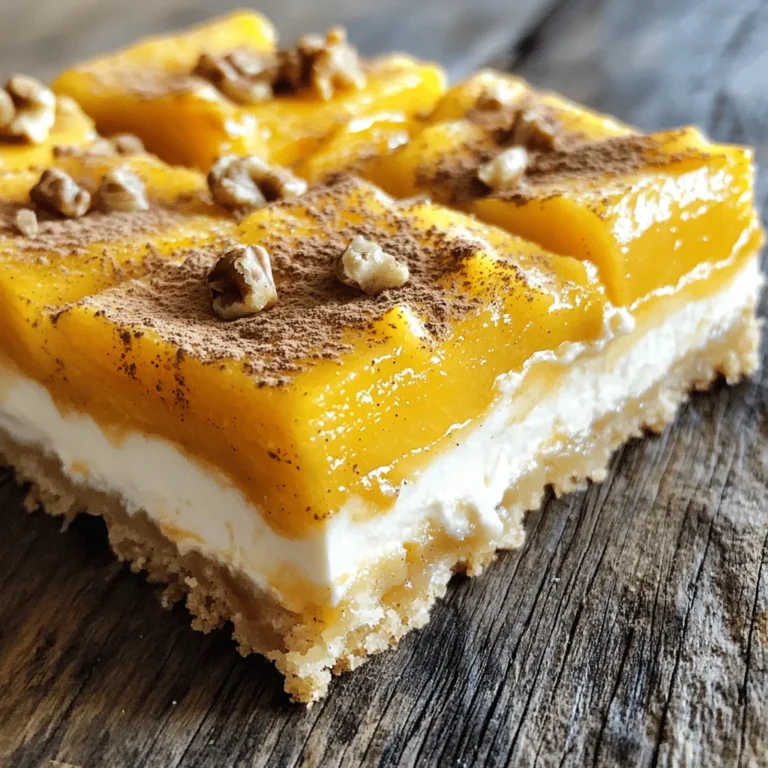 - 2 cups fresh peaches, peeled and diced - 1 cup cream cheese, softened Fresh ingredients bring the best flavor to Peach Cream Cheese Bars. I love using ripe peaches. They add sweetness and a lovely texture. You want them soft but not mushy. Cream cheese is also key. It adds a rich, creamy taste that makes these bars special. - ½ cup granulated sugar - 1 cup all-purpose flour - ½ cup unsalted butter, melted For the pantry staples, granulated sugar gives sweetness. It balances the tartness of the peaches. All-purpose flour holds everything together. It forms a nice base for the bars. Unsalted butter adds moisture and richness. I always use melted butter to blend easily. - 1 egg - ½ teaspoon baking powder - ¼ teaspoon salt - ½ teaspoon cinnamon - ½ cup chopped walnuts or pecans (optional) The egg helps bind the ingredients. Baking powder makes the bars rise and become fluffy. A pinch of salt brings out the flavors. Cinnamon adds warmth and depth. If you like nuts, chopped walnuts or pecans give a nice crunch. You can skip them if you prefer a smoother texture. For the full recipe, check the details above. First, you need to preheat your oven to 350°F (175°C). This step is key. While the oven heats, prepare your baking pan. You can grease a 9x9 inch pan or line it with parchment paper for easy removal later. Next, mix your cream cheese, sugar, and vanilla extract in a bowl. Beat these ingredients until the mixture is smooth and creamy. Set this aside, as it will become a delightful layer in your bars. Now, whisk together the dry ingredients in another bowl. Combine the flour, baking powder, salt, and cinnamon. Make sure everything is mixed well. This step ensures that the flavors blend nicely in your bars. In a separate bowl, mix the melted butter with the egg. Once combined, add this mixture to your dry ingredients. Stir gently until just combined. The batter will be thick, which is perfect for layering. Spread half of this thick batter evenly in the bottom of your prepared baking pan. Next, layer the diced peaches on top of the batter. Make sure the peaches are spread out evenly for the best flavor. Now, spoon the cream cheese mixture over the peaches. It should cover them nicely. Finally, drop spoonfuls of the remaining batter on top of the cream cheese layer. It doesn't have to be perfect, as it will spread while baking. Place your baking pan in the preheated oven. Bake for 30-35 minutes. Check for doneness by inserting a toothpick into the center. If it comes out clean, your bars are ready. Once baked, let the bars cool completely in the pan. This cooling time helps them set. After cooling, cut them into bars. You can serve these peach cream cheese bars chilled or at room temperature. Enjoy this simple and delightful treat! For a detailed guide, check out the Full Recipe. You can swap cream cheese for Greek yogurt for a lighter option. It will give a nice tang and creaminess, too. If you want a dairy-free choice, try using cashew cream. Blend soaked cashews with a bit of lemon juice until smooth for a similar taste. When it comes to fruit, frozen peaches work great if fresh ones are not available. Thaw them and drain any excess liquid. This keeps the bars from being too wet. You can also use other fruits like berries or apples for a twist. To ensure even baking, spread the batter in the pan carefully. Use an offset spatula to smooth it out. Check the bars halfway through baking. If they are browning too fast, cover them with foil to prevent burning. For the best texture, allow the bars to cool completely before cutting. This helps them set up nicely. If you want a softer bite, try underbaking them slightly. They will firm up as they cool. For serving, cut the bars into squares or rectangles. Place them on a pretty platter for a nice touch. You can also serve them with a scoop of vanilla ice cream for added delight. Garnish the bars with fresh peach slices or a sprinkle of cinnamon. A drizzle of honey or maple syrup can add sweetness. If you used nuts, sprinkle some on top for crunch. These simple ideas will make your Peach Cream Cheese Bars look and taste amazing. For the full recipe, check the Peach Cream Cheese Delight Bars section. {{image_2}} You can switch up the fruit in these bars. Try using blueberries or strawberries. Both fruits add a different taste and color. Blueberries give a burst of juiciness. Strawberries offer a sweet-tart flavor. You can mix these fruits with peaches or use them alone. You’ll create a fresh twist every season! For a healthier version, consider low-sugar or gluten-free options. You can replace granulated sugar with a sweetener like stevia or monk fruit. Look for gluten-free flour blends to make the crust. These swaps keep the taste great while making the bars friendlier for your diet. Enjoy a treat without the guilt! Enhance the flavor by adding spices or extracts. A dash of nutmeg or cardamom can spice things up. You can also add a splash of almond or lemon extract. These little changes make a big difference. They will make your bars stand out and surprise your taste buds. To keep your Peach Cream Cheese Bars fresh, store them in the fridge. First, let the bars cool completely. Once cool, cut them into squares. Place the squares in an airtight container. Make sure to add parchment paper between layers to avoid sticking. This helps keep them fresh and tasty! You can also freeze Peach Cream Cheese Bars for later. Cut the bars into squares and wrap each piece in plastic wrap. Then, place them in a freezer-safe bag or container. This way, they stay fresh for months. When you want to eat them, thaw them in the fridge overnight. Enjoy them chilled or at room temperature! In the fridge, the bars last about five days. If frozen, they can last up to three months. Just remember, the sooner you eat them, the better they will taste! Always check for any changes in smell or texture before eating, to ensure they are still good. Yes, you can use canned peaches. Choose peaches in light syrup or juice. Drain the peaches well. Pat them dry with a paper towel. This helps prevent too much moisture. Cut them into small pieces to match the fresh ones. Canned peaches can give a sweet flavor, but fresh peaches offer a brighter taste. You can tell when the bars are done by checking the edges. They should be golden brown. Insert a toothpick into the center. If it comes out clean, the bars are ready. The top should look firm, not jiggly. Let them cool down. This helps them set properly. Yes, you can make these bars a day ahead. Let them cool completely before storing. Wrap them tightly in plastic wrap or foil. This keeps them fresh. Store them in the fridge. The flavors will blend well overnight. Enjoy them chilled or at room temperature. This blog post shared a simple recipe for Peach Cream Cheese Bars. We covered fresh ingredients, essential pantry staples, and the baking process. I also included tips for substitutions, variations, and storage. Feel free to get creative with flavors and fruits. Remember, these bars are not only delicious but easy to make. Enjoy experimenting and sharing them with friends and family! They are sure to please all who taste them.