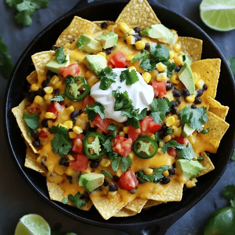 Here’s what you need for Loaded Veggie Nachos: - 1 large bag of tortilla chips - 1 cup black beans, rinsed and drained - 1 cup corn, frozen or canned (if canned, rinse) - 1 red bell pepper, diced - 1 jalapeño, sliced (seeds removed for less heat) - 1 cup shredded cheddar cheese (or a dairy-free alternative) - 1 cup diced tomatoes - 1 avocado, diced - 1/2 cup sour cream (or Greek yogurt for a healthier option) - 1/4 cup fresh cilantro, chopped - Juice of 1 lime - Salt and pepper to taste - Optional: hot sauce for serving You can customize your nachos. Here are some great optional toppings: - Sliced olives - Pickled jalapeños - Chopped green onions - Sliced radishes - Guacamole These toppings add extra flavor and fun! Loaded Veggie Nachos offer a tasty mix of nutrients. Here’s a breakdown: - Calories: Around 350-450 per serving - Protein: 15-20 grams from beans and cheese - Fiber: 8-10 grams from beans and veggies - Fat: 15-25 grams based on cheese and sour cream This dish gives you a good balance of protein, fat, and fiber. Enjoy it as a snack or a light meal! For the full recipe, check out the details above. Start by preheating your oven to 375°F (190°C). This step is key to getting crispy nachos. Next, take a large baking sheet and spread out the tortilla chips. Aim for an even layer so all chips get toppings. In a mixing bowl, combine black beans, corn, diced red bell pepper, sliced jalapeño, and diced tomatoes. Squeeze lime juice over the mix and add salt and pepper. This brightens the flavors. Once your prep is ready, evenly distribute the veggie mixture over the tortilla chips. Cover every chip for maximum taste. Now, sprinkle the shredded cheddar cheese on top. Make sure to cover the veggie mixture well. Place the baking sheet in your preheated oven. Bake for about 10 to 12 minutes. You'll know they’re ready when the cheese is melted and bubbly. Take the nachos out of the oven and let them cool for a minute. Top with diced avocado and drizzle sour cream over the chips. Finish with fresh cilantro for a pop of color. If you love spice, add a few dashes of hot sauce. Serve your loaded veggie nachos on a large platter or in a cast-iron skillet. This adds a fun, rustic look. For a fresh touch, place lime wedges around the plate. Enjoy your delicious creation! Layering your nachos is key to great flavor. Start with a solid base of chips. Lay them out evenly on your baking sheet. Then, add your veggie mix evenly on top. This helps every chip get some toppings. Don’t pile it too high, or some chips won’t get the good stuff. Finish with cheese on top for the best melt. To get that perfect cheese melt, use shredded cheese. Shredded cheese melts better than blocks. Spread it evenly over your veggies. Bake at 375°F for about 10-12 minutes. Keep an eye on it. You want it bubbly and slightly golden. If you want a smoky flavor, mix in some smoked cheese. Adjust the spice to fit your taste. If you like it mild, remove the jalapeño seeds. For more heat, leave a few seeds in. You can also add hot sauce on top after baking. If you want a milder taste, use less jalapeño or add a dollop of sour cream. This balances the heat well. {{image_2}} You can easily make this dish vegetarian or vegan. Use dairy-free cheese to keep it vegan. Nutritional yeast is another tasty option for a cheesy flavor. If you want a creamy touch, swap sour cream with cashew cream or a vegan yogurt. You can also add more beans like pinto or lentils for added protein. These swaps keep the nachos flavorful and fun. Cheese is key to nachos, but you have choices. Cheddar is classic, but you can try pepper jack for a kick. If you like a milder taste, mozzarella works well too. For a unique twist, use goat cheese or feta. Each option changes the flavor, so feel free to mix and match. The goal is to find what you love most. Feel free to add more veggies to your nachos. Sliced olives give a nice briny taste. Chopped green onions add crunch and color. Roasted red peppers bring a sweet flavor. You can even toss in some spinach or zucchini for added nutrition. The more veggies, the better! Mix and match to create your perfect loaded veggie nachos. Check out the Full Recipe for more inspiration! After enjoying your Loaded Veggie Nachos, you might have some leftovers. To store them, place them in an airtight container. Make sure to let them cool first. Store them in the fridge for up to three days. Avoid stacking them too high to keep the chips from getting soggy. To reheat your nachos, preheat your oven to 350°F (175°C). Spread the nachos in a single layer on a baking sheet. Heat them in the oven for about 10 minutes. This helps keep the chips crispy. You can also use a microwave, but the chips may lose their crunch. Freezing nachos is not the best idea for the chips. They tend to get soggy after freezing and reheating. Instead, you can freeze the veggie mix. Place it in a freezer-safe bag. When you are ready, simply thaw it in the fridge. Then, prepare fresh nachos with the thawed mix and chips for a quick meal. Yes, you can make Loaded Veggie Nachos gluten-free. To do this, choose gluten-free tortilla chips. Many brands offer great options. Always check the label to ensure they meet gluten-free standards. If you want a cheese substitute, try nutritional yeast. It gives a cheesy flavor and is vegan. You can also use dairy-free cheese made from nuts or soy. These options melt well and taste great. To spice things up, add more jalapeños or use spicy salsa. You can also drizzle hot sauce on top before serving. Another great idea is to mix in diced green chilies for extra heat. Enjoy experimenting with flavors! Loaded veggie nachos are fun and easy to make. We covered how to layer ingredients, bake, and serve them. You learned about veggie options and different cheeses too. Now, you can store leftovers and reheat them later. Remember to adjust spice levels to fit your taste. Enjoy creating your perfect dish with the tips shared here. Your loaded nachos can impress anyone!
