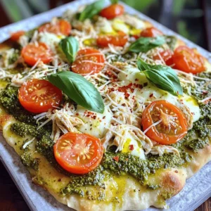 - 2 large flatbreads (store-bought or homemade) - 1 cup cooked chicken breast, shredded - 1/2 cup pesto sauce (store-bought or homemade) - 1 cup cherry tomatoes, halved - 1 cup mozzarella cheese, shredded - 1/4 cup grated Parmesan cheese - 1/2 teaspoon red pepper flakes (optional) - Fresh basil leaves, for garnish - Olive oil, for drizzling - Salt and pepper to taste Making Pesto Chicken Flatbread is simple. First, gather your ingredients. You can use store-bought flatbreads or make your own. I often prefer homemade flatbreads. They taste fresher and are fun to make. Next, shredded chicken is key. You can use leftover chicken or buy rotisserie chicken. It saves time and adds great flavor. For the pesto, you can use jarred sauce or whip up a quick batch at home. Fresh basil makes a big difference in taste. Cherry tomatoes add a sweet burst. Halving them allows the juices to mix with the flatbread. Mozzarella cheese melts beautifully, while Parmesan gives a nice finish. If you like a kick, add red pepper flakes. Don’t forget the olive oil! A drizzle enhances all the flavors. Lastly, season with salt and pepper. This combination creates a delicious base for your flatbread. - Other possible toppings (e.g., arugula, spinach) - Variations in cheese types - Alternative flatbread options You can get creative with toppings. Arugula and spinach add a fresh crunch. Different cheeses, such as goat cheese or feta, can change the flavor. You can also try different flatbreads like naan or pita for variety. For the full recipe, check the details above. Each ingredient plays a role in making this dish tasty and enjoyable. - Preheat your oven to 400°F (200°C). - Prepare the baking sheet with parchment paper. - In a bowl, combine shredded chicken with pesto sauce. - Mix well until the chicken is coated. - Spread the pesto chicken mixture on the flatbreads evenly. Leave a small border around the edges. - Top the flatbreads with halved cherry tomatoes and sprinkle cheese on top. - Add grated Parmesan and red pepper flakes for extra flavor. - Drizzle a little olive oil over the top. - Bake for 12-15 minutes, until the cheese melts and the edges turn golden. - After baking, let it cool for a few minutes. - Garnish with fresh basil leaves before slicing. - Serve warm and enjoy! For the full recipe, check the ingredients and instructions provided earlier. To get the best flatbread, choose thin and crisp flatbreads. Preheat your oven to 400°F. This helps the edges turn golden. For a chewier flatbread, you can use thicker options. To ensure even cheese melting, spread the cheese out evenly. Use a mix of mozzarella and Parmesan. This adds flavor and helps with browning. If you want a change from traditional pesto, try sun-dried tomato pesto. It adds a sweet and tangy twist. You can also use basil pesto, which is classic and flavorful. For chicken, rotisserie chicken works great. It's easy and saves time. You can also use shredded turkey or even cooked tofu for a vegetarian option. Pair your flatbread with a fresh salad. A simple green salad with lemon dressing is perfect. You can also serve it with roasted veggies for a hearty meal. For drinks, a light white wine or sparkling water complements the flavors well. Lemonade is a fun choice too. For the full recipe, check out the instructions above and enjoy your cooking! {{image_2}} You can easily change the taste of your pesto chicken flatbread. For a Mediterranean twist, add toppings like olives and feta cheese. These flavors blend well with the pesto and chicken. If you like heat, try adding jalapeños. They give your flatbread a spicy kick that many enjoy. If you need gluten-free options, look for flatbreads made without gluten. They still taste great and hold all the toppings well. For a vegan version, swap out the chicken for a plant-based alternative and use vegan cheese. This way, everyone can enjoy a tasty meal. Using seasonal vegetables can make your flatbread even better. In summer, add zucchini or sweet bell peppers. These fresh veggies add color and flavor. You can also adjust spices and sauces based on the season. For example, use lighter herbs in spring and bolder flavors in fall. This keeps your meal exciting and fresh. For more on making this dish, check out the Full Recipe. To keep your leftover Pesto Chicken Flatbread fresh, store it in an airtight container. This method helps to lock in flavor and prevent sogginess. You can also wrap each flatbread in plastic wrap before placing it in the container. This extra layer protects against air exposure. Try to eat the leftovers within three days for the best taste. For the best flavor and texture, I recommend reheating your flatbread in the oven. Preheat your oven to 350°F (175°C). Place the flatbread directly on the oven rack for 10-12 minutes. This will make the crust crispy again. If you are short on time, you can use the microwave. Heat it for 30-60 seconds, but the crust may turn soft. If you want to save some flatbreads for later, freeze them. Wrap each flatbread tightly in plastic wrap and then place them in a freezer bag. This will keep them fresh for up to three months. When you're ready to eat, take one out and let it thaw in the fridge overnight. Reheat it in the oven as I mentioned earlier for the best results. How to make homemade pesto for this recipe? To make homemade pesto, blend together fresh basil, garlic, pine nuts, Parmesan cheese, and olive oil. You can add salt and pepper to taste. Use about 2 cups of basil, 2 cloves of garlic, 1/3 cup of pine nuts, 1/2 cup of Parmesan, and 1/2 cup of olive oil. Blend until smooth. This fresh pesto works great in the Pesto Chicken Flatbread. Can I use raw chicken instead of cooked? I recommend using cooked chicken for this recipe. Raw chicken needs longer cooking time to be safe. If you want to use raw chicken, cook it first. Shred the chicken after it cools down. Then mix it with the pesto and spread it on your flatbread. Can I add more vegetables? Absolutely! You can add bell peppers, spinach, or even zucchini. Just chop them small so they cook well. Spread them on top of the chicken and pesto mix. This adds more color and nutrition to your flatbread. What cheese alternatives work best for this recipe? You can try goat cheese or feta cheese for a tangy twist. If you want a dairy-free option, use vegan cheese. It melts nicely and gives good flavor. Just sprinkle it on top like you would with mozzarella. How many servings does this recipe yield? The Pesto Chicken Flatbread recipe yields about 4 servings. Each flatbread is enough for one person. You can easily double the recipe for a larger group. Nutritional information for a serving of Pesto Chicken Flatbread Each serving contains around 400 calories. It has 25 grams of protein, 20 grams of fat, and 30 grams of carbs. This makes it a balanced meal for lunch or dinner. In this post, we explored how to make a tasty Pesto Chicken Flatbread. We covered key ingredients, plus optional toppings for extra flavor. The step-by-step guide showed how to prepare, cook, and bake for the best results. I shared tips for perfecting the recipe and offered ideas for different diets. Lastly, we discussed storage and reheating methods. Now, you can enjoy this delicious meal and make it your own. Happy cooking!