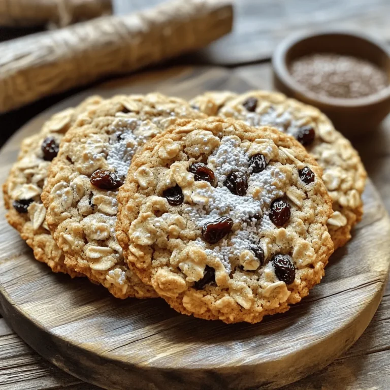 To make chewy oatmeal raisin cookies, you need key ingredients. Here is what you should have: - 1 cup all-purpose flour - 1 teaspoon baking soda - 1 teaspoon cinnamon - 1/2 teaspoon salt - 1/2 cup unsalted butter, softened - 3/4 cup brown sugar, packed - 1/4 cup granulated sugar - 1 large egg - 1 teaspoon vanilla extract - 1 1/2 cups old-fashioned oats - 1 cup raisins These ingredients work together to create that soft and chewy texture. The oats give the cookies a hearty feel, while the raisins add natural sweetness. You can make your cookies even better with some optional add-ins. Here are a few ideas: - 1/2 cup chopped walnuts - 1/2 cup chocolate chips - 1/2 cup shredded coconut Feel free to mix and match these extras. Each add-in brings its own tasty twist. The walnuts add crunch, while chocolate chips can make them extra special. Choosing the right ingredients matters a lot. Here are some tips: - Butter: Use unsalted butter for better control over saltiness. - Oats: Choose old-fashioned oats for the best texture. - Raisins: Look for fresh, plump raisins; they should not be dry or hard. Fresh ingredients lead to better cookies. Always check expiration dates. For the full recipe, see the recipe section above. To start, gather all your ingredients. You will need flour, baking soda, cinnamon, salt, butter, brown sugar, granulated sugar, an egg, vanilla, oats, raisins, and optional walnuts. 1. Preheat your oven to 350°F (175°C). Line a baking sheet with parchment paper. 2. In a medium bowl, whisk the flour, baking soda, cinnamon, and salt. Set this aside. 3. In a large bowl, cream together the softened butter, brown sugar, and granulated sugar. Mix until it’s light and fluffy. 4. Beat in the egg and vanilla extract until everything is well combined. 5. Gradually mix the dry ingredients into the wet mixture. Stir until just combined. 6. Lastly, fold in the oats, raisins, and walnuts (if you’re using them). Now it’s time to bake! 1. Use a spoon to drop rounded tablespoons of dough onto your prepared baking sheet. Leave about 2 inches between each mound. 2. Bake in your preheated oven for 10-12 minutes. Look for golden edges, but keep the centers soft. Once baked, let the cookies cool. 1. Allow them to sit on the baking sheet for 5 minutes. This helps them set. 2. Carefully transfer the cookies to a wire rack to cool completely. 3. If you want to store them, keep them in an airtight container. They stay fresh for several days. For the full recipe, visit the recipe section above. Enjoy your chewy oatmeal raisin cookies! To get that perfect chewy texture in your cookies, use old-fashioned oats. They soak up moisture well, keeping your cookies soft. Also, do not overmix the dough. Just mix until the dry ingredients blend in. This keeps your cookies tender. Lastly, take them out of the oven while they still look a bit soft. They will firm up as they cool. One common mistake is using quick-cooking oats instead of old-fashioned oats. Quick oats can make your cookies dry. Another mistake is baking them too long. Watch the edges; they should be golden, but the center must stay soft. Lastly, make sure your butter is softened, not melted. Melted butter can change your cookie’s texture. For a lovely presentation, place the cookies on a nice platter. Dust them lightly with powdered sugar for a sweet touch. You can also serve them with a bowl of fresh fruit. Adding a side of flaxseeds or sunflower seeds gives a nice crunch. These ideas make your cookies not just tasty but also pretty! For the full recipe, check back to ensure you have all the steps. {{image_2}} You can make your cookies healthier. Use whole wheat flour instead of all-purpose flour. This adds fiber and nutrients. You can also swap in coconut oil for butter. This change gives a nice flavor and is a great fat source. For sweetness, try using honey or maple syrup instead of sugar. This can cut down on refined sugars and add a unique taste. Get creative with flavors! Add dark chocolate chips for a richer taste. You can also mix in dried cranberries or apricots for a fruity twist. Try spices like nutmeg or ginger to add warmth. Even a splash of orange juice can brighten the cookies. These fun changes keep the recipe exciting and fresh! If you need gluten-free cookies, use almond flour or a gluten-free flour blend. Make sure your oats are labeled gluten-free. For vegan cookies, skip the egg and use flaxseed meal. Mix one tablespoon of flaxseed with three tablespoons of water and let it sit for a few minutes. This makes a great egg substitute. These options let everyone enjoy chewy oatmeal raisin cookies! For the full recipe, check out the details above. To keep your chewy oatmeal raisin cookies fresh, store them in an airtight container. You can place a piece of bread in the container to help keep them soft. The bread will absorb extra moisture, ensuring your cookies remain chewy. You can freeze the cookies if you want to save some for later. First, let the cookies cool completely. Then, place them in a single layer on a baking sheet. Freeze them for about an hour. Once they are firm, transfer them to a freezer bag or container. This way, you can enjoy them anytime! Stored cookies stay fresh for about one week at room temperature. In the freezer, they can last up to three months. When you are ready to eat frozen cookies, let them thaw at room temperature for a few minutes. For a warm treat, heat them in the oven for a few minutes. Don’t forget to check the [Full Recipe] for more tips! Your oatmeal raisin cookies may not be chewy for a few reasons. First, check your oven temperature. If it is too hot, the cookies may bake too fast and dry out. Second, over-mixing the dough can lead to tough cookies. Mix only until the ingredients combine. Lastly, using too much flour can also make them dry. Always measure flour correctly. Yes, you can substitute some ingredients in the recipe. If you do not have brown sugar, use white sugar instead. This will change the flavor a bit, but the cookies will still be good. For a dairy-free option, use coconut oil or a dairy-free butter. You can also swap raisins for chocolate chips or nuts if you like. To find the best chewy oatmeal raisin cookies, check local bakeries or farmers' markets. Many bakeries make fresh cookies daily. You can also look at online stores that specialize in baked goods. They often ship cookies right to your door. If you want to try some now, check out the Full Recipe for a simple and tasty way to make them at home! To make chewy oatmeal raisin cookies, use key ingredients like oats and raisins. Remember to mix in optional flavors for a fun twist. Follow the step-by-step guide to prepare, bake, and store your cookies. For perfect texture, avoid common baking mistakes. Explore creative variations like gluten-free or vegan recipes. Proper storage extends their lifespan. With these tips, you’ll bake delicious cookies every time. Enjoy the baking process and share with others to spread the joy!