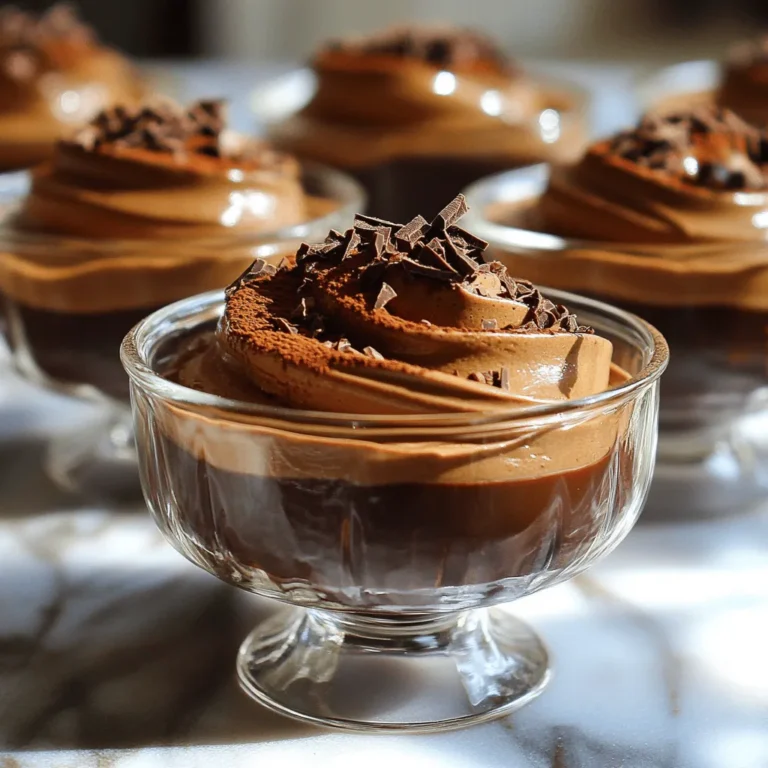 To make this tasty Chocolate Espresso Mousse, gather these ingredients: - 200g dark chocolate (70% cocoa), chopped - 3 large eggs, separated - 1/4 cup granulated sugar - 1 cup heavy cream - 2 tablespoons freshly brewed espresso - 1 teaspoon vanilla extract - Pinch of salt - Cocoa powder or chocolate shavings for garnish Choose high-quality dark chocolate for this mousse. Look for chocolate with at least 70% cocoa. The higher cocoa content brings out rich flavors. Avoid chocolate with added oils or fillers. Always read the label to ensure you get pure chocolate. For the best flavor, use freshly brewed espresso. Fresh espresso enhances the chocolate taste. If you do not have espresso, strong coffee works too. Just make sure it is rich and bold. The coffee flavor should blend well with the chocolate, creating a delicious treat. To make Chocolate Espresso Mousse, start by melting the dark chocolate. Use a heatproof bowl over a pot of simmering water. This double boiler method prevents the chocolate from burning. Stir the chocolate until it is smooth. Once melted, remove it from heat and let it cool a bit. Next, take three large eggs and separate the yolks from the whites. This step is key for the mousse's texture. In a bowl, whisk the egg yolks with 1/4 cup of granulated sugar. Whisk until the mix is pale and creamy. Then, add the 2 tablespoons of freshly brewed espresso and 1 teaspoon of vanilla extract. Mix well to combine. Now, slowly pour the melted chocolate into the egg yolk mixture. Stir continuously until the chocolate blends in completely. In a separate bowl, beat the egg whites with a pinch of salt. Beat until soft peaks form. Gently fold the beaten egg whites into the chocolate mixture. Be careful not to deflate the mix. Then, whip 1 cup of heavy cream in another bowl until soft peaks form. Now, carefully fold the whipped cream into the chocolate mix. This step gives your mousse its light and airy texture. Finally, spoon or pipe the mousse into serving dishes or glasses. Chill it in the fridge for at least 2 hours. This wait is worth it, as the mousse sets beautifully. Melting chocolate can be tricky, but using a double boiler helps a lot. The steam from the simmering water heats the chocolate evenly. Avoid direct heat, as it can cause the chocolate to seize or burn. Stir often to keep the texture smooth. If you don’t have a double boiler, you can use a microwave. Heat the chocolate in short bursts of 15-20 seconds. Stir in between each burst until smooth. Always watch closely to prevent overheating. Separating the eggs is crucial for a light mousse. Ensure no yolk gets into the whites. Yolk can prevent the whites from whipping up properly. Use clean, dry tools for this step. Folding is a gentle technique. It helps maintain the airiness of the whipped cream and egg whites. Use a spatula and scoop from the bottom of the bowl upwards. Turn the bowl as you fold. This method keeps the mixture light and fluffy. For the full recipe, follow these steps carefully for a rich, creamy dessert that impresses every time. To create the best mousse, keep these tips in mind. First, use high-quality dark chocolate. Aim for at least 70% cocoa. This gives a rich flavor. Next, ensure your bowls and utensils are clean and dry. Any grease can ruin the texture. When whipping the cream, stop when soft peaks form. Overwhipping can lead to a grainy texture. Finally, fold gently. This keeps the air in the mousse, making it light and fluffy. Avoid these common pitfalls for the best results. Do not skip the cooling step after melting chocolate. Hot chocolate can cook the egg yolks, ruining the mousse. Also, avoid using cold cream straight from the fridge. Let it sit at room temperature for a few minutes. This helps with whipping. Lastly, do not rush the chilling process. Mousse needs time to set properly. A rushed mousse may not hold its shape. You can easily change the flavor of your mousse. Start by using different types of chocolate. Try milk chocolate for a sweeter taste or white chocolate for a creamy twist. You can also add flavors like orange zest or mint extract. Just a small amount can change the whole dish. If you want more coffee flavor, add extra espresso. For a fun twist, mix in a splash of liqueur, like coffee or hazelnut. Experiment and find the flavor you love! {{image_2}} You can easily twist this Chocolate Espresso Mousse with fun flavors. Try adding orange zest for a citrus kick. A hint of cinnamon gives warmth and spice. For a nutty flavor, mix in almond extract. If you love berries, fold in some raspberry puree. Each choice adds a new layer of taste. To make a dairy-free mousse, swap heavy cream for coconut cream. Use dairy-free dark chocolate, which is easy to find. For a vegan option, replace eggs with aquafaba. Aquafaba is the liquid from canned chickpeas. Whip it up until fluffy, then fold it in. This keeps the light texture while making it vegan. When serving Chocolate Espresso Mousse, presentation matters. Use clear glasses to show off the layers. Top each serving with whipped coconut cream for a creamy touch. You can also sprinkle cocoa powder or chocolate shavings on top. Add fresh berries for color and freshness. These small details make your mousse feel special. For the full recipe, check the earlier section. You want to store your Chocolate Espresso Mousse in the fridge. Use airtight containers or cover the dishes tightly with plastic wrap. This keeps the mousse fresh and prevents it from absorbing smells. Make sure it cools completely before you store it. If you skip this step, it may not set properly. Typically, you should not reheat mousse. Its texture changes and may become runny. If you must refreeze it, do so only once. Use a freezer-safe container. When ready to eat, let it thaw in the fridge overnight. This keeps the mousse creamy and smooth. Chocolate Espresso Mousse lasts about three days in the fridge. If stored well, it may stay good for up to five days. Check for any off smells or changes in texture. If it looks watery or has a strange color, it’s best to throw it away. Always trust your senses when it comes to food safety. Use dark chocolate with at least 70% cocoa. This chocolate gives a rich flavor. It balances well with the espresso. You can also try milk chocolate for a sweeter taste. However, keep in mind that this will change the mousse's depth. Always choose high-quality chocolate. It makes a big difference in taste. Yes, you can make this mousse a day in advance. Prepare it and let it chill in the fridge. This allows the flavors to blend well. It also gives the mousse time to set. Just remember to cover it with plastic wrap. This keeps it fresh and safe from other odors in the fridge. Serving for a crowd is easy. Use small cups or glasses for individual servings. This makes it fun and fancy. You can also layer the mousse with whipped cream or berries for added flavor. Garnish each with cocoa powder or chocolate shavings. This adds a nice touch and looks beautiful. Check out the Full Recipe for more details! Making Chocolate Espresso Mousse is fun and rewarding. We covered key ingredients, from choosing the best chocolate to selecting espresso. The step-by-step guide walks you through melting chocolate and perfecting texture. Remember the tips to avoid mistakes and personalize your dish. Variations like vegan options add creativity. Proper storage keeps it fresh. Enjoy the mousse’s rich taste and impress your friends! With these insights, you can create a delightful dessert that stands out at any gathering. Happy cooking!