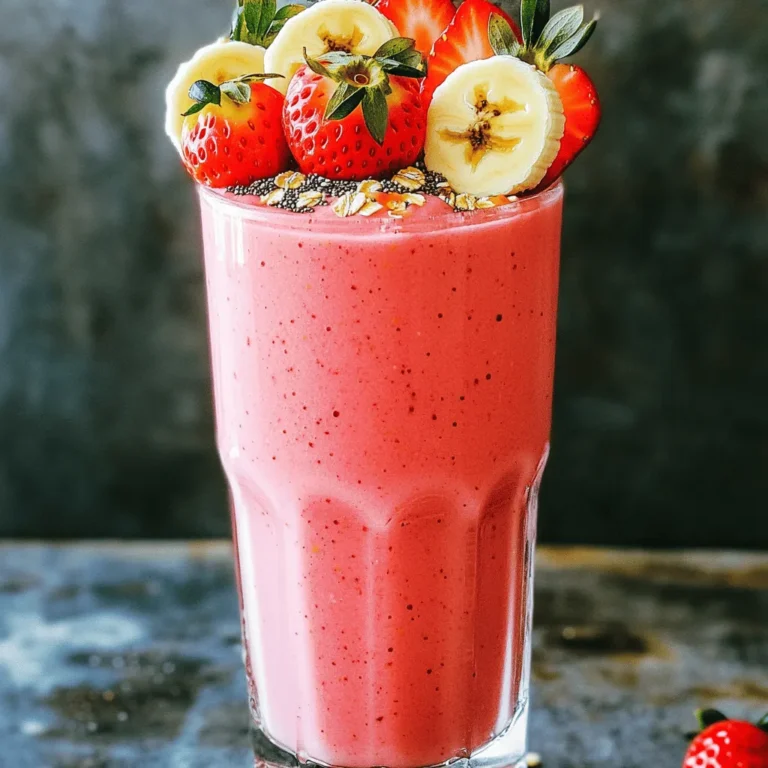 - 1 cup fresh strawberries, hulled and halved - 1 ripe banana, sliced - 1/2 cup rolled oats - 1 cup almond milk (or any preferred milk) - 1 tablespoon honey or maple syrup - 1/2 teaspoon vanilla extract - 1 tablespoon chia seeds - A pinch of cinnamon To make the Strawberry Banana Oat Smoothie, gather your main ingredients first. Fresh strawberries add a sweet and tart flavor. Bananas bring natural creaminess. Rolled oats offer fiber and make the drink filling. Almond milk, or any milk you prefer, gives the smoothie a smooth texture. For extra sweetness, consider adding honey or maple syrup. Vanilla extract enhances the flavor and gives a lovely aroma. Chia seeds are great if you want more nutrition. A pinch of cinnamon can add warmth and depth to the taste. You can find the full recipe above to guide you through the process. - Wash and hull strawberries. - Slice the banana. Start by washing your strawberries under cool water. Remove the green tops and cut them in half. This makes them easier to blend. Next, grab a ripe banana and slice it into small pieces. This helps blend everything smoothly. - Combine almond milk, oats, honey, and vanilla in a blender. - Blend until oats are fully broken down. Now, it's time to create the base. Pour one cup of almond milk into your blender. Add half a cup of rolled oats for texture. Then, add one tablespoon of honey and half a teaspoon of vanilla extract for sweetness and flavor. Blend this mix until the oats are fully broken down. You want a smooth and creamy base. - Add strawberries and banana to the blender. - Blend until smooth and creamy. Once your base is ready, add the halved strawberries and sliced banana to the blender. Blend everything until it becomes a smooth and creamy mixture. If it's too thick, you can add a bit more almond milk. This will help achieve your desired consistency. - Taste and adjust sweetness or add cinnamon. After blending, taste your smoothie. If you want more sweetness, add a little more honey or maple syrup. For a warm flavor, sprinkle in a pinch of cinnamon. Blend briefly to mix in any additions. - Pour into a glass and garnish with extra fruit and oats. Finally, pour your smoothie into a glass. For a fun touch, garnish with extra slices of strawberries or banana. You can also sprinkle some rolled oats or chia seeds on top. Enjoy your creamy and delicious drink! For the full recipe, check out the details above. - Select ripe bananas for natural sweetness: Ripe bananas turn yellow with brown spots. They add a nice, sweet flavor to your smoothie. - Fresh versus frozen strawberries: Fresh strawberries taste great, but frozen ones make your smoothie cold and thick. Both options are good, so pick what you like. - Tips for adjusting thickness: If your smoothie is too thick, add more almond milk. If it’s too thin, add more oats or banana. Blend again until smooth. - Ideas for adding creaminess: For a creamier texture, try adding yogurt or a bit of nut butter. This adds flavor and makes it richer. - Nutritional value of oats, fruits, and chia seeds: - Oats are full of fiber, which is good for your digestion. - Strawberries are packed with vitamins and antioxidants. - Bananas give you energy and potassium. - Chia seeds add healthy fats and protein. These ingredients not only taste great but also make your smoothie a healthy choice. For more details, check out the Full Recipe. {{image_2}} You can easily make this smoothie dairy-free. Just switch the milk. Try coconut milk, soy milk, or oat milk. Each will give a unique taste. Coconut milk adds a tropical flair, while oat milk keeps it smooth. Soy milk is creamy and full of protein. Want to make your smoothie more filling? Add protein powder or Greek yogurt. Both options will give you extra protein. Protein powder blends well and keeps the taste light. Greek yogurt adds creaminess and makes it thick. Choose your favorite for a tasty boost. For a fun twist, add tropical fruits. Mango or pineapple pairs well with strawberries and bananas. They add a sweet and tangy flavor. Just chop your chosen fruit and blend it in. You’ll enjoy a new flavor adventure each time. For the full recipe, check out the Strawberry Banana Bliss Smoothie. If you have leftover smoothie, store it in an airtight container. This keeps the smoothie fresh. Place it in the fridge if you plan to drink it soon. Smoothies taste best within one day of making. If you wait longer, the taste and texture may change. Stir it well before drinking after storage. You can freeze your smoothie for later. Pour it into ice cube trays or freezer-safe bags. This way, you can use it later in recipes or as a quick snack. When ready to enjoy, blend the frozen smoothie cubes with a splash of milk. This creates a nice, creamy drink. Your smoothie stays fresh in the fridge for about 1-2 days. If frozen, it can last for up to three months. Keep an eye on the color and smell. If it looks or smells off, it’s best to toss it. For the best taste, enjoy your smoothie within a week. For the full recipe, check out the complete guide to making your Strawberry Banana Oat Smoothie. Yes, you can use frozen strawberries. They make the smoothie cold and thick. Frozen fruit often has a great taste. Just add them directly to the blender. You might want to add a bit more milk if it gets too thick. You can make your smoothie greener by adding spinach or kale. These greens blend well and add nutrients. Start with a small handful, then blend. You won’t taste them, but you get all the benefits. If you need a substitute for oats, try using ground flaxseed or chia seeds. Both options work well for gluten-free diets. You can also use quinoa flakes for a different texture. This keeps your smoothie healthy and tasty. You can find the full recipe for this delicious drink in the earlier sections. In this post, we covered how to make a delicious smoothie with fresh fruits and oats. We explored the main ingredients, the blending process, and tips for perfect consistency. You can easily customize your smoothie with various fruits or add extra protein. Enjoy leftovers by storing them correctly or freezing for later use. A smoothie is simple, tasty, and packed with nutrition. Try making your own, and you might find a new favorite drink!