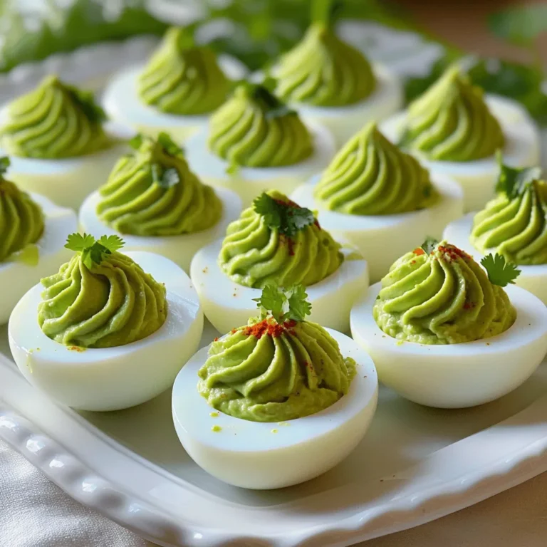 - 6 large eggs - 1 ripe avocado, peeled and pitted - 2 tablespoons lime juice - 1 teaspoon lime zest - 1 teaspoon Dijon mustard - Salt and pepper to taste - 1 tablespoon fresh cilantro, chopped (for garnish) - A pinch of chili powder (optional, for a hint of spice) These ingredients make your Avocado Lime Deviled Eggs fresh and tasty. The eggs provide a great base. The creamy avocado adds richness. Lime juice and zest give a bright flavor. Dijon mustard adds a gentle tang. Adjust salt and pepper to your taste. The cilantro adds a fresh touch. If you like spice, sprinkle in some chili powder. You can find the Full Recipe for step-by-step guidance. Enjoy making these delightful bites! To boil eggs perfectly, start with cold water. Place your eggs in a pot and fill it with water. Make sure the water covers the eggs by about an inch. Heat the pot over medium-high heat until it boils. When it starts to boil, cover the pot and turn off the heat. Let the eggs sit for 10-12 minutes. This method keeps them tender and easy to peel. Timing is key, as undercooked eggs will be runny, while overcooked eggs will turn green. Next, prepare the avocado filling. Halve the ripe avocado and take out the pit. Scoop the flesh into a mixing bowl. Mash it until it is smooth and creamy. To avoid browning, add lime juice right away. The acid in lime helps keep the green color. Mix in the egg yolks, lime zest, and Dijon mustard for flavor. The right texture is creamy but not too runny. Now it's time to fill the egg whites. After peeling and halving the boiled eggs, remove the yolks. Add the yolks to the avocado mixture and stir well. Use a piping bag for neat filling. This allows for even distribution. If you don’t have a piping bag, a spoon works too. Just make sure the filling is heaped nicely in each half. This step makes them look beautiful and appetizing. For a complete recipe, check out the [Full Recipe]. To make your avocado lime deviled eggs shine, you need to balance the lime and avocado perfectly. The lime adds a bright taste, while the avocado brings creaminess. I suggest starting with two tablespoons of lime juice. You can add more if you prefer a stronger lime flavor. Adjusting seasonings is key. After mixing the filling, taste it. If it needs more zing, add a pinch of salt or a dash of pepper. If you like a kick, consider a sprinkle of chili powder. These small tweaks can elevate your dish. Garnishing enhances the look of your deviled eggs. Fresh cilantro adds a lovely green touch. A sprinkle of chili powder not only adds color but also hints at spice. When serving, arrange the eggs on a bright platter. This will catch the eye at any party. You can also place them in an egg carton for a fun and unique display. One common mistake is overcooking the eggs. This can make the yolks dry and crumbly. Follow the cooking time closely for perfect results. Another mistake is not mixing the filling well. Ensure all ingredients blend smoothly. This makes a creamy, cohesive filling that tastes great. You want every bite to be delicious. {{image_2}} For a kick, add jalapeños or hot sauce. This spice brings a nice heat to the creamy filling. Start with a small amount of diced jalapeños. You can always add more if you like it spicier. A few drops of your favorite hot sauce can also do the trick. Mix it into the avocado filling for heat in every bite. You can make your deviled eggs even better by adding veggies. Chopped bell peppers, diced tomatoes, or shredded carrots can give a nice crunch. You can also use fresh herbs like dill or basil. They add unique flavors and brighten up your eggs. Just mix them into the filling for an extra layer of taste. If you need to make this dish vegan, swap the eggs for chickpeas. Mash cooked chickpeas with the avocado and lime. This keeps the creamy texture and adds protein. For a low-carb option, skip the eggs altogether. Use avocado, lime, and your choice of herbs. These modifications keep the flavors fresh and tasty. Use the Full Recipe to try these variations and discover your favorite twist on this classic dish! To keep your Avocado Lime Deviled Eggs fresh, store them in the fridge. Place them in an airtight container. This helps prevent the eggs from drying out or absorbing other smells. If you don’t have a container, cover the eggs tightly with plastic wrap. Aim to eat them within two days for the best taste and texture. Can you freeze Avocado Lime Deviled Eggs? No, you should not freeze these deviled eggs. The avocado can change texture when frozen. It may become grainy and lose its creamy flavor. How to properly freeze and thaw Since freezing is not a good option, focus on eating your deviled eggs fresh. If you want to make them ahead, prepare the filling and store it separately. You can fill the egg whites just before serving. How long do they last in the fridge? These eggs will last up to two days in the fridge. After that, they may start to lose their fresh taste. Signs of spoilage Look for changes in color or texture. If the filling turns brown or smells off, it’s best to discard the eggs. Always trust your senses when it comes to food safety. Yes, you can use different types of avocados. Hass avocados are creamy and rich, making them perfect for this recipe. Florida avocados are larger and milder in flavor. They can work too but may change the taste and texture slightly. If you want a rich, smooth filling, go with Hass. If you prefer a lighter flavor, choose Florida avocados. You can use other citrus fruits instead of lime. Lemon juice is a great option and adds a nice tang. Grapefruit juice can also work well if you want a unique twist. Just remember to adjust the amount to your taste. Each citrus fruit brings its own flavor and can change the dish's overall taste. You can make these deviled eggs ahead of time. Prepare the filling and store it in the fridge. Fill the egg whites just before serving to keep them fresh. This method ensures the eggs stay firm and the filling remains vibrant. You can also boil the eggs a day before and store them in the fridge. These deviled eggs pair well with many dishes. They make a great starter for brunch or a party. You can serve them with cocktails like margaritas or mojitos. They also go well with fresh salads or light soups. Feel free to be creative and mix them with your favorite dishes! Yes, you can make these deviled eggs gluten-free. All the ingredients in this recipe are naturally gluten-free. Just ensure that the Dijon mustard you use is also gluten-free. Most brands offer gluten-free options, so check the label to be sure. Enjoy this tasty treat without any worries! In this post, we explored Avocado Lime Deviled Eggs, covering ingredients, tips, and variations. You learned how to boil eggs perfectly, prepare the filling, and assemble the dish. We also discussed storage methods and answers to common questions. Remember, balancing flavors and avoiding overcooking are key. With a few simple tweaks or additions, you can make this dish your own. Enjoy this tasty twist on a classic!