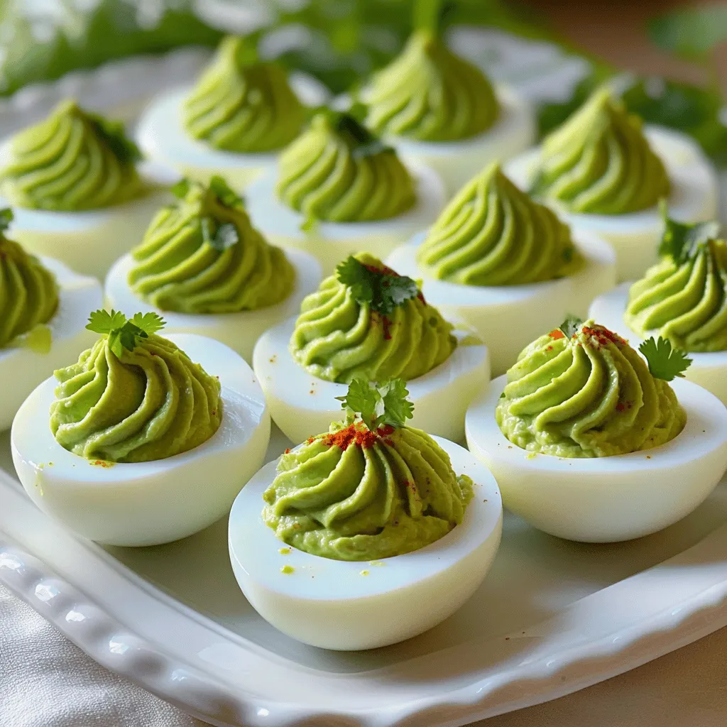 - 6 large eggs - 1 ripe avocado, peeled and pitted - 2 tablespoons lime juice - 1 teaspoon lime zest - 1 teaspoon Dijon mustard - Salt and pepper to taste - 1 tablespoon fresh cilantro, chopped (for garnish) - A pinch of chili powder (optional, for a hint of spice) These ingredients make your Avocado Lime Deviled Eggs fresh and tasty. The eggs provide a great base. The creamy avocado adds richness. Lime juice and zest give a bright flavor. Dijon mustard adds a gentle tang. Adjust salt and pepper to your taste. The cilantro adds a fresh touch. If you like spice, sprinkle in some chili powder. You can find the Full Recipe for step-by-step guidance. Enjoy making these delightful bites! To boil eggs perfectly, start with cold water. Place your eggs in a pot and fill it with water. Make sure the water covers the eggs by about an inch. Heat the pot over medium-high heat until it boils. When it starts to boil, cover the pot and turn off the heat. Let the eggs sit for 10-12 minutes. This method keeps them tender and easy to peel. Timing is key, as undercooked eggs will be runny, while overcooked eggs will turn green. Next, prepare the avocado filling. Halve the ripe avocado and take out the pit. Scoop the flesh into a mixing bowl. Mash it until it is smooth and creamy. To avoid browning, add lime juice right away. The acid in lime helps keep the green color. Mix in the egg yolks, lime zest, and Dijon mustard for flavor. The right texture is creamy but not too runny. Now it's time to fill the egg whites. After peeling and halving the boiled eggs, remove the yolks. Add the yolks to the avocado mixture and stir well. Use a piping bag for neat filling. This allows for even distribution. If you don’t have a piping bag, a spoon works too. Just make sure the filling is heaped nicely in each half. This step makes them look beautiful and appetizing. For a complete recipe, check out the [Full Recipe]. To make your avocado lime deviled eggs shine, you need to balance the lime and avocado perfectly. The lime adds a bright taste, while the avocado brings creaminess. I suggest starting with two tablespoons of lime juice. You can add more if you prefer a stronger lime flavor. Adjusting seasonings is key. After mixing the filling, taste it. If it needs more zing, add a pinch of salt or a dash of pepper. If you like a kick, consider a sprinkle of chili powder. These small tweaks can elevate your dish. Garnishing enhances the look of your deviled eggs. Fresh cilantro adds a lovely green touch. A sprinkle of chili powder not only adds color but also hints at spice. When serving, arrange the eggs on a bright platter. This will catch the eye at any party. You can also place them in an egg carton for a fun and unique display. One common mistake is overcooking the eggs. This can make the yolks dry and crumbly. Follow the cooking time closely for perfect results. Another mistake is not mixing the filling well. Ensure all ingredients blend smoothly. This makes a creamy, cohesive filling that tastes great. You want every bite to be delicious. {{image_2}} For a kick, add jalapeños or hot sauce. This spice brings a nice heat to the creamy filling. Start with a small amount of diced jalapeños. You can always add more if you like it spicier. A few drops of your favorite hot sauce can also do the trick. Mix it into the avocado filling for heat in every bite. You can make your deviled eggs even better by adding veggies. Chopped bell peppers, diced tomatoes, or shredded carrots can give a nice crunch. You can also use fresh herbs like dill or basil. They add unique flavors and brighten up your eggs. Just mix them into the filling for an extra layer of taste. If you need to make this dish vegan, swap the eggs for chickpeas. Mash cooked chickpeas with the avocado and lime. This keeps the creamy texture and adds protein. For a low-carb option, skip the eggs altogether. Use avocado, lime, and your choice of herbs. These modifications keep the flavors fresh and tasty. Use the Full Recipe to try these variations and discover your favorite twist on this classic dish! To keep your Avocado Lime Deviled Eggs fresh, store them in the fridge. Place them in an airtight container. This helps prevent the eggs from drying out or absorbing other smells. If you don’t have a container, cover the eggs tightly with plastic wrap. Aim to eat them within two days for the best taste and texture. Can you freeze Avocado Lime Deviled Eggs? No, you should not freeze these deviled eggs. The avocado can change texture when frozen. It may become grainy and lose its creamy flavor. How to properly freeze and thaw Since freezing is not a good option, focus on eating your deviled eggs fresh. If you want to make them ahead, prepare the filling and store it separately. You can fill the egg whites just before serving. How long do they last in the fridge? These eggs will last up to two days in the fridge. After that, they may start to lose their fresh taste. Signs of spoilage Look for changes in color or texture. If the filling turns brown or smells off, it’s best to discard the eggs. Always trust your senses when it comes to food safety. Yes, you can use different types of avocados. Hass avocados are creamy and rich, making them perfect for this recipe. Florida avocados are larger and milder in flavor. They can work too but may change the taste and texture slightly. If you want a rich, smooth filling, go with Hass. If you prefer a lighter flavor, choose Florida avocados. You can use other citrus fruits instead of lime. Lemon juice is a great option and adds a nice tang. Grapefruit juice can also work well if you want a unique twist. Just remember to adjust the amount to your taste. Each citrus fruit brings its own flavor and can change the dish's overall taste. You can make these deviled eggs ahead of time. Prepare the filling and store it in the fridge. Fill the egg whites just before serving to keep them fresh. This method ensures the eggs stay firm and the filling remains vibrant. You can also boil the eggs a day before and store them in the fridge. These deviled eggs pair well with many dishes. They make a great starter for brunch or a party. You can serve them with cocktails like margaritas or mojitos. They also go well with fresh salads or light soups. Feel free to be creative and mix them with your favorite dishes! Yes, you can make these deviled eggs gluten-free. All the ingredients in this recipe are naturally gluten-free. Just ensure that the Dijon mustard you use is also gluten-free. Most brands offer gluten-free options, so check the label to be sure. Enjoy this tasty treat without any worries! In this post, we explored Avocado Lime Deviled Eggs, covering ingredients, tips, and variations. You learned how to boil eggs perfectly, prepare the filling, and assemble the dish. We also discussed storage methods and answers to common questions. Remember, balancing flavors and avoiding overcooking are key. With a few simple tweaks or additions, you can make this dish your own. Enjoy this tasty twist on a classic!
