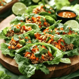 - 1 pound ground chicken - 1 tablespoon olive oil - 1 bell pepper (red or yellow), finely diced - 1 small carrot, grated - 3 green onions, finely chopped - 1/4 cup low-sodium soy sauce - 1/4 cup sweet chili sauce - 1 tablespoon ginger, minced - 2 cloves garlic, minced - Salt and pepper to taste - 1 head of butter lettuce or iceberg lettuce, leaves separated - Chopped cilantro - Crushed peanuts Sweet Chili Chicken Lettuce Wraps shine with vibrant flavors. You start with ground chicken. It cooks quickly and absorbs all the tasty sauces. Olive oil helps the chicken brown nicely. Next, you add a bell pepper for crunch and color. Grated carrot brings a subtle sweetness. Green onions add a fresh, mild bite. Each ingredient plays a role in flavor and texture. For the sauces, low-sodium soy sauce adds umami. Sweet chili sauce gives that perfect sweet and spicy kick. Minced ginger and garlic provide a warm, fragrant base. Salt and pepper round out the taste. Finally, you wrap it all in lettuce. Butter lettuce or iceberg works well. The crisp leaves make for a fun, fresh bite. Garnish with chopped cilantro and crushed peanuts for added flair and crunch. For the complete recipe, check out the Full Recipe section. First, heat the olive oil in a large skillet over medium heat. This oil helps cook the chicken and adds flavor. Next, add the minced garlic and ginger. Sauté them for about one minute. You want to smell their fragrance. This adds a bright note to the dish. Now, increase the heat to medium-high. Add the ground chicken to your skillet. Cook it until it is browned and fully cooked. This usually takes about five to seven minutes. Use a spatula to break the chicken apart as it cooks. Once the chicken is ready, stir in the diced bell pepper and grated carrot. Sauté these for another three to four minutes. You want the veggies to be slightly tender, adding sweetness and crunch. Pour the low-sodium soy sauce and sweet chili sauce over the chicken mixture. Stir well to mix everything together. Cook for an additional two to three minutes. This lets the flavors meld beautifully. Finally, season with salt and pepper to taste. Once done, remove the skillet from heat and let it cool slightly. This mixture is now ready for your lettuce wraps. For the full recipe, check out the details above. To ensure tender chicken, start with ground chicken. Cook it over medium heat. This helps keep it juicy. Break it apart with a spatula as it cooks. This way, it cooks evenly. Avoid overcooking, as this can make it dry. For perfect sautéing, use olive oil. Heat the skillet first, then add oil. Let it warm up a bit before adding garlic and ginger. This brings out their flavors. Stir them for about one minute until fragrant. Then, add the chicken mixture. For presentation, arrange the lettuce wraps on a nice platter. You can stack the leaves for an eye-catching look. Serve with extra sweet chili sauce on the side. Adding lime wedges gives a zesty kick. It makes the dish pop visually and adds flavor. Consider garnishing with chopped cilantro and crushed peanuts. These toppings add color and texture. You can also sprinkle some extra green onions for freshness. Want to spice it up? Add a few drops of hot sauce. It gives the wraps a nice kick. You can mix it directly into the chicken mixture or serve it on the side. For vegetarian options, swap the ground chicken for tofu. Crumble the tofu and sauté it just like the chicken. You can also use a mix of your favorite veggies. Try adding mushrooms, zucchini, or bell peppers for extra crunch. Check out the Full Recipe for more tips and ideas! {{image_2}} You can change the protein in these wraps. Ground turkey works well and is leaner. It gives a mild flavor. Ground beef is another option. It adds richness to the dish. For a vegetarian option, try tofu. You can crumble it or cube it. Just sauté it until golden brown. You can make your own sweet chili sauce at home. Combine sugar, vinegar, and chili flakes for a fresh taste. You can also use different types of soy sauce. Dark soy sauce adds a richer color and flavor. For a lighter option, low-sodium soy sauce works too. Adding more veggies gives extra crunch. Try water chestnuts for a nice bite. You can also use shredded cabbage or radishes. Seasonal swaps are a great idea. In summer, add zucchini or bell peppers. In fall, use carrots or squash for a warm touch. For the complete experience, check out the Full Recipe for Sweet Chili Chicken Lettuce Wraps. Let your creativity shine and enjoy these wraps your way! To keep your sweet chili chicken fresh, store leftovers in the fridge. Use airtight containers to prevent moisture loss. Make sure to cool the chicken mixture before sealing. This helps keep flavors intact. Try to eat leftovers within three days for the best taste. When reheating, use the stove for the best texture. Heat a skillet over medium heat. Add a splash of water to keep it moist. Stir gently until heated through. Avoid using the microwave, as it can dry out the chicken mixture. If you want to freeze the chicken mixture, let it cool completely first. Place it in freezer-safe bags. Remove as much air as possible before sealing. It can last up to three months in the freezer. To thaw, place it in the fridge overnight. Reheat on the stove for the best results. You can use many things instead of lettuce. Here are some tasty options: - Cabbage leaves - Collard greens - Rice paper wraps - Nori sheets These options add unique flavors and textures to your dish. Experiment to find your favorite! To add heat, try these tips: - Add red pepper flakes to the chicken mixture. - Stir in some diced jalapeños. - Use spicy chili sauce instead of sweet chili sauce. Start with a small amount and taste as you go. You can always add more heat! Yes, you can make the filling ahead of time. Here’s what to do: - Cook the chicken mixture and let it cool. - Store it in an airtight container in the fridge for up to three days. Just reheat it before serving. This saves time on busy nights! You can find sweet chili sauce in many places: - Grocery stores in the Asian foods aisle - Specialty Asian markets - Online retailers like Amazon If you can’t find it, you can make your own using the recipe below. Making sweet chili sauce at home is easy. Here’s a simple recipe: - Combine 1 cup sugar, 1/2 cup water, and 1/2 cup vinegar in a pot. - Add 2 tablespoons of chili flakes and 1 tablespoon of cornstarch. - Cook over medium heat until thickened. Let it cool, and you’ll have a tasty sauce ready for your wraps! In this post, I covered how to make tasty chicken lettuce wraps. We went through the main ingredients, step-by-step cooking methods, and tips for serving. You learned about storage options and how to customize your wraps. These wraps are fun and easy to make. They offer great flavor and are good for any meal. Try different proteins and veggies to make them your own. Enjoy creating your version of this healthy dish!