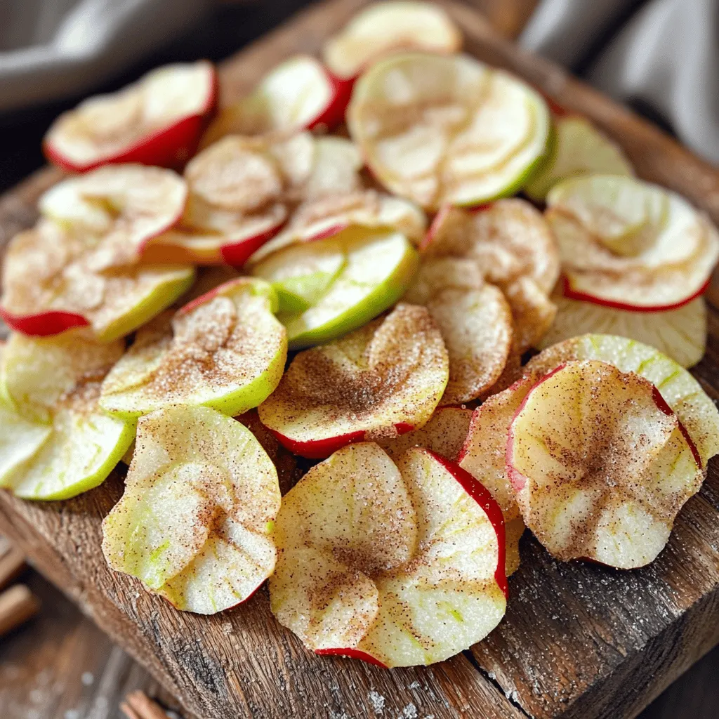 To make easy cinnamon apple chips, you need just a few simple items: - 3 medium-sized apples (such as Granny Smith or Honeycrisp) - 1 tablespoon ground cinnamon - 1 tablespoon granulated sugar (optional) - Pinch of salt These ingredients come together to create a sweet and crunchy snack. The apples provide the base, while cinnamon adds warmth and flavor. You can add sugar if you like a sweeter chip. The sugar helps balance the tartness of the apples. Other optional spices may include nutmeg or vanilla for extra flavor. However, I recommend keeping it simple to enjoy the apple's natural taste. For the best crispness, choose apples that are firm and juicy. I suggest using Granny Smith for a tart bite or Honeycrisp for a sweeter touch. Both varieties hold up well when baked and create the perfect texture. This recipe is easy and customizable, allowing you to play with flavors to suit your taste. Check out the Full Recipe for more details. First, you need to set your oven. Preheat it to 200°F (95°C). The low heat helps the apples dry out slowly. This keeps them crisp. Next, grab two baking sheets. Line each one with parchment paper. This makes cleanup easy and keeps your chips from sticking. Now, let’s slice those apples. Choose medium-sized apples like Granny Smith or Honeycrisp. Wash and dry them well. Use a sharp knife or a mandolin for even slices. Aim for about 1/8 inch thick. Make sure to remove the core. Thin slices will give you the best crunch! For the topping, grab a small bowl. Mix together 1 tablespoon of ground cinnamon, 1 tablespoon of sugar (if you want), and a pinch of salt. Stir well until it’s combined. Once your apple slices are ready, lay them on the baking sheets. Make sure they don’t touch. Sprinkle the cinnamon mix evenly over the slices. This adds great flavor and makes each bite special. For the full recipe, check out the earlier section! To get the best crisp texture, slice your apples thinly. Aim for about 1/8 inch thick. This thickness helps them dry out well. Use a mandolin for even slices if you can. It makes the job quick and easy. Remember to keep the slices in a single layer. Overlapping will lead to soggy chips. Bake them slowly at 200°F (95°C). This low heat is key for drying, not cooking. Flip the slices halfway through to ensure even crispiness. One common mistake is using the wrong apples. Choose firm apples like Granny Smith or Honeycrisp. They hold up better during baking. Another mistake is not drying the apples well. Wet apples won’t crisp up. Make sure to dry them with a towel after washing. Also, avoid too much cinnamon. A little goes a long way! Too much can overpower the sweet apple flavor. Finally, don’t skip the cooling step. Let them cool fully on the baking sheet to enhance their crispness. Cinnamon apple chips are great on their own, but you can pair them too! Try serving them with yogurt for a tasty dip. They also go well with nut butter for a filling snack. For a fun dessert, add them to ice cream or oatmeal. You can even sprinkle some nuts on top for extra crunch. These chips make a great addition to a cheese board. They add a sweet twist to your cheese pairings. Enjoy your crunchy creation with friends or family! {{image_2}} You can make your cinnamon apple chips even better! Try adding nutmeg for warmth. Just a pinch will enhance the spice flavor. You can also mix in vanilla extract. Brush the apple slices lightly with it before adding cinnamon. This adds a sweet aroma that makes your chips special. While apples are great, other fruits work too. Pears are a good choice. They have a sweet taste and similar texture. Bananas can make tasty chips as well. Slice them thin, and they become chewy and sweet. You can also try peaches or mangoes for a fruity twist. Experimenting with different fruits can lead to fun snacks! You can choose how to dry your apple chips. The oven method is quick and easy. Just set your oven low and bake, as I showed in the full recipe. The dehydration method takes longer but keeps more nutrients. Use a dehydrator if you have one. It requires patience but gives you crunchy results. To keep your cinnamon apple chips fresh, store them in an airtight container. This will help protect them from air and moisture. If you have a glass jar, that works great too. Place a piece of parchment paper at the bottom before adding the chips. This helps absorb any extra moisture. Homemade apple chips can last for up to a week when stored correctly. However, they tend to disappear quickly because they taste so good! If you notice them becoming soft, it’s time to eat them. They are best enjoyed fresh, but proper storage will keep them tasty for a few days. If your apple chips lose their crunch, don’t worry! You can revive them. Preheat your oven to 200°F (95°C) again. Spread the soft apple chips on a baking sheet. Bake for about 10–15 minutes. Keep an eye on them to avoid burning. This will help them regain their crispy texture, making them delightful once more. For the full recipe of these easy cinnamon apple chips, check out the recipe above! Cinnamon apple chips can last about a week if stored well. Keep them in an airtight container. This keeps moisture out and helps them stay crisp. If you notice any softness, they may not be fresh anymore. Enjoy them within a few days for the best taste. Yes, you can easily make these apple chips vegan. The main ingredients are apples, cinnamon, and sugar. None of these contain animal products. Just skip the sugar if you prefer a lower-calorie option. You can also use maple syrup instead of sugar for added flavor. You can try many spices for your apple chips. Nutmeg adds a warm flavor. Cloves give a rich taste as well. Ginger adds a bit of kick. You can mix these spices to find your favorite combo. Don't be afraid to experiment! For more flavors, check the Full Recipe. Cinnamon apple chips are simple and fun to make. You need crisp apples and cinnamon. I shared essential ingredients, step-by-step instructions, and tips for success. Remember to slice apples thinly for the best crunch. Avoid common mistakes, like using too much spice. Experiment with flavors or even other fruits. Store them well to keep them fresh. Enjoy these treats anytime!