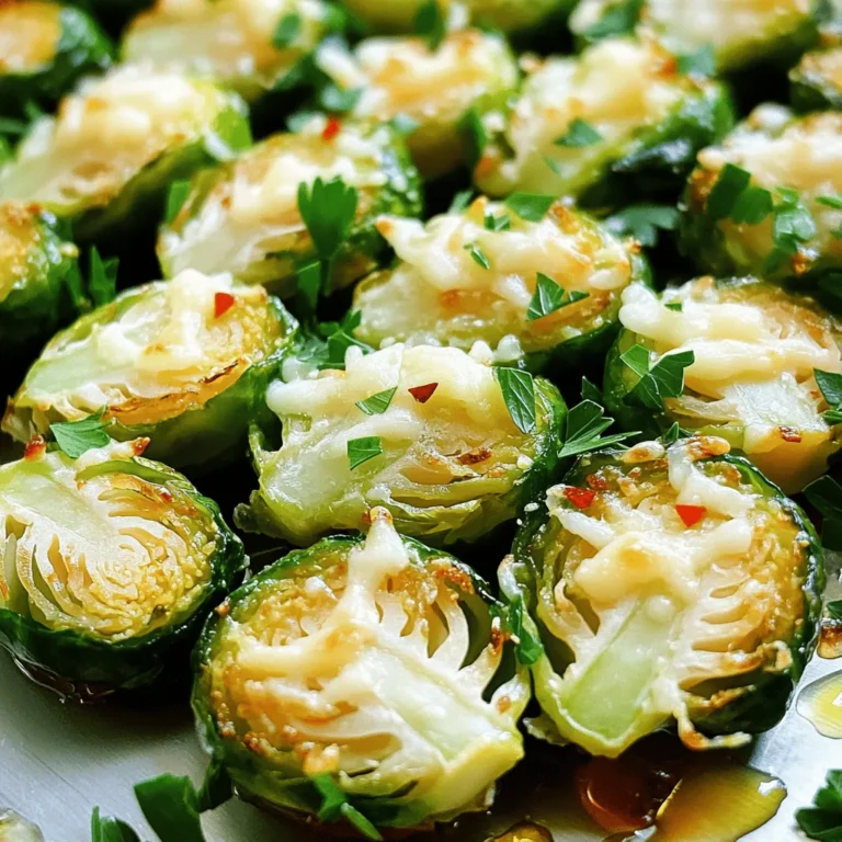 To make these tasty Brussels sprouts, you need: - 1 lb Brussels sprouts, trimmed and halved - 4 cloves garlic, minced - 1/4 cup olive oil - 1/2 teaspoon salt - 1/4 teaspoon black pepper - 1/4 teaspoon red pepper flakes (optional) - 1/2 cup grated Parmesan cheese - 2 tablespoons fresh lemon juice - Fresh parsley, chopped (for garnish) These ingredients create a delicious mix. The garlic adds a rich flavor. The Parmesan cheese brings a nice creaminess. Roasting the sprouts with these items makes them tender with a slight crunch. You can add some ingredients to boost the taste: - Balsamic vinegar for a tangy kick - Honey for a hint of sweetness - Bacon bits for a savory touch - Nuts like pecans or walnuts for crunch These ingredients can elevate your dish. Feel free to experiment with them. If you lack some items, here are some swaps: - Use canola oil instead of olive oil. - Any hard cheese can replace Parmesan. - Use shallots or leeks if you don't have garlic. - For a vegan option, skip cheese and use nutritional yeast. These swaps keep the dish tasty while making it easier to prepare. Always feel free to adjust based on what you have at home. Check the Full Recipe for more details on cooking. 1. First, preheat your oven to 400°F (200°C). This step is key for perfect roasting. 2. Take a large bowl, and add the halved Brussels sprouts. 3. Next, add the minced garlic, olive oil, salt, black pepper, and red pepper flakes if you like some heat. 4. Toss everything well. Make sure each sprout gets coated. 5. Spread the Brussels sprouts on a baking sheet lined with parchment paper. Lay them out flat for even cooking. 6. Roast in the oven for 20 minutes. This allows them to get tender. 7. After 20 minutes, take the baking sheet out. Sprinkle the grated Parmesan cheese on top of the sprouts. 8. Return the baking sheet to the oven. Roast for an additional 10 minutes. You want the cheese bubbly and golden. 9. Once done, take them out and drizzle fresh lemon juice over the sprouts for a nice zing. 10. Finally, add chopped fresh parsley on top for color and flavor before you serve. In this section, I recommend creating a visual guide. This can help you see each step clearly. For example, photos of the mixing bowl with ingredients or the roasted sprouts can enhance your cooking experience. Each image should show the sprouts' transformation, step by step. - Make sure the Brussels sprouts are cut evenly. This helps them cook at the same rate. - Avoid overcrowding the baking sheet. If they are too close, they can steam instead of roast. - Rotate the baking sheet halfway through cooking. This ensures even browning and crispiness. - For extra crunch, try using a convection oven if you have one. The fan helps circulate hot air. - Let the sprouts rest for a few minutes after roasting. This allows the flavors to settle. For the full recipe, check out the [Full Recipe]. Start with fresh Brussels sprouts. Look for tight, bright green buds. Trim off the tough ends and slice them in half. This helps them cook evenly. Rinse them under cold water. This removes dirt and makes them taste fresh. For more flavor, soak them in salted water for 5 minutes. This simple step enhances their taste. To get that perfect crisp, use high heat. Preheat your oven to 400°F (200°C). Spread the Brussels sprouts in a single layer on a baking sheet. Avoid overcrowding; this helps them roast instead of steam. Use parchment paper for easy cleanup and crispness. Toss them with olive oil and spices before roasting. This adds flavor and helps them brown nicely. One big mistake is not cutting the sprouts. If you leave them whole, they won’t cook well. Overcrowding the baking sheet is another issue. This leads to soggy sprouts instead of crispy ones. Also, don’t skip the cheese! Adding Parmesan at the right time gives a nice golden crust. Finally, remember to add lemon juice after roasting. It brightens the dish and enhances the flavors. For the full recipe, check out the main article. {{image_2}} You can change the flavor by using different cheeses. Instead of Parmesan, try Asiago or Pecorino. These cheeses add a sharp taste that pairs well with the sprouts. If you want a creamy touch, add some goat cheese. It melts nicely and gives a rich flavor. Mix different cheeses for a fun twist. Each cheese adds its own unique flair to the dish. Brussels sprouts work well with many other vegetables. You can add carrots, sweet potatoes, or bell peppers. Just chop them into similar sizes to the sprouts. This makes sure they cook at the same time. Roasting a mix of veggies adds color and flavor. Plus, it makes the dish more nutritious and fun to eat. If you like heat, add more red pepper flakes. You can also try a splash of hot sauce before serving. For a smoky flavor, sprinkle some smoked paprika on the sprouts. This adds a nice depth to the dish. You can even toss in chopped jalapeños for a fresh kick. Adjust the spice level to fit your taste. Enjoy the heat! To keep your roasted garlic Parmesan Brussels sprouts fresh, allow them to cool. Place the leftovers in an airtight container. Store them in the fridge for up to three days. This way, they stay tasty and ready to eat. When it’s time to enjoy your leftovers, the oven is best. Preheat the oven to 350°F (175°C). Spread the sprouts on a baking sheet. Heat for about 10 to 15 minutes. This method will bring back their crispiness and flavor. Freezing Brussels sprouts is simple. First, roast them as per the full recipe. Allow them to cool completely. Then, place them in a freezer-safe bag or container. Make sure to remove as much air as possible. They will stay fresh for up to three months. When you’re ready, just reheat them straight from the freezer! Roasted Brussels sprouts last about 3 to 5 days in the fridge. Store them in an airtight container. The flavors may change a bit, but they still taste great. To reheat, just warm them in the oven or a pan. This keeps them crispy. Yes, you can use frozen Brussels sprouts. They will work, but the texture may be softer. Make sure to thaw them first and pat them dry. This helps to remove extra moisture. You can then follow the same cooking steps in the [Full Recipe]. Roasted garlic Parmesan Brussels sprouts pair well with many dishes. Here are some ideas: - Grilled chicken or fish - Quinoa or rice dishes - Pasta with light sauce - A fresh salad These sides add balance to your meal. Enjoy the tasty contrast with the sprouts! Roasted garlic Parmesan Brussels sprouts are a tasty and healthy treat. We covered the key ingredients needed, along with great alternatives. You learned step-by-step cooking methods and tips for perfect roasting. I shared flavor variations and what to avoid when making them. Finally, you discovered how to store leftovers for later meals. Now, it’s your turn to try this simple recipe. Enjoy these tasty sprouts!