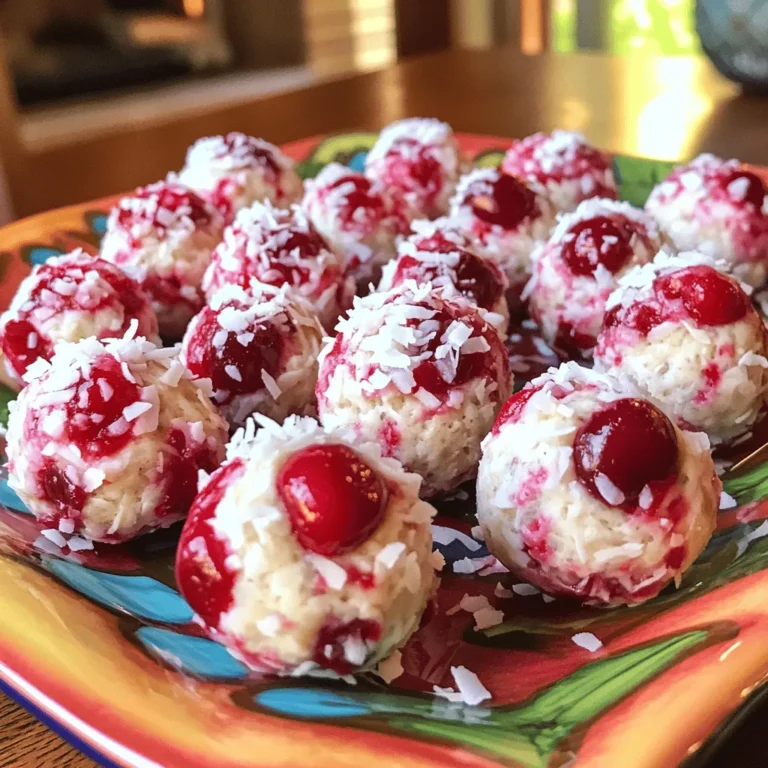 - 1 cup pitted and chopped fresh cherries - 1 cup unsweetened shredded coconut - 1 cup rolled oats - 1/4 cup vanilla protein powder - 1/2 cup almond butter (or any nut butter you prefer) - 1/4 cup honey or maple syrup - 1 teaspoon vanilla extract - Pinch of sea salt For the Cherry Coconut Protein Bites, fresh ingredients are key. I love using ripe cherries because they add a burst of flavor. Chopping them finely helps mix them well into the bites. Shredded coconut gives a nice chew and adds natural sweetness without extra sugar. The dry ingredients include rolled oats and vanilla protein powder. The oats give a hearty base that keeps you full. The protein powder boosts the nutrition. You can choose any flavor you like, but vanilla pairs perfectly with the cherries. Now for the binding ingredients. Almond butter or any nut butter holds everything together. Honey or maple syrup adds sweetness and moisture. The vanilla extract enhances the flavor, while a pinch of sea salt balances the sweetness. This combination creates a delicious and nutritious snack. You can find the full recipe [here](#). Start by gathering your dry ingredients. In a large bowl, combine: - 1 cup rolled oats - 1/4 cup vanilla protein powder - 1 cup unsweetened shredded coconut - Pinch of sea salt Stir these ingredients well until they blend nicely. This mix forms a solid base for your protein bites. Next, make the binding mixture. In a separate bowl, blend together: - 1/2 cup almond butter (or your favorite nut butter) - 1/4 cup honey or maple syrup - 1 teaspoon vanilla extract Mix these until smooth and creamy. This mixture will help hold your bites together. Now comes the fun part! Pour the almond butter mixture over your dry ingredients. Mix everything well until they are fully combined. Carefully fold in: - 1 cup pitted and chopped fresh cherries Make sure the cherries are evenly spread throughout the mixture. Using your hands, shape the mixture into small balls, about 1 inch in size. If your mixture feels too sticky, wet your hands slightly. This will help you form the bites with ease. Place each formed bite on a parchment-lined baking sheet or plate. To let them set, refrigerate the bites for at least 30 minutes. This step firms them up, making them perfect for snacking. You can find the full recipe for these delicious Cherry Coconut Protein Bites to create your nutritious snack! To make your Cherry Coconut Protein Bites less sticky, you can try a few tricks. If the mixture is too wet, add more rolled oats or shredded coconut. This helps absorb extra moisture. When forming the bites, dampen your hands with a little water. This simple step prevents sticking and makes shaping easier. Also, if you chill the mixture for about 10 minutes before forming, it will firm up. This makes it easier to handle. When serving these bites, presentation matters! Arrange them on a colorful platter to make them pop. You can use fresh cherries and a sprinkle of shredded coconut as fun garnishes. Try placing the bites in neat rows or in a circular pattern. This adds a nice touch and invites people to enjoy them. A bright and cheerful display makes these bites even more appealing at parties or snack times. Cherries and coconut pack a nutritional punch. Cherries are rich in vitamins and antioxidants. They help reduce inflammation and support heart health. Coconut provides healthy fats that can boost energy. Plus, it may help improve digestion. Together, they make these bites not only tasty but also nutritious. With each bite, you enjoy flavor and health benefits. These bites are a smart snack choice for any time of day. For the full recipe, check out the earlier section. {{image_2}} You can change the taste of your Cherry Coconut Protein Bites easily. Swap out the cherries for other fruits. Dried cranberries or diced apples work great. You can also try different nut butters. Peanut butter or cashew butter add unique flavors. Instead of honey, use maple syrup or agave for sweetness. Each choice brings a new twist to the bites. Want to make these bites vegan? Just replace honey with maple syrup. Use a plant-based protein powder too. For a gluten-free option, choose gluten-free oats. This way, you keep the bites healthy and tasty for everyone. Feel free to add extras to your bites. Chia seeds or flaxseeds boost nutrition and texture. Dark chocolate chips add sweetness and richness. A pinch of cinnamon or nutmeg brings warmth to the flavor. You can mix and match based on what you like. Each variation makes these protein bites special and fun. Enjoy exploring different combinations with the full recipe! To keep your Cherry Coconut Protein Bites fresh, store them in an airtight container. This will help maintain their taste and texture. Make sure to place the container in the fridge. The cool temperature keeps the bites firm and safe to eat. Avoid leaving them at room temperature for too long. If they get warm, they may become too sticky. You can enjoy your homemade Cherry Coconut Protein Bites for up to one week. After a week, they might lose their flavor and texture. For the best taste, try to eat them fresh. If you notice any odd smells or changes in texture, it's best to toss them out. Freshness matters for both taste and health. Want to save some bites for later? You can freeze them! First, place the protein bites on a baking sheet in a single layer. Freeze them for about 2 hours, or until solid. Once frozen, transfer the bites to a freezer-safe bag or container. They can last up to three months in the freezer. When you want to enjoy them, take out the desired amount. Let them thaw in the fridge for a few hours or overnight. Enjoy your tasty snack anytime! For the full recipe, check out the details above. Cherry Coconut Protein Bites can last up to one week in the fridge. Keep them in an airtight container to keep them fresh. If you're like me and love to snack on these bites, you'll want to enjoy them within this time frame for the best flavor and texture. Yes, you can use frozen cherries! Just remember to thaw them first. This way, you will avoid excess moisture in your mixture. They will still offer that sweet, fruity taste you want in your protein bites. If you don’t have almond butter, feel free to use any nut or seed butter. Options like peanut butter or sunflower seed butter work great. Each choice will add a unique flavor while still binding your bites nicely. Absolutely! These protein bites are perfect for meal prep. You can make a big batch and store them for quick snacks during the week. They are easy to grab and are full of good energy, making them a smart choice for busy days. For the full recipe, check out the steps provided above. In this article, we explored how to make Cherry Coconut Protein Bites. We reviewed fresh and dry ingredients, such as cherries and oats. You learned the step-by-step process to create these tasty bites. Tips for texture and serving ideas helped enhance your experience. Don’t forget to customize your bites with your favorite flavors. Store them properly to keep them fresh. Enjoy the health benefits while satisfying your sweet tooth! These bites are simple, tasty, and perfect for any time.