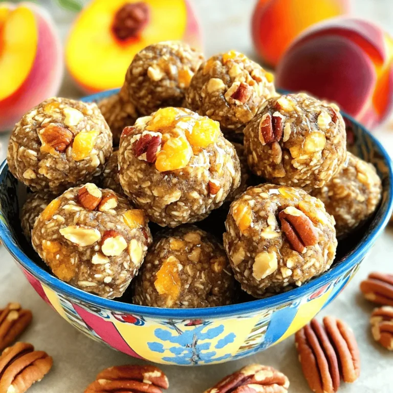 To make Peach Pecan Energy Bites, you need some key ingredients. Here's what you'll need: - 1 cup rolled oats - 1/2 cup dried peaches, chopped - 1/2 cup pecans, finely chopped - 1/4 cup honey or maple syrup - 1/4 cup almond butter - 1/2 teaspoon cinnamon - Pinch of salt These ingredients create a tasty and nutritious snack. The oats give a good base, while the dried peaches add sweetness. Pecans bring crunch and healthy fats. Honey or maple syrup serves as a natural sweetener, making the bites sticky. Almond butter adds creaminess and flavor. You can also add some fun extras to your energy bites. Here are a few ideas: - 1/4 cup mini chocolate chips - 1/4 cup chia seeds These optional ingredients can boost flavor and texture. Chocolate chips add sweetness and a rich taste. Chia seeds provide a nice crunch and extra nutrition. Feel free to mix and match based on your taste. If you want to switch things up, there are other options. Instead of almond butter, try: - Peanut butter - Cashew butter - Sunflower seed butter For sweeteners, you can use: - Agave syrup - Coconut sugar - Brown rice syrup These alternatives can change the flavor while keeping the recipe healthy. Choose what you like best or what you have at home. Check the full recipe for more details on how to prepare these delicious energy bites! Start by gathering your ingredients. You will need: - 1 cup rolled oats - 1/2 cup dried peaches, chopped - 1/2 cup pecans, finely chopped - 1/4 cup honey or maple syrup - 1/4 cup almond butter - 1/2 teaspoon cinnamon - Pinch of salt - Optional: 1/4 cup mini chocolate chips or chia seeds Make sure to chop the dried peaches and pecans into small pieces. This helps them mix well into the bites. In a large bowl, combine the rolled oats, chopped dried peaches, and finely chopped pecans. Stir them together until mixed. In another bowl, add the honey or maple syrup with the almond butter. Mix them until the texture is smooth. Next, add the cinnamon and a pinch of salt. Stir this mixture until all the ingredients blend well. Now, pour the wet mix into the dry ingredients. Use a spatula or spoon to combine them. The mix should feel sticky but easy to handle. If you want to add extra texture, fold in mini chocolate chips or chia seeds at this stage. Once the mixture is well combined, put it in the fridge for about 30 minutes. This will help it firm up. After chilling, take small amounts and roll them into balls, about 1 inch in size. Place them on a baking sheet lined with parchment paper. After you shape all the bites, put the baking sheet back in the fridge for another 15 minutes. This final chill helps them set perfectly. Store your energy bites in an airtight container in the fridge for up to a week. Enjoy your tasty, quick snack! To get the best texture in your Peach Pecan Energy Bites, keep these tips in mind: - Use fresh rolled oats for a chewy feel. - Chop the dried peaches and pecans into small, even pieces. This helps with mixing and texture. - Ensure your almond butter is smooth and creamy. This helps the mixture stick together. - If your mix feels dry, add a bit more honey or nut butter. It should be sticky but manageable. Mistakes can happen, but you can avoid them with a few simple steps: - Don’t skip the chilling step. This helps the bites firm up for easy rolling. - Mix the wet and dry ingredients well. You want every bite to have the same flavor. - If you skip the salt, your bites may taste bland. A pinch is key for flavor. - Avoid overmixing after adding the wet to the dry. It can make the bites tough. Serving your energy bites can be fun and creative. Here are some ideas: - Place the bites in a colorful bowl for a bright display. - Add fresh peach slices and pecans around the bites for a lovely touch. - Pair them with yogurt or nut milk for a quick breakfast. - Enjoy them as a post-workout snack; they are great for refueling. For the full recipe, check out the detailed instructions above. {{image_2}} You can swap dried peaches for other dried fruits. Try dried apricots or cranberries. These fruits add unique flavors. For a tropical twist, use dried mango or pineapple. Each fruit brings its own taste and texture. You can also adjust the sweetness based on your choice. Pecans are great, but feel free to try other nuts. Walnuts add a rich flavor and crunch. Almonds give a nice texture and taste. If you like a buttery flavor, use cashews. Each nut changes the energy bite's overall profile. You can mix nuts for even more fun. For a protein boost, mix in protein powder. A scoop of vanilla or chocolate works well. If you prefer seeds, try chia or flaxseeds. These seeds add fiber and omega-3s. They also help keep your bites filling. You can adjust the amount based on your needs. For the full recipe, check the earlier section. Enjoy making these energy bites your own! To keep your Peach Pecan Energy Bites fresh, store them in an airtight container. This helps lock in moisture and flavor. You can use a glass jar or plastic container. Make sure to keep them in the fridge. This keeps them safe to eat for longer. These energy bites last about a week in the fridge. If you want them to last longer, you can freeze them. Just place the bites in a freezer-safe bag. They can stay fresh for up to three months in the freezer. When you want to eat one, just take it out and let it thaw. Check your energy bites for any changes. If they smell off or have a strange color, they may be bad. Look for mold or a dry texture. If you see any of these signs, it’s best to toss them. Always trust your senses when it comes to food safety. To make Peach Pecan Energy Bites vegan, simply replace honey with maple syrup. This keeps the sweet flavor while making it plant-based. Use almond butter or any nut butter that is vegan-friendly. Check the labels to ensure they do not contain any animal products. You can use fresh peaches, but they will change the texture. Fresh peaches have more water, making the bites less firm. If you still want to use fresh peaches, chop them small and reduce other liquids in the recipe. You may need to adjust the oats to keep the bites from being too wet. Peach Pecan Energy Bites provide energy and nutrients. Each bite has good fats from pecans and protein from nut butter. The oats add fiber, while dried peaches offer natural sugars and vitamins. On average, each bite has around 80-100 calories, depending on portion size and ingredients. For the full recipe, you can check the detailed nutritional breakdown. You can make delicious Peach Pecan Energy Bites with ease. We covered key ingredients and steps to mix them. Tips help you avoid mistakes and get the perfect texture. Variations let you try new flavors and nutrients. For storage, keep them fresh and tasty. Remember, these bites are a fun and healthy snack option. Enjoy your cooking and feel free to experiment!