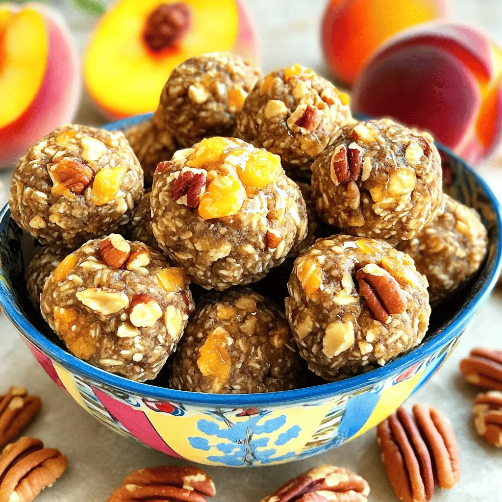 To make Peach Pecan Energy Bites, you need some key ingredients. Here's what you'll need: - 1 cup rolled oats - 1/2 cup dried peaches, chopped - 1/2 cup pecans, finely chopped - 1/4 cup honey or maple syrup - 1/4 cup almond butter - 1/2 teaspoon cinnamon - Pinch of salt These ingredients create a tasty and nutritious snack. The oats give a good base, while the dried peaches add sweetness. Pecans bring crunch and healthy fats. Honey or maple syrup serves as a natural sweetener, making the bites sticky. Almond butter adds creaminess and flavor. You can also add some fun extras to your energy bites. Here are a few ideas: - 1/4 cup mini chocolate chips - 1/4 cup chia seeds These optional ingredients can boost flavor and texture. Chocolate chips add sweetness and a rich taste. Chia seeds provide a nice crunch and extra nutrition. Feel free to mix and match based on your taste. If you want to switch things up, there are other options. Instead of almond butter, try: - Peanut butter - Cashew butter - Sunflower seed butter For sweeteners, you can use: - Agave syrup - Coconut sugar - Brown rice syrup These alternatives can change the flavor while keeping the recipe healthy. Choose what you like best or what you have at home. Check the full recipe for more details on how to prepare these delicious energy bites! Start by gathering your ingredients. You will need: - 1 cup rolled oats - 1/2 cup dried peaches, chopped - 1/2 cup pecans, finely chopped - 1/4 cup honey or maple syrup - 1/4 cup almond butter - 1/2 teaspoon cinnamon - Pinch of salt - Optional: 1/4 cup mini chocolate chips or chia seeds Make sure to chop the dried peaches and pecans into small pieces. This helps them mix well into the bites. In a large bowl, combine the rolled oats, chopped dried peaches, and finely chopped pecans. Stir them together until mixed. In another bowl, add the honey or maple syrup with the almond butter. Mix them until the texture is smooth. Next, add the cinnamon and a pinch of salt. Stir this mixture until all the ingredients blend well. Now, pour the wet mix into the dry ingredients. Use a spatula or spoon to combine them. The mix should feel sticky but easy to handle. If you want to add extra texture, fold in mini chocolate chips or chia seeds at this stage. Once the mixture is well combined, put it in the fridge for about 30 minutes. This will help it firm up. After chilling, take small amounts and roll them into balls, about 1 inch in size. Place them on a baking sheet lined with parchment paper. After you shape all the bites, put the baking sheet back in the fridge for another 15 minutes. This final chill helps them set perfectly. Store your energy bites in an airtight container in the fridge for up to a week. Enjoy your tasty, quick snack! To get the best texture in your Peach Pecan Energy Bites, keep these tips in mind: - Use fresh rolled oats for a chewy feel. - Chop the dried peaches and pecans into small, even pieces. This helps with mixing and texture. - Ensure your almond butter is smooth and creamy. This helps the mixture stick together. - If your mix feels dry, add a bit more honey or nut butter. It should be sticky but manageable. Mistakes can happen, but you can avoid them with a few simple steps: - Don’t skip the chilling step. This helps the bites firm up for easy rolling. - Mix the wet and dry ingredients well. You want every bite to have the same flavor. - If you skip the salt, your bites may taste bland. A pinch is key for flavor. - Avoid overmixing after adding the wet to the dry. It can make the bites tough. Serving your energy bites can be fun and creative. Here are some ideas: - Place the bites in a colorful bowl for a bright display. - Add fresh peach slices and pecans around the bites for a lovely touch. - Pair them with yogurt or nut milk for a quick breakfast. - Enjoy them as a post-workout snack; they are great for refueling. For the full recipe, check out the detailed instructions above. {{image_2}} You can swap dried peaches for other dried fruits. Try dried apricots or cranberries. These fruits add unique flavors. For a tropical twist, use dried mango or pineapple. Each fruit brings its own taste and texture. You can also adjust the sweetness based on your choice. Pecans are great, but feel free to try other nuts. Walnuts add a rich flavor and crunch. Almonds give a nice texture and taste. If you like a buttery flavor, use cashews. Each nut changes the energy bite's overall profile. You can mix nuts for even more fun. For a protein boost, mix in protein powder. A scoop of vanilla or chocolate works well. If you prefer seeds, try chia or flaxseeds. These seeds add fiber and omega-3s. They also help keep your bites filling. You can adjust the amount based on your needs. For the full recipe, check the earlier section. Enjoy making these energy bites your own! To keep your Peach Pecan Energy Bites fresh, store them in an airtight container. This helps lock in moisture and flavor. You can use a glass jar or plastic container. Make sure to keep them in the fridge. This keeps them safe to eat for longer. These energy bites last about a week in the fridge. If you want them to last longer, you can freeze them. Just place the bites in a freezer-safe bag. They can stay fresh for up to three months in the freezer. When you want to eat one, just take it out and let it thaw. Check your energy bites for any changes. If they smell off or have a strange color, they may be bad. Look for mold or a dry texture. If you see any of these signs, it’s best to toss them. Always trust your senses when it comes to food safety. To make Peach Pecan Energy Bites vegan, simply replace honey with maple syrup. This keeps the sweet flavor while making it plant-based. Use almond butter or any nut butter that is vegan-friendly. Check the labels to ensure they do not contain any animal products. You can use fresh peaches, but they will change the texture. Fresh peaches have more water, making the bites less firm. If you still want to use fresh peaches, chop them small and reduce other liquids in the recipe. You may need to adjust the oats to keep the bites from being too wet. Peach Pecan Energy Bites provide energy and nutrients. Each bite has good fats from pecans and protein from nut butter. The oats add fiber, while dried peaches offer natural sugars and vitamins. On average, each bite has around 80-100 calories, depending on portion size and ingredients. For the full recipe, you can check the detailed nutritional breakdown. You can make delicious Peach Pecan Energy Bites with ease. We covered key ingredients and steps to mix them. Tips help you avoid mistakes and get the perfect texture. Variations let you try new flavors and nutrients. For storage, keep them fresh and tasty. Remember, these bites are a fun and healthy snack option. Enjoy your cooking and feel free to experiment!
