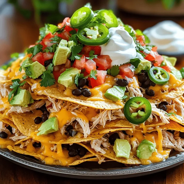 To make loaded chicken nachos, you need some key items. Here’s what you’ll need: - 2 cups cooked chicken, shredded - 1 bag (12 oz) tortilla chips - 1 cup shredded cheddar cheese - 1 cup shredded Monterey Jack cheese - 1 cup black beans, rinsed and drained - 1 jalapeño, thinly sliced - 1 medium tomato, diced - 1/4 cup red onion, finely chopped - 1/4 cup fresh cilantro, chopped - 1 avocado, diced - 1/2 cup sour cream - 1/4 cup pickled jalapeños (optional) These ingredients create a tasty, layered dish that will please any crowd. Each item adds a unique flavor and texture, making every bite a delight. You can customize your nachos with optional toppings. Here are some great choices: - Sliced olives - Fresh lime juice - Sliced green onions - Crumbled queso fresco - Hot sauce These toppings can add extra flavor and a fresh twist. Feel free to mix and match based on what you love. To enhance the taste, use simple seasonings and oils. I recommend: - 1 tablespoon olive oil - Salt and pepper to taste The olive oil helps the onions cook and adds flavor. Salt and pepper bring out the taste of the chicken and other ingredients. You can always adjust the seasoning to suit your palate. For the full recipe, check out the instructions to see how to combine these delicious ingredients into a stunning dish. Start by gathering all your ingredients. You will need cooked chicken, tortilla chips, cheese, and more. I always use shredded chicken for this dish. It mixes well with all the toppings. 1. Heat olive oil in a skillet over medium heat. 2. Add finely chopped red onion. Cook for about 3-4 minutes until it is soft. 3. Mix in the shredded chicken, salt, and pepper. Stir until it is warm. Now it’s time to build your nachos. This is where the fun begins! 1. Take a large baking sheet and spread the tortilla chips evenly. 2. Add half of the chicken mixture on top of the chips. 3. Next, sprinkle half of the black beans, diced tomatoes, and sliced jalapeños. 4. Top it off with half of the cheddar and Monterey Jack cheese. 5. Repeat this layering process with the remaining ingredients. You will create two delicious layers. Baking the nachos is quick and easy. 1. Preheat your oven to 350°F (175°C). 2. Once layered, place the nachos in the oven. 3. Bake for about 10-15 minutes. Look for the cheese to melt and bubble. 4. After baking, take them out and let them cool for a few minutes. 5. Top with diced avocado, fresh cilantro, and a dollop of sour cream. 6. If you like it spicy, add pickled jalapeños on top. This recipe provides a flavor explosion you won't forget. For the full recipe, check the details above. Enjoy every crunchy bite! You can make your nachos unique by adding different toppings. Try using ground beef or turkey for a hearty twist. You can also add sautéed peppers for some crunch. Want a fresh touch? Top with fresh salsa or guacamole. You can even switch the cheese! Use pepper jack for a spicy kick. Mix and match until you find your favorite combo! To get that gooey, melted cheese, layer it well. Use a mix of cheeses, like cheddar and Monterey Jack. This blend gives great flavor and texture. When baking, keep an eye on the time. You want the cheese to melt but not burn. If your oven runs hot, check your nachos early. A perfectly melted cheese layer makes a big difference! Want to prepare in advance? You can make the chicken mix ahead of time. Just store it in the fridge until you're ready. When party time comes, layer the chips and toppings. Bake them just before serving for the best taste. If you want to keep things warm, use a slow cooker. That way, guests can enjoy fresh nachos all night! Check out the Full Recipe for more detailed steps. {{image_2}} You can make loaded nachos without meat. Just swap the chicken for veggies. I love using black beans, corn, and bell peppers. These ingredients add great taste and color. Top with the same cheeses and fresh toppings. You won't miss the meat! For a kick, add more spice! Use spicy chicken or add hot sauce to the chicken mix. I recommend using pepper jack cheese for extra heat. You can also add sliced jalapeños on top. This gives your nachos a fiery burst of flavor. Try BBQ chicken for a sweet and tangy twist. Mix shredded chicken with BBQ sauce before layering. Top with red onions and corn for crunch. This variation pairs well with cheddar cheese. The smoky flavor makes these nachos a crowd favorite. For the full recipe, check out the Loaded Chicken Nachos section. To keep your loaded chicken nachos fresh, store them right away. Place leftovers in an airtight container. Refrigerate them for up to three days. If you leave them out for too long, they can get soggy and lose flavor. When you're ready to enjoy leftovers, you can reheat them easily. Preheat your oven to 350°F (175°C). Spread the nachos on a baking sheet. Bake for about 10 minutes. This helps the cheese melt again without making the chips too soft. If you prefer, you can also use a microwave. Place a damp paper towel over the nachos to keep them from drying out. Heat for about 30 seconds to 1 minute. You can freeze loaded chicken nachos, but it's best to do it before baking. Assemble the nachos as usual, but do not bake them. Wrap them tightly in plastic wrap and then foil. Label and date the package. Store in the freezer for up to two months. When you're ready to eat, thaw them in the fridge overnight. Then, bake as directed in the Full Recipe to enjoy that fresh, delicious flavor! Yes, you can make Loaded Chicken Nachos in an air fryer. Air frying gives your nachos a crispy edge. To do this, layer your nachos in a single layer in the air fryer basket. Set it to 350°F (175°C) for about 5-7 minutes. Check to see if the cheese melts and the edges turn golden. You may need to do this in batches depending on your air fryer size. Shredded rotisserie chicken works best for Loaded Chicken Nachos. It saves time and adds great flavor. You can also use grilled chicken or leftover baked chicken. Just make sure the chicken is cooked thoroughly and shredded into bite-sized pieces. This helps it mix well with the other toppings. To keep your nachos crispy, layer your toppings wisely. Start with a base of chips, then add a layer of cheese, followed by your chicken and beans. Add more cheese on top to create a barrier. This keeps moisture from soaking into the chips. Serve your nachos right after baking. Enjoy them fresh for the best crunch! For the full recipe, check out the details above! Loaded chicken nachos are fun, tasty, and easy to make. We covered key ingredients, like cheese, chicken, and toppings, to build your perfect dish. I shared steps to prep, layer, bake, and serve. You now have tips for customizing your nachos and making them ahead for parties. Want to try new flavors? Don't miss the variations, like vegetarian and BBQ chicken nachos. Store leftovers properly and enjoy them later. With these insights, you can create delicious nachos every time. Enjoy your cooking adventure!
