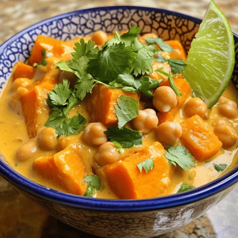 - 2 medium sweet potatoes, cubed - 1 can (15 oz) chickpeas, drained and rinsed - 1 large onion, diced - 2 cloves garlic, minced - 1 tablespoon ginger, grated - 1 can (14 oz) coconut milk - 1 tablespoon red curry paste - 1 tablespoon vegetable oil - 1 teaspoon cumin - 1 teaspoon turmeric - Salt and pepper to taste Sweet potatoes bring a natural sweetness to the curry. They add texture and nutrients. Chickpeas provide protein and fiber, making the dish hearty. Onions, garlic, and ginger build a flavorful base. Coconut milk adds creaminess and balances the spices. Red curry paste gives it that warm, spicy kick. Cumin and turmeric deepen the flavors and add health benefits. - Fresh cilantro, chopped (for garnish) - Juice of 1 lime - Cooked rice or quinoa (for serving) Adding fresh cilantro gives a pop of color and freshness. The lime juice brightens the dish, adding tanginess. Serving over rice or quinoa makes for a filling meal. Each serving has about 350 calories. It contains 12 grams of protein, 60 grams of carbs, and 10 grams of fat. This dish is vegan and gluten-free, making it suitable for many diets. For the full recipe, check out the section labeled Full Recipe. - Step 1: Sauté the onion Start by heating the vegetable oil in a large pot over medium heat. Add the diced onion and sauté it for about five minutes. You want the onion to soften and turn translucent. This step builds a tasty base for your curry. - Step 2: Add garlic and ginger Next, stir in the minced garlic and grated ginger. Cook these for one minute until they become fragrant. This adds a wonderful aroma that makes your kitchen smell great. - Step 3: Incorporate sweet potatoes and spices Now, add the cubed sweet potatoes to the pot. Stir in the cumin and turmeric. Cook this mixture for about five minutes. You want the sweet potatoes to caramelize slightly, enhancing their natural sweetness. - Step 4: Mix in curry paste After that, mix in the red curry paste. Make sure the sweet potatoes are well-coated. Cook everything for another two minutes. This step really brings out the flavors and makes the dish vibrant. - Step 5: Add coconut milk and chickpeas Pour in the coconut milk and add the rinsed chickpeas. Stir well to combine all the ingredients. This will give your curry a creamy texture and a rich flavor. - Step 6: Simmer and season with lime juice Bring the mixture to a gentle simmer. Cover the pot and let it cook for 15-20 minutes, or until the sweet potatoes are tender. Finally, season with salt and pepper to taste. Stir in the lime juice for a zesty kick. This adds brightness to your dish. For the full recipe, refer to the earlier section. To get the right consistency for your sweet potato chickpea curry, make sure to simmer it gently. If it feels too thick, add a splash of water or broth. Stir it well to combine. For spice lovers, you can adjust the heat by adding more red curry paste or a pinch of cayenne pepper. Always taste as you go! When choosing sweet potatoes, look for firm ones with smooth skin. Avoid any with bruises or soft spots. If you can’t find coconut milk, you can use unsweetened almond milk or cashew cream. These options still give a creamy texture but with a different flavor profile. This curry pairs best with fluffy rice or nutty quinoa. Both absorb the flavors well. To make it a complete meal, add a side of steamed greens or a fresh salad. These add color and crunch to your plate. Enjoy your dish with a wedge of lime for extra zest! For the full recipe, check out the details above. {{image_2}} You can change the flavor of your sweet potato chickpea curry easily. Try adding spices like coriander or paprika for a new twist. Fresh herbs like basil or mint can also brighten up your dish. If you want more veggies, add spinach or bell peppers. They not only add color but also boost nutrition. This recipe is already vegan, but you can make it even better for different diets. For keto, use fewer sweet potatoes and more green veggies. Zucchini or cauliflower can be great swaps. These changes cut carbs while keeping taste. You can serve this curry in many ways. Instead of rice, try couscous or bulgur. These grains add a nice texture and flavor. You can also enjoy it as a stew. Just add more liquid to make it soupy. This way, you get a warm and hearty meal. For the full recipe, check out the details above! To store leftovers, let the curry cool first. Then, place it in an airtight container. You can refrigerate the curry for up to four days. If you want to keep it longer, freeze it in a freezer-safe container. It will last up to three months in the freezer. When you are ready to eat, you can thaw it in the fridge overnight. To reheat the curry, you have a few options. You can use the stove or the microwave. On the stove, heat it on low. Stir often to keep it from sticking. In the microwave, use a microwave-safe bowl. Cover it loosely to allow steam to escape. Heat in short intervals, stirring between each. This method helps keep the flavors fresh and the texture smooth. Preparing this curry in advance is easy and smart. You can make a big batch on the weekend. Then, divide it into portions. Store these in the fridge or freezer for busy nights. Freezing portions means you can enjoy a warm meal anytime. Just remember to thaw and reheat properly for the best taste. For quick meals, serve with rice or quinoa for a complete dish. How do I make Sweet Potato Chickpea Curry more spicy? You can add more red curry paste for heat. You can also include chopped fresh chili peppers. If you like it spicy, sprinkle in some cayenne pepper too. Can I use fresh chickpeas instead of canned? Yes, you can use fresh chickpeas! Just soak them overnight and cook them until tender. This step takes longer, but the flavor is worth it. Is Sweet Potato Chickpea Curry good for meal prep? Absolutely! This curry stores well in the fridge. It also freezes nicely, making it perfect for busy days. Just reheat it when you’re ready to eat. How do I thicken the curry if it's too watery? You can simmer the curry longer to reduce the liquid. Another option is to add a cornstarch slurry. Mix cornstarch with water, then stir it in until thickened. What can I use instead of coconut milk? If you don't have coconut milk, try almond milk or oat milk. These options will change the flavor but still work well. You can also use vegetable broth for a lighter taste. Can I substitute sweet potatoes with regular potatoes? Yes, you can use regular potatoes. They will change the taste and texture, but they will still be delicious. Just cut them into similar-sized pieces for even cooking. How to make it nut-free? This dish is already nut-free! Just ensure your curry paste doesn’t contain nuts. Most brands are safe to use, but it’s good to check the label. Can I add protein, like chicken or tofu? Yes, you can add chicken or tofu for extra protein. If using chicken, cook it first before adding other ingredients. For tofu, you can cube it and add it along with the chickpeas. This blog post covered how to make a delicious Sweet Potato Chickpea Curry. You learned about key ingredients like sweet potatoes, chickpeas, and coconut milk. I shared step-by-step instructions to guide you. You now have tips for storage, meal prep, and customizing your dish. Embrace this recipe and make it your own. Enjoy the tasty flavors and good nutrition in every bite. Happy cooking!