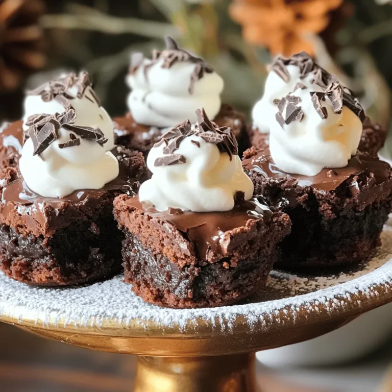 To make the best Triple Chocolate Brownie Bites, you need simple, quality ingredients. Here’s what you’ll need: - 1/2 cup unsalted butter - 1 cup granulated sugar - 2 large eggs - 1 teaspoon vanilla extract - 1/3 cup all-purpose flour - 1/2 cup cocoa powder - 1/4 teaspoon salt - 1/4 teaspoon baking powder - 1/2 cup semi-sweet chocolate chips - 1/2 cup white chocolate chips - 1/2 cup milk chocolate chips These ingredients create a rich, fudgy treat that melts in your mouth. Using unsalted butter gives you control over the saltiness. Granulated sugar adds sweetness and helps with the texture. Large eggs bind the mix together, while vanilla extract enhances the flavor. All-purpose flour and cocoa powder provide the base, giving the bites a lovely chocolate taste. Salt balances the sweetness, and baking powder adds a little lift. The semi-sweet, white, and milk chocolate chips mix in for extra flavor and texture. This blend creates a delightful contrast. For the full recipe, check out the instructions that guide you step-by-step. Enjoy creating these amazing brownie bites! First, preheat your oven to 350°F (175°C). This helps the brownie bites cook evenly. While the oven heats up, grab a mini muffin pan. You can line it with mini muffin liners or grease it with cooking spray. Greasing helps the brownie bites come out easily. Next, let’s melt the butter. Put it in a medium saucepan over low heat. Stir it as it melts. Once it’s all liquid, take it off the heat. Now, add the granulated sugar. Mix until it looks smooth. After that, let it cool a little. Then, add the eggs and vanilla extract. Stir until everything is well combined. In a separate bowl, sift together the all-purpose flour and cocoa powder. This step makes sure there are no lumps. Add the salt and baking powder too. Now, slowly mix this dry mixture with the wet ingredients. Stir gently until just combined. You don’t want to overmix here. Now it’s time to fill the muffin pan. Spoon the brownie batter into each cup. Fill them about 3/4 full for the best rise. Place the pan in the preheated oven. Bake for 10-12 minutes. To check if they are done, insert a toothpick into the center. If it comes out with a few moist crumbs, they are ready. Be careful not to overbake; you want them chewy. After baking, let them cool in the pan for about 5 minutes. Then, transfer them to a wire rack to cool completely. For the full recipe, see the section above. To get that chewy texture, avoid overbaking. Check your brownie bites a bit early. A toothpick should come out with a few moist crumbs. This shows they are done but not too dry. Using room temperature ingredients is key. It helps the butter and sugar blend well. This makes a smoother batter that bakes evenly. You can always add extra chocolate chips to boost flavor. Mixing in a bit of dark chocolate or even flavored chips can add depth. Consider incorporating nuts or spices. Chopped walnuts or pecans add a nice crunch. A pinch of cinnamon or espresso powder can elevate the taste too. Serve these brownie bites on a tiered cake stand. Dust them with powdered sugar for a lovely look. Garnish each bite with a dollop of whipped cream. A sprinkle of chocolate shavings makes them even more inviting. You can also place them in cute cupcake liners for a fun touch. For the full recipe, you can refer to the "Full Recipe" section above. {{image_2}} You can swap chocolate chips to change the taste of your brownie bites. Try dark chocolate chips for a richer flavor. You can also use peanut butter chips for a fun twist. For a fruity touch, consider adding raspberry-flavored chocolate. This lets you explore new flavors while keeping your base recipe intact. If you want gluten-free brownie bites, use gluten-free flour. Almond flour or oat flour works well. These flours provide a nice texture and taste. You can also find gluten-free chocolate chips. Just check the label to ensure they meet your needs. This way, everyone can enjoy these bites. To make vegan brownie bites, replace eggs with flax eggs. Mix one tablespoon of flaxseed meal with two tablespoons of water. Let it sit for a few minutes to thicken. Use plant-based butter instead of regular butter. For a low-sugar version, use a sugar substitute like stevia. This keeps the sweetness without the extra calories. Before you store your brownie bites, let them cool completely. This step helps keep them moist. I recommend cooling them on a wire rack. This allows air to circulate all around the bites. Avoid stacking them while they’re warm, as this can cause them to stick together. When handling the brownie bites, be gentle. Use a spatula to lift them from the pan. If you try to remove them too soon, they might break apart. Wait at least five minutes after baking before removing them from the pan. You can store brownie bites at room temperature for a few days. Place them in an airtight container. If you want them to last longer, refrigerate or freeze them. For refrigeration, keep them in an airtight container for up to one week. For freezing, wrap them tightly in plastic wrap and place them in a freezer bag. They can last up to three months in the freezer. To thaw frozen brownie bites, remove them from the freezer and let them sit at room temperature. This keeps them soft and tasty. If stored properly, brownie bites can last several days. At room temperature, they last about three days. In the fridge, you can enjoy them for a week. If frozen, they are great for about three months. Watch for signs of spoilage. If they smell off or feel dry, it’s best to toss them. Keeping an eye on freshness ensures you enjoy the rich, decadent flavors of your triple chocolate brownie bites. To make your brownie bites chewier, adjust your baking time. Bake them for less time. Start checking at the 10-minute mark. Remove them when a toothpick comes out with a few moist crumbs. You can also add an extra egg yolk. This adds moisture and richness. Yes, you can use dark chocolate instead of semi-sweet. Dark chocolate gives a richer flavor. Just make sure to adjust the sugar in the recipe. Dark chocolate is less sweet than semi-sweet. This may make your bites less sweet overall. If your brownie bites are dry, first check your baking time. Overbaking causes dryness. You can also add a bit more butter next time. This will add moisture. Another tip is to add an extra egg. This helps keep them soft and chewy. You can find pre-made brownie bites at many grocery stores. Look in the bakery section. Some stores may have them in the freezer aisle. You can also check online. Sites like Amazon or specialty dessert shops offer them too. To reheat brownie bites, use your oven or microwave. For the oven, set it to 350°F (175°C). Place the bites on a baking sheet for about 5 minutes. For the microwave, heat them for 10-15 seconds. This keeps them soft and gooey. Enjoy them warm! You now know how to make delicious triple chocolate brownie bites. We covered the key ingredients, step-by-step instructions, and helpful tips. You can personalize your brownies with different chocolate types or dietary options. Store them properly to keep them fresh. Remember, brownies should be fudgy, not dry. With these tricks, your treats will impress everyone. Enjoy baking these bites and sharing them with friends!