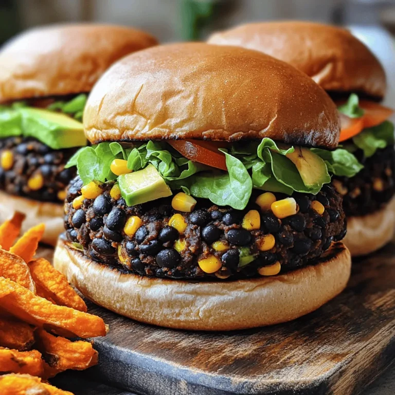 To make your spicy black bean burgers, gather the following ingredients: - 1 can (15 oz) black beans, drained and rinsed - 1/2 cup cooked quinoa - 1/2 cup breadcrumbs (or gluten-free breadcrumbs) - 1/4 cup red onion, finely chopped - 1/4 cup corn kernels (fresh or frozen) - 2 cloves garlic, minced - 1 jalapeño, deseeded and minced - 1 teaspoon cumin - 1 teaspoon smoked paprika - 1/2 teaspoon chili powder - Salt and pepper to taste - 1 tablespoon olive oil (for cooking) - Burger buns - Toppings: avocado slices, lettuce, tomato, spicy mayo (optional) For black beans, I recommend brands like Goya or Bush's. They offer great taste. If you need gluten-free breadcrumbs, try Ian's or Schar. For quinoa, choose brands like Ancient Harvest for consistent quality. You can swap the jalapeño for a milder pepper if you want less heat. For toppings, fresh avocado and spicy mayo elevate the flavor nicely. Black beans are rich in protein and fiber, making them filling. Quinoa adds extra protein and is gluten-free. Red onion gives a sharp taste and is good for your heart. Corn adds sweetness and crunch. Garlic has health benefits, helping to boost your immune system. Olive oil provides healthy fats, which can support heart health. Start by mashing the black beans in a bowl. Use a fork or a potato masher. Leave some chunks for texture. Next, mix in cooked quinoa, breadcrumbs, and chopped red onion. Add corn, minced garlic, and jalapeño for heat. Don't forget the spices! Stir in cumin, smoked paprika, and chili powder. Season with salt and pepper. Keep mixing until everything is well combined. Now it’s time to shape the mixture into patties. You can make 4-6 patties, depending on the size you want. If the mix is too wet, add more breadcrumbs. This helps them hold together. Heat olive oil in a skillet over medium heat. Place the patties in the skillet. Cook each side for 5-6 minutes. Look for a crispy and golden brown color. While the patties cook, toast the burger buns. You can do this in a separate pan or on a grill. Once the patties are ready, it’s time to build your burger. Start with the bottom half of the bun. Place a patty on top. Add your favorite toppings. I love avocado slices, lettuce, tomato, and spicy mayo. This recipe makes a tasty, filling meal that everyone will enjoy. For the full recipe, check the details above. To make the best spicy black bean burgers, use fresh ingredients. Fresh garlic and onion bring out great tastes. Add enough spices to give your burger a kick. Cumin and smoked paprika add depth. If you like heat, use a ripe jalapeño. Remember, you can adjust spices to your taste. You can cook these burgers in two main ways: grilling or pan-frying. Grilling gives a smoky flavor and nice grill marks. To grill, preheat your grill and oil the grates. Cook each patty for about 5-6 minutes. Flip them gently to avoid breaking. Pan-frying also works well. Heat olive oil in a skillet over medium heat. Cook the patties for 5-6 minutes on each side until they are crispy. Avoid over-mashing the black beans. You want some texture in your burger. If the mixture feels too wet, add more breadcrumbs. This helps the patties hold together. Don’t skip letting the burgers cook enough on each side. This ensures a nice golden brown color. Lastly, choose burger buns that can support the toppings without falling apart. Check out the Full Recipe for more tips and details. {{image_2}} You can easily make these black bean burgers vegan. Use flaxseed meal instead of eggs as a binder. Mix 1 tablespoon of flaxseed meal with 2.5 tablespoons of water. Let it sit for a few minutes until it thickens. This will help hold your burgers together nicely. To keep your burgers gluten-free, choose gluten-free breadcrumbs. You can also use crushed gluten-free crackers or oats. Both options work well to bind the ingredients. Always check labels to ensure all ingredients are gluten-free. Toppings can take your burger to the next level. Avocado adds creaminess and healthy fats. Fresh tomatoes bring a juicy bite. Lettuce adds crunch, while spicy mayo gives heat. You can also add pickled jalapeños for extra spice. Try different cheeses or salsas to find your favorite combo. Check out the Full Recipe for more ideas! After making spicy black bean burgers, you may have extras. Store leftover patties in an airtight container. Place parchment paper between layers to prevent sticking. Keep them in the fridge for up to four days. This way, they stay fresh and tasty. To freeze the patties, let them cool completely. Then, place them in a single layer on a baking sheet. Freeze until firm, about one to two hours. Once frozen, transfer them to a freezer-safe bag. They can last up to three months in the freezer. This makes meal prep easy and fun. When you're ready to enjoy your burgers again, reheating is simple. For the best taste, use a skillet over medium heat. Cook each patty for about five minutes on each side. If you prefer, you can also reheat them in the oven at 375°F for about 10-15 minutes. This gives them a nice crisp. Enjoy your meal with fresh toppings from the Full Recipe! Yes, you can use canned black beans. They save time and are easy to find. Just drain and rinse them well. This helps remove extra salt and keeps your burgers fresh. Canned beans work great in the spicy black bean burger recipe. You can tell the burgers are done when they are golden brown on both sides. Cook them for about 5-6 minutes per side. The outside should feel crispy, and the inside should be warm. You can also check the temperature with a food thermometer. Aim for 165°F for a safe bite. If you need a substitute, try using crushed cornflakes or oats. You can also use ground nuts or seeds for a gluten-free option. Just make sure the texture is similar to breadcrumbs. This will help the burgers hold together well. Yes, baking is a great option! Preheat your oven to 375°F. Place the patties on a baking sheet lined with parchment paper. Bake for about 20-25 minutes, flipping halfway through. This method gives you a healthier burger with less oil. This blog post guided you through making spicy black bean burgers. You learned about key ingredients and their nutrition. It also covered steps to prepare, cook, and assemble the burgers. Tips helped you avoid mistakes and explore variations like vegan options. Lastly, I shared storage and reheating advice for leftovers. Enjoy making these delicious, healthy burgers. They are simple to prepare and packed with flavor. Happy cooking!