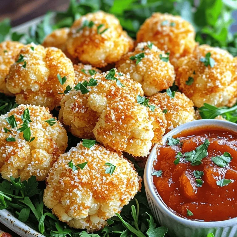 - 1 medium head of cauliflower, cut into bite-sized florets - 1 cup breadcrumbs (preferably panko for extra crunch) - 1/2 cup grated Parmesan cheese - 2 large eggs - 1 teaspoon garlic powder - 1 teaspoon onion powder - 1/2 teaspoon smoked paprika - 1/2 teaspoon salt - 1/4 teaspoon black pepper - 1 tablespoon fresh parsley, chopped (for garnish) - Cooking spray or oil for drizzling Gather these ingredients before starting. Each one plays a key role in making tasty crispy bites. - Each serving has about 180 calories. - You get about 10g of carbs, 8g of protein, and 12g of fat. With these bites, you enjoy a fun snack that's not just tasty but also packs some nutrition. Serve these bites with your favorite dips. Marinara sauce or ranch dressing works great. You can also add fresh veggies on the side for a colorful plate. For a nice touch, plate the crispy cauliflower on greens. This makes the dish look inviting. First, preheat your oven to 425°F (220°C). This high heat will help the bites get crispy. While the oven heats, line a baking sheet with parchment paper. This makes cleanup easy and helps prevent sticking. Next, crack two large eggs into a bowl. Beat them until mixed well. Now, add the bite-sized cauliflower florets to the bowl. Toss them gently so each floret gets a nice coat of egg. This step helps the breadcrumbs stick later. In a separate bowl, mix together the breadcrumbs and grated Parmesan cheese. Add garlic powder, onion powder, smoked paprika, salt, and black pepper. This mixture gives the bites great flavor. Now, take each cauliflower piece from the egg bowl. Let the extra egg drip off before placing it into the breadcrumb mix. Press down gently to ensure the coating sticks well. This step makes a big difference in the final crunch. Once your cauliflower bites are coated, place them on the prepared baking sheet. Keep space between each piece. This allows hot air to circulate and helps them crisp up. Lightly spray or drizzle oil on the florets. This step is key for achieving a golden, crispy texture. Bake them in the oven for 20-25 minutes. Be sure to flip them halfway through. Flipping ensures even cooking and browning. After baking, let them cool slightly. Garnish with fresh parsley for a pop of color. For the full recipe, check out the detailed steps mentioned above. Enjoy these tasty bites! To get that perfect crunch, use cooking spray or a light drizzle of oil. This small step makes a big difference. Ensure you coat each floret evenly. Next, leave space between the pieces on the baking sheet. This helps hot air circulate, making them crispier. If they are too close, they will steam instead of bake. One common mistake is overcrowding the baking sheet. When you pile them too close, they won’t cook well. They need space to get crispy. Another mistake is skipping the resting period after baking. Letting them sit for a few minutes allows them to firm up, enhancing the crispiness. To boost flavor, consider adding spices like cayenne for heat or dried herbs for freshness. Italian seasoning works great too. If you want to switch things up, try using Pecorino Romano or nutritional yeast as a Parmesan alternative. These can add unique flavors to your bites. For the full recipe, check out the detailed steps provided. {{image_2}} You can boost the flavor of your crispy cauliflower bites easily. Adding spices like cayenne gives them a nice kick. Try mixing in Italian herbs for a fresh taste. You can also create fun dips to pair with the bites. A tangy marinara sauce works well. Or, make a creamy ranch dressing for a classic combo. If you want a healthier option, look for gluten-free breadcrumbs. They give the same crunch without the gluten. For a vegan version, use flax eggs instead of regular eggs. Mix one tablespoon of flaxseed meal with three tablespoons of water. Let it sit for five minutes to thicken. This will help bind the ingredients just like eggs do. You can switch up the vegetables in this recipe. Try using broccoli or Brussels sprouts for a new twist. You can also add seasonal herbs for extra flavor. Fresh basil or dill can brighten up the dish. The key is to have fun and experiment with what you have on hand. For the full recipe, check out the main section. To keep your crispy Parmesan cauliflower bites fresh, store them in an airtight container. Place a paper towel at the bottom to soak up any moisture. This helps maintain their crunch. Refrigerate them right after they cool down. They stay good for up to three days. When it's time to enjoy leftovers, the oven is your best friend. Preheat it to 375°F (190°C). Spread the cauliflower bites on a baking sheet. Heat for about 10-15 minutes until they are crispy again. The microwave is not ideal, as it makes them soggy. If you must use it, cover the bites with a damp paper towel. This keeps them from drying out, but they will lose some crunch. You can freeze these bites either before or after cooking. If freezing raw, coat the cauliflower as usual. Place them on a baking sheet to freeze individually. After they are frozen, transfer them to a freezer bag. For frozen cooked bites, let them cool first. Store in an airtight container and eat within a month for best taste. To thaw, leave them in the fridge overnight. Reheat in the oven to restore crispiness. For the full recipe, check your notes! To make these bites, start by preheating your oven to 425°F (220°C). Cut the cauliflower into bite-sized florets. In one bowl, beat the eggs. In another bowl, mix breadcrumbs, Parmesan, garlic powder, onion powder, smoked paprika, salt, and pepper. Toss the cauliflower in the egg, then coat it in the breadcrumb mix. Place them on a baking sheet and drizzle with oil. Bake for 20-25 minutes until crispy and golden. Yes, you can air fry these bites! Set your air fryer to 400°F (200°C). After coating the cauliflower, place them in a single layer in the air fryer basket. Cook for about 15-18 minutes, shaking the basket halfway through. Check for crispiness and adjust time if needed. These bites pair well with many dishes. Here are some ideas: - Marinara sauce for dipping - Ranch dressing - Garlic aioli - Fresh veggie platter - Light salad Crispy Parmesan Cauliflower Bites stay fresh for about 3-4 days in the fridge. To keep them crispy, store them in an airtight container. For the best taste, eat them soon after cooking. In this article, we covered how to make crispy Parmesan cauliflower bites. You learned about the key ingredients, from cauliflower to Parmesan cheese, and the steps required for perfecting the dish. I shared tips for achieving that satisfying crunch, tackling common mistakes, and exploring variations to fit your taste. Finally, we discussed the best ways to store and reheat your leftovers. Enjoy these bites as a snack or side dish. Their flavor and texture make them a hit for any occasion.