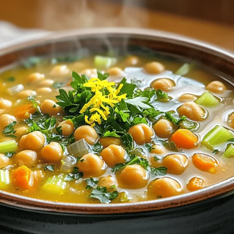To make this hearty soup, you need a few key items. Here’s what you’ll gather: - 1 can (15 oz) chickpeas, rinsed and drained - 1 medium onion, chopped - 4 cloves garlic, minced - 2 medium carrots, diced - 2 stalks celery, diced - 6 cups vegetable broth - 1 large lemon, juiced and zested - 1 teaspoon ground cumin - 1 teaspoon dried thyme - 1 bay leaf - Salt and pepper to taste - 2 tablespoons olive oil - Fresh parsley, chopped (for garnish) These ingredients make the base of the soup. Chickpeas provide protein. The vegetables add texture and flavor. Lemon gives a bright taste, while spices like cumin and thyme bring warmth. If you want to boost the flavor, consider these optional ingredients: - A pinch of red pepper flakes for heat - 1 cup of fresh spinach or kale - 1 tablespoon of nutritional yeast for a cheesy taste - A dash of soy sauce for umami Adding these can personalize your soup. You can play with flavors and adjust to your liking. Lemon Garlic Chickpea Soup packs a punch of nutrients. Each serving is rich in protein and fiber. Here’s a quick look at its nutritional benefits: - Calories: Approximately 250 - Protein: 10g - Fiber: 8g - Fat: 5g - Vitamin A: 80% of daily value - Vitamin C: 40% of daily value This soup is not only tasty but also healthy. It's a comforting choice for any meal. Enjoy the warmth and goodness in every bowl. If you want the complete recipe, check out the Full Recipe. To make Lemon Garlic Chickpea Soup, start by gathering all your ingredients. You need: - 1 can (15 oz) chickpeas, rinsed and drained - 1 medium onion, chopped - 4 cloves garlic, minced - 2 medium carrots, diced - 2 stalks celery, diced - 6 cups vegetable broth - 1 large lemon, juiced and zested - 1 teaspoon ground cumin - 1 teaspoon dried thyme - 1 bay leaf - Salt and pepper to taste - 2 tablespoons olive oil - Fresh parsley, chopped (for garnish) Chop your onion, carrots, and celery. Mince the garlic. Rinse the chickpeas and set them aside. Zest and juice the lemon for later. Heat the olive oil in a large pot over medium heat. Add the chopped onion and sauté for about 5 minutes until it turns soft. Next, add the minced garlic, diced carrots, and celery. Sauté those for another 5-7 minutes, stirring often. Now it’s time to add the chickpeas, ground cumin, dried thyme, and bay leaf. Cook this mixture for 2 minutes. This step helps the spices share their flavors. Then, pour in the vegetable broth and crank up the heat to bring it to a boil. Once it boils, reduce the heat and let it simmer for 20-25 minutes. This simmering lets all the flavors mix well together. After simmering, take out the bay leaf. Stir in the lemon juice and zest. Taste it and adjust the salt and pepper as needed. If you want a creamier soup, use an immersion blender to blend part of the soup. Otherwise, enjoy it as is for a chunkier bite. Serve your Lemon Garlic Chickpea Soup hot. Garnish each bowl with fresh chopped parsley. This adds a nice touch and a pop of color. You can pair this soup with crusty bread or a fresh salad for a complete meal. If you want to explore more, check out the Full Recipe for ideas on variations and enhancements. To boost the taste of your Lemon Garlic Chickpea Soup, try these tips: - Use fresh herbs like thyme or parsley. They add bright flavor. - Squeeze in extra lemon juice for more zing. - Add a pinch of red pepper flakes for a little heat. - Toast your spices in olive oil before adding other ingredients. This brings out their natural oils and enhances the flavor. Avoid these common mistakes to ensure a great soup: - Don't skip the sautéing step. It builds a rich base for the soup. - Overcooking the garlic can make it bitter. Add it after the onion is soft. - Forgetting to remove the bay leaf before serving can lead to an unpleasant bite. - Adding salt too early can make your soup too salty. Wait until the end to adjust seasoning. Pair your soup with these tasty options: - A fresh green salad with lemon vinaigrette. The acidity complements the soup's flavors. - Crusty bread or grilled cheese makes a great side. It adds texture and warmth. - A dollop of yogurt or sour cream adds creaminess. It balances the soup's acidity. - For a fun twist, serve it with a side of spicy roasted chickpeas for crunch. For the complete recipe, refer to the Full Recipe section. {{image_2}} You can easily adapt this soup for different diets. For a gluten-free option, check your broth. Most vegetable broths are gluten-free, but always read labels. If you want a lower-sodium soup, use low-sodium broth and skip the extra salt. For a vegan version, this recipe is already perfect, as it contains no animal products. If you need protein, add more chickpeas or some lentils. Make this soup your own with fun twists. Try adding a pinch of smoked paprika for a warm flavor. You can also include diced potatoes for extra heartiness. If you enjoy spice, add red pepper flakes or diced jalapeños. For a creamy texture, blend part of the soup and stir it back in. This gives it a velvety feel while keeping some chunks. Use seasonal produce to change the soup throughout the year. In spring, toss in fresh peas or asparagus. Summer is perfect for zucchini or fresh corn. In fall, add diced butternut squash for sweetness. During winter, feel free to add kale or spinach for a burst of color and nutrients. These changes keep your soup fresh and exciting, no matter the season. For the full recipe, check out the detailed steps above. To keep your Lemon Garlic Chickpea Soup fresh, let it cool first. Use an airtight container to store it. Place it in the fridge. It stays good for about 3 to 5 days. Always label your containers with the date. This helps you track how long it has been stored. Reheating soup is easy. You can use the stove or microwave. For the stove, pour the soup into a pot. Heat it on medium-low, stirring often until hot. If using the microwave, cover the soup. Heat in 30-second bursts, stirring in between. This helps it heat evenly. Freezing is a good option for longer storage. Pour the cooled soup into freezer-safe bags. Leave some space for expansion. Seal the bags tightly and label them. Soup can last for up to 3 months in the freezer. Thaw it overnight in the fridge before reheating. To make chickpeas tender, soak dry chickpeas overnight in water. This helps them soften. After soaking, drain and rinse them. Then, cook them in boiling water for about 1-2 hours until tender. If you use canned chickpeas, they are already tender. Just rinse and drain them before adding them to your soup. Yes, you can make Lemon Garlic Chickpea Soup ahead of time. This soup stores well in the fridge for up to three days. Just cool it completely before sealing it in an airtight container. When you’re ready to eat, reheat the soup on the stove or in the microwave. To adjust the spiciness, you can add or reduce spices. If you want more heat, add red pepper flakes or cayenne pepper. If you prefer a milder soup, skip these spices. Taste the soup as you go to find the perfect balance for your palate. If you don’t have vegetable broth, you can use water, chicken broth, or mushroom broth. Each option will change the flavor slightly. For a richer taste, add herbs, spices, or a splash of soy sauce to the water. To find similar recipes, search online for "Lemon Garlic Chickpea Soup." You can also explore food blogs or cooking websites for variations. Use keywords like "chickpea soup" or "garlic soup" to discover new ideas and flavors. Enjoy your cooking adventure! This blog post showed you how to make Lemon Garlic Chickpea Soup. We covered essential and optional ingredients, plus their nutrition facts. The step-by-step guide helped you prepare, cook, and serve the soup perfectly. You learned tips to enhance flavor and avoid common mistakes. We discussed fun variations to fit your needs and preferences. Finally, we shared storage tips to keep leftovers fresh. Enjoy creating this healthy soup, and feel free to experiment with flavors!