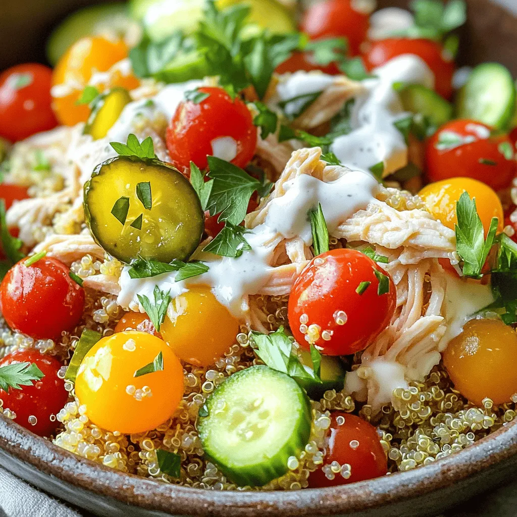 This salad packs a punch with flavors and textures. You can make it quick. The full recipe mixes chicken, quinoa, and pickles for a tasty dish. Here’s what you need to create this delight: - 2 cups cooked quinoa - 1 lb chicken breast, cooked and shredded - 1 cup pickles, diced (dill or sweet, your choice) - 1/2 cup Greek yogurt - 1/4 cup ranch dressing - 1 cup cherry tomatoes, halved - 1 cup cucumber, diced - 1/4 cup red onion, finely chopped - 1/4 cup fresh parsley, chopped - Salt and pepper to taste Each ingredient plays an important role. Quinoa is the base and provides protein. Chicken adds heartiness. Pickles give a fun crunch. Yogurt and ranch dressing create a creamy sauce. Tomatoes bring freshness, while onions add a mild bite. You can switch things up if you want. Here are some ideas: - Add avocado for creaminess - Toss in bell peppers for color - Include corn for sweetness - Use any favorite herbs for extra flavor Feel free to make this salad your own! First, rinse the quinoa in cold water. This helps remove any bitter taste. Then, boil two cups of water in a pot. Add one cup of quinoa to the boiling water. Cover the pot, reduce the heat, and let it simmer for about 15 minutes. You will know it is done when the water is absorbed and the quinoa is fluffy. Once cooked, let it cool while you prepare the chicken and salad. For the chicken, you can use pre-cooked chicken or cook it fresh. If cooking fresh, season the chicken breast with salt and pepper. Cook it in a pan over medium heat for about 15-20 minutes. Make sure it reaches 165°F. Once cooked, let it rest for a few minutes. Then, shred it using two forks. Shredded chicken mixes well with the salad. In a large bowl, combine the cooked quinoa and shredded chicken. Next, add diced pickles, halved cherry tomatoes, diced cucumber, finely chopped red onion, and fresh parsley. Make sure to mix everything well. In a separate bowl, whisk together Greek yogurt and ranch dressing until smooth. Pour this mixture over the salad and add salt and pepper to taste. Gently toss all ingredients until well coated. Let it chill in the fridge for about 15 minutes. You can find the Full Recipe for more details. Enjoy your refreshing meal! To cook quinoa just right, rinse it first. This step washes away the bitter coating. Use a ratio of 1 part quinoa to 2 parts water. Bring the water to a boil, then add the quinoa. Lower the heat, cover, and simmer for 15 minutes. After that, let it sit for 5 minutes before fluffing it with a fork. This method makes fluffy quinoa every time. Chicken breast is great for this salad. It cooks quickly and shreds easily. You can also use thighs for a richer flavor. If you want to save time, buy pre-cooked chicken. Just shred it and mix it in. Make sure the chicken is tender and juicy for the best taste. Store your Pickle Ranch Chicken and Quinoa Salad in an airtight container. It keeps well in the fridge for up to three days. If you have leftovers, separate the dressing from the salad. This keeps everything fresh. When ready to eat, mix in the dressing and enjoy! {{image_2}} To make a vegetarian version, swap the chicken for chickpeas. Use one can of chickpeas, drained and rinsed. This keeps the protein high and the flavor great. You can also add some crumbled feta cheese for extra taste. This change makes the dish filling and tasty. You can add more veggies to your salad. Try bell peppers, shredded carrots, or spinach. These add color and nutrients. Feel free to mix and match based on what you have at home. The key is to keep it fresh and crunchy. You can also add roasted vegetables for a warm twist. If you want to change the flavor, try different dressings. A honey mustard or balsamic vinaigrette works well. For a spicy kick, add some sriracha to the ranch dressing. You can even use tahini for a creamy texture. Each dressing gives the salad a new taste. Play around with flavors to find your favorite! For the full recipe, check out the recipe section above. To keep your Pickle Ranch Chicken and Quinoa Salad fresh, store it in an airtight container. This helps lock in flavor and moisture. Place the container in the fridge right after serving. Avoid leaving it out for too long. If it’s hot outside, try to chill it within two hours. When stored properly, this salad lasts about 3 to 4 days in the fridge. You might notice the pickles and veggies lose some crunch. This is normal but still tasty. If you see any signs of spoilage, like off smells or mold, throw it away. You can enjoy this salad cold, but if you prefer warm, reheating is simple. Just heat it in the microwave for about 30 seconds. Stir halfway through to ensure even warmth. Be careful not to overheat, or the chicken might dry out. If you want to keep it cool, serve it straight from the fridge. For the full recipe, refer to the detailed instructions above. Yes, you can make this salad ahead of time. It tastes even better after sitting. The flavors blend well when chilled in the fridge. Just keep it in a sealed container. Aim to eat it within three days for the best taste. Quinoa is a superfood packed with protein. It has all nine essential amino acids. This makes it a complete protein source. Quinoa also holds a lot of fiber, which aids digestion. Plus, it is rich in vitamins and minerals like magnesium and iron. Eating quinoa can help keep you full and satisfied. To make this salad gluten-free, use certified gluten-free ranch dressing. Most ranch dressings are already gluten-free. Always check the label to be sure. Also, quinoa is naturally gluten-free, making it perfect for this dish. If you want to change the flavor, try other dressings. You can use Greek yogurt mixed with herbs. A vinaigrette made from olive oil and vinegar works well, too. You can even try a spicy yogurt sauce for a kick. Keep experimenting until you find your favorite! For the full recipe, check out the detailed instructions above. This blog post explored the delicious Pickle Ranch Chicken and Quinoa Salad. We covered key ingredients, step-by-step cooking, and ways to make it your own. I shared tips for cooking quinoa and choosing chicken to save time. We also looked at variations, storage, and common questions. In conclusion, this salad is easy to make and fun to customize. Whether you eat it fresh or save some for later, it’s a tasty choice for meals. Enjoy making this dish and feel good about what you eat!