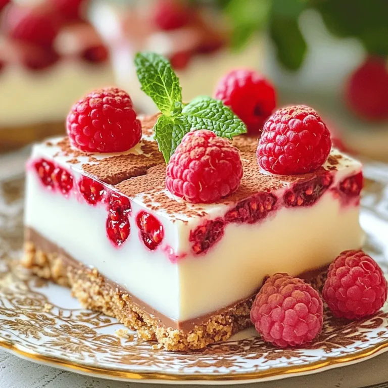 To make No-Bake White Chocolate Raspberry Bars, you need: - 1 cup graham cracker crumbs - 1/2 cup unsweetened shredded coconut - 1/3 cup melted butter - 1 cup white chocolate chips - 1 can (14 oz) sweetened condensed milk - 1 teaspoon vanilla extract - 1 cup fresh raspberries (plus extra for topping) - 1/4 cup unsweetened cocoa powder (for dusting) You can swap out graham cracker crumbs for digestive biscuits if needed. For coconut flakes, you may use finely chopped nuts or oats. If you want to substitute white chocolate, try using dark chocolate or even a dairy-free option. When choosing raspberries, look for ones that are bright and firm. Ripe raspberries have a deep color and a sweet scent. They are usually best in summer but can be found year-round in stores. Selecting fresh fruit makes your dessert taste better! To start, we need to mix the crust ingredients. In a bowl, combine 1 cup of graham cracker crumbs and 1/2 cup of shredded coconut. Then, pour in 1/3 cup of melted butter. Stir until it all comes together nicely. Next, press the crust into the bottom of a lined 8x8 inch baking dish. Make sure it is even and packed down well. This crust will hold the bars together and add a great texture. Now it’s time to make the filling. First, melt 1 cup of white chocolate chips. Use a microwave-safe bowl and heat in 30-second bursts. Stir between each burst until the chocolate is smooth and melted. Once melted, mix in 1 can (14 oz) of sweetened condensed milk and 1 teaspoon of vanilla extract. Stir until everything is well combined. This mixture will be rich and creamy. Now we’ll fold in the raspberries. Take 1 cup of fresh raspberries and gently fold them into the white chocolate mixture. Be careful not to crush them too much; we want to keep the chunks of fruit intact. Pour the white chocolate mixture over the crust in the baking dish. Use a spatula to spread it evenly. This is where the bars start to come together! After pouring, sprinkle extra raspberries on top for a pretty finish. Finally, refrigerate the bars for at least 4 hours or until set. Once set, dust the top lightly with cocoa powder before slicing into squares. For full details, check the Full Recipe. To make these bars shine, pay attention to the chocolate. Avoiding chocolate seizing is key. Always melt white chocolate on low heat. If it gets too hot, it can clump. Stir it often while melting. This keeps the texture smooth. For perfect bars, the texture matters. The crust should be firm but not hard. If it feels too crumbly, add a bit more melted butter. The filling should be creamy and thick. When mixing in raspberries, do it gently. You want to keep the berries whole for bursts of flavor. Serving these bars is part of the fun. Chill them well before serving. I like to plate them on a nice dish. For a pop of color, use fresh raspberries on top. Dusting the bars with cocoa powder adds a nice touch. A mint leaf can brighten the plate too. You can also serve them with a scoop of vanilla ice cream. The cold creaminess pairs well with the sweet bars. Chilling the bars is crucial. They need at least four hours in the fridge. This helps them set properly. For the best taste, eat them cold. When slicing, use a sharp knife. Run it under hot water first. This makes clean cuts and keeps the bars neat. Store any leftovers in an airtight container in the fridge. These no-bake bars can last up to a week. For the full recipe, check out the detailed steps above. {{image_2}} You can add nuts to the mix for a nice crunch. Chopped almonds or walnuts work well. They add texture and flavor. You can also experiment with different fruits. Try strawberries or blueberries for a twist. Each fruit brings its own sweetness and tartness. Mix and match to find your favorite blend. For gluten-free options, use gluten-free graham crackers. This simple swap makes it safe for those with gluten issues. You can also make vegan adaptations. Replace white chocolate with vegan chocolate chips. Use coconut cream instead of sweetened condensed milk. These changes keep the bars creamy and tasty without dairy. Using seasonal fruits can enhance flavor. In summer, fresh peaches or cherries are fantastic. In the fall, consider adding spiced apples. For holiday-themed variations, think of peppermint or eggnog flavors. You can mix in peppermint extract for a festive touch. These twists make the bars special for any occasion. You can find the Full Recipe here to get started on your no-bake creation! To keep the no-bake white chocolate raspberry bars fresh, refrigerate them. Place the bars in an airtight container. This helps to keep moisture out. You can also cover them tightly with plastic wrap. Store them in the fridge for up to one week. This way, they stay cool and tasty. For longer storage, freeze the bars. First, cut them into squares. Wrap each piece in plastic wrap. Then, place them in a freezer-safe bag or container. This protects them from freezer burn. When you want to enjoy them, just remove the bars from the freezer. Let them thaw in the fridge for a few hours. This keeps the texture nice and creamy. When stored properly, these bars last about one week in the fridge. If frozen, they can last up to three months. Just remember to keep them sealed. This helps maintain their flavor and quality. For the full recipe, you can refer back to the earlier section. Enjoy every bite! Yes, you can use frozen raspberries. However, they may change the texture. Frozen raspberries release more juice than fresh ones. This can make your bars a bit mushy. If you use frozen raspberries, try to drain off excess liquid. This way, you keep the bars firm and tasty. You can use other types of chocolate. Milk chocolate or dark chocolate works well. Each choice gives a different taste. Milk chocolate adds sweetness while dark chocolate gives a rich flavor. You can also try using yogurt chips for a tangy twist. Just make sure to melt them as you would with white chocolate. To cut the bars neatly, use a sharp knife. First, chill the bars well. This helps them set firmly. Before slicing, run the knife under hot water. Wipe it dry, then cut the bars. This method helps prevent sticking and makes clean cuts. Yes, you can make these bars ahead of time. They stay fresh in the fridge for about a week. For best results, prepare them a day or two before you need them. This gives the flavors time to blend. You can find the Full Recipe to guide you through the process. To sum up, we discussed how to make delicious raspberry bars. We covered the ingredients and substitutions, focusing on fresh raspberries and their selection. Then, we walked through the preparation steps and offered tips for success. This includes storage methods and variations to try. Explore your creative side with flavors or adjust for dietary needs. With these recipes and tips, you’ll impress everyone who tries your bars. Enjoy baking and savoring these treats!