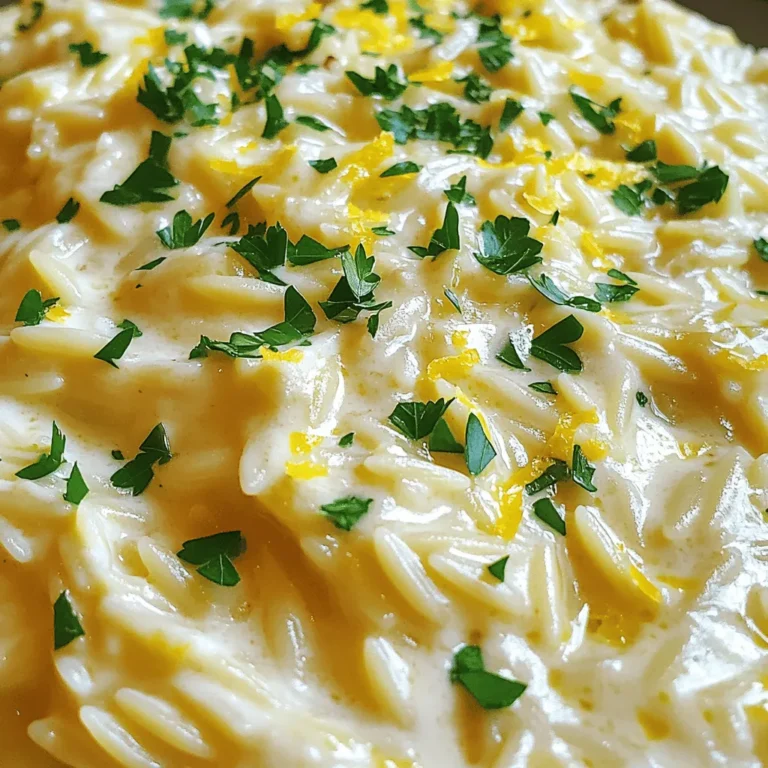 - 1 cup orzo pasta - 2 tablespoons olive oil - 3 cloves garlic, minced - 1 cup vegetable broth - 1 cup heavy cream - Zest of 1 lemon - Juice of 1 lemon - 1/2 cup grated Parmesan cheese - Salt and pepper to taste - Fresh parsley, chopped (for garnish) Each ingredient plays a key role in making the dish shine. The orzo pasta gives the meal its base. Olive oil adds richness and flavor. Garlic brings a fragrant touch, while vegetable broth adds depth. Heavy cream creates that luscious texture. The lemon zest and juice brighten the dish and balance the creaminess. Parmesan cheese adds a salty kick. Lastly, salt and pepper enhance all the flavors, and parsley offers a fresh finish. - Alternative for heavy cream: You can use half-and-half or coconut cream for a lighter option. - Different types of broth: Swap vegetable broth for chicken broth for a richer taste. - Vegan options for cheese: Try nutritional yeast or cashew cheese as a dairy-free substitute. These substitutions can help tailor the dish to your taste or dietary needs. You still get a creamy, flavorful experience without losing the essence of the dish. For more details on preparing this delectable meal, check the Full Recipe. To cook orzo properly, bring a pot of salted water to a boil. Add 1 cup of orzo pasta and stir it gently. Cook for about 8-10 minutes, or until it is al dente. Al dente means the pasta is firm but not hard. After cooking, drain the orzo and set it aside. To achieve that perfect al dente texture, taste the orzo a minute or two before the time is up. If it feels too soft, cook it for a bit less time. Remember not to overcook it, or it will become mushy. To make the sauce, heat 2 tablespoons of olive oil in a large skillet over medium heat. Add the minced garlic, about 3 cloves. Sauté for 1-2 minutes, stirring often. Be careful not to burn the garlic, as it can turn bitter. Simmering the sauce is key for flavor. After adding broth and cream, let it simmer for about 3-4 minutes. This allows the flavors to mix well and the sauce to thicken slightly. When the sauce is ready, add the cooked orzo to the skillet. Mix it well so the orzo gets coated with the creamy sauce. If the mixture looks too thick, add a bit more vegetable broth or cream. This helps to get the right consistency you desire. Stir in the grated Parmesan cheese until it melts into the sauce. This adds creaminess and richness. Adjust the taste with salt and pepper. For the full recipe, check the complete instructions that guide you through these steps. Enjoy your cooking! Cooking orzo seems simple, but there are some key tricks. First, always use salted water. This adds flavor to the orzo as it cooks. Keep an eye on the time. Overcooked orzo turns mushy, so aim for al dente. That means it should still have a slight bite to it. When you drain it, do not rinse. Rinsing washes away the starch, which helps sauce cling. Timing is also key when adding ingredients. Start sautéing the garlic right after boiling the orzo. This way, they finish cooking around the same time. Add the orzo to the sauce quickly after draining. This ensures the pasta absorbs the creamy flavor. Creamy Lemon Garlic Orzo pairs well with many sides. Try it with grilled chicken or sautéed shrimp for protein. Roasted vegetables like asparagus or broccoli add color and crunch. A fresh salad with mixed greens complements the meal nicely. For presentation, serve the orzo in a shallow bowl. This lets the creamy sauce shine. Add a sprinkle of fresh parsley on top for color. A lemon wedge on the side can brighten the dish too. To store leftovers, let the orzo cool first. Place it in an airtight container. It will last in the fridge for up to three days. When reheating, add a splash of broth or cream. This helps restore the creamy texture. You can also freeze the orzo. Divide it into portions and store in freezer bags. It will be good for up to three months. Thaw overnight in the fridge before reheating. Enjoy this dish later without losing flavor! For the Full Recipe, check the section above. {{image_2}} You can make creamy lemon garlic orzo unique with different flavors. - Adding protein: Try adding cooked chicken or shrimp to your dish. This boosts protein and makes it more filling. - Incorporating vegetables: Toss in fresh spinach or sweet peas. These add color and nutrients while enhancing the taste. You can adjust this dish for various diets easily. - Gluten-free version: Use gluten-free orzo or another pasta type. This keeps the flavor while catering to gluten-free needs. - Dairy-free adjustments: Substitute heavy cream with coconut milk or a nut-based cream. Replace Parmesan with a dairy-free cheese for a tasty, creamy effect. Changing a few ingredients can keep things fresh year-round. - Using seasonal herbs or citrus: In spring or summer, try fresh basil or mint. In winter, use thyme or rosemary for a warm touch. - Adapting the recipe: Make it lighter for summer by adding lemon zest and extra veggies. In winter, make it cozy with roasted vegetables. These variations keep the dish exciting and allow you to enjoy creamy lemon garlic orzo in many ways. Don't forget to check out the Full Recipe for more details! Orzo is a small, rice-shaped pasta. It often appears in soups, salads, and main dishes. Its shape makes it great for absorbing flavors. You can use orzo in many dishes, from creamy sides to hearty meals. It cooks quickly, which is perfect for busy cooks. Yes, you can prepare this dish ahead. Cook the orzo and store it separately. Make the sauce and cool it before storage. Keep both in airtight containers in the fridge. When ready to serve, heat the sauce and add the orzo. This method keeps the orzo from getting mushy. To lighten this dish, reduce the heavy cream. You can use half-and-half or a plant-based milk. This change cuts calories while keeping a creamy texture. You can also add more vegetables. Use spinach, kale, or zucchini. They add flavor and nutrients without extra calories. To make creamy lemon garlic orzo, follow these steps: 1. Cook the orzo in boiling salted water until al dente, then drain. 2. Sauté minced garlic in olive oil until fragrant. 3. Add vegetable broth and heavy cream, then simmer for a few minutes. 4. Mix in the cooked orzo, adjusting thickness with broth if needed. 5. Stir in Parmesan cheese, seasoning with salt and pepper. 6. Garnish with parsley and serve warm. This dish serves four and contains: - Calories: 450 per serving - Total Fat: 25g - Saturated Fat: 15g - Protein: 12g - Carbohydrates: 45g These values may vary based on ingredient brands and quantities used. You can find orzo pasta in most grocery stores, often in the pasta aisle. Look for fresh parsley in the produce section. For vegetable broth, check the soup aisle or consider making your own. If you want high-quality olive oil and Parmesan cheese, visit a specialty food store or local farmers' market. In this post, I covered how to make Creamy Lemon Garlic Orzo. You learned about the key ingredients, including orzo, garlic, and cream. I shared cooking tips to avoid mistakes and ensure a great taste. You can adapt the recipe with protein or seasonal veggies. Enjoy storing and reheating leftovers for another meal. Cooking orzo can be fun and simple. With these tips and variations, you’ll impress anyone with your dish!