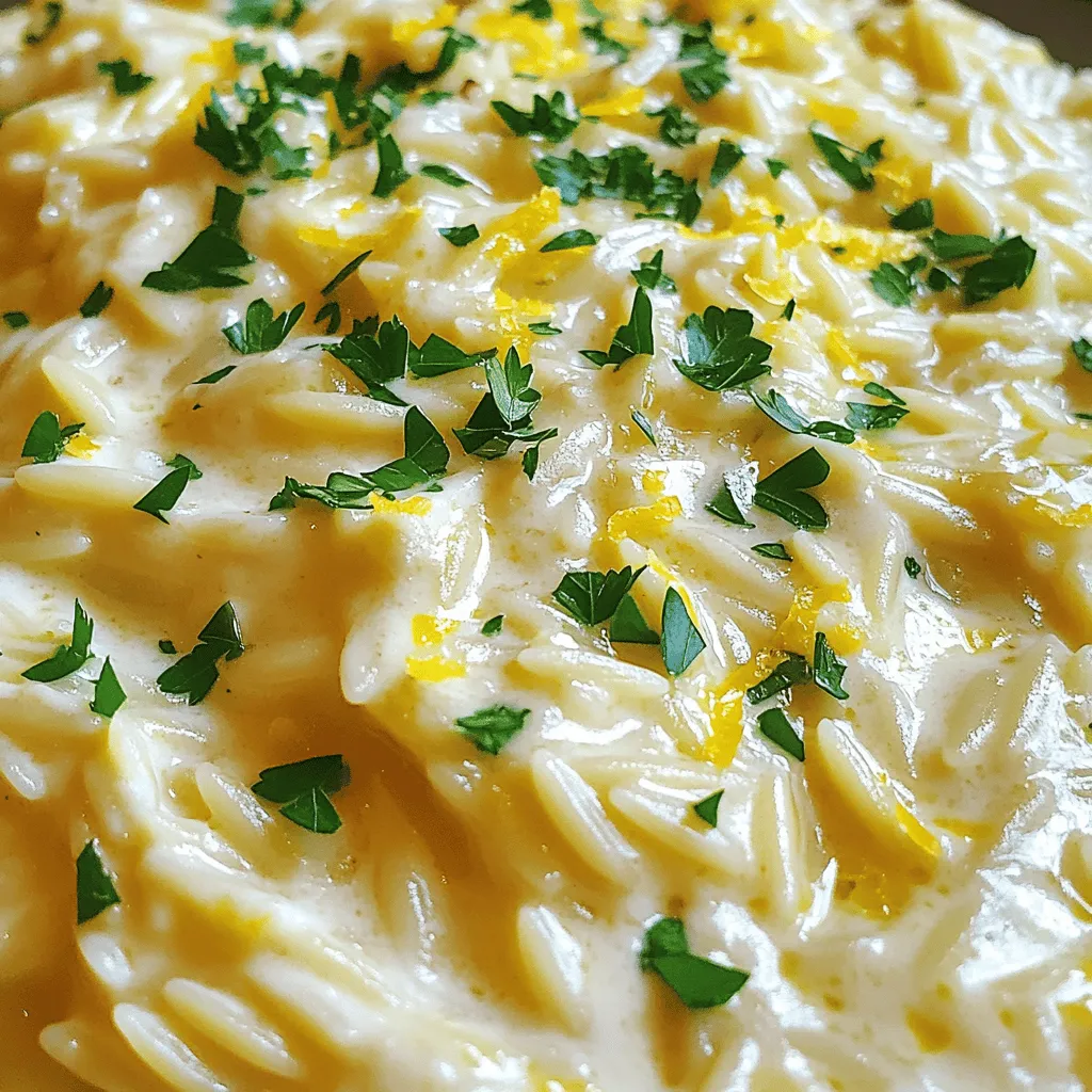 - 1 cup orzo pasta - 2 tablespoons olive oil - 3 cloves garlic, minced - 1 cup vegetable broth - 1 cup heavy cream - Zest of 1 lemon - Juice of 1 lemon - 1/2 cup grated Parmesan cheese - Salt and pepper to taste - Fresh parsley, chopped (for garnish) Each ingredient plays a key role in making the dish shine. The orzo pasta gives the meal its base. Olive oil adds richness and flavor. Garlic brings a fragrant touch, while vegetable broth adds depth. Heavy cream creates that luscious texture. The lemon zest and juice brighten the dish and balance the creaminess. Parmesan cheese adds a salty kick. Lastly, salt and pepper enhance all the flavors, and parsley offers a fresh finish. - Alternative for heavy cream: You can use half-and-half or coconut cream for a lighter option. - Different types of broth: Swap vegetable broth for chicken broth for a richer taste. - Vegan options for cheese: Try nutritional yeast or cashew cheese as a dairy-free substitute. These substitutions can help tailor the dish to your taste or dietary needs. You still get a creamy, flavorful experience without losing the essence of the dish. For more details on preparing this delectable meal, check the Full Recipe. To cook orzo properly, bring a pot of salted water to a boil. Add 1 cup of orzo pasta and stir it gently. Cook for about 8-10 minutes, or until it is al dente. Al dente means the pasta is firm but not hard. After cooking, drain the orzo and set it aside. To achieve that perfect al dente texture, taste the orzo a minute or two before the time is up. If it feels too soft, cook it for a bit less time. Remember not to overcook it, or it will become mushy. To make the sauce, heat 2 tablespoons of olive oil in a large skillet over medium heat. Add the minced garlic, about 3 cloves. Sauté for 1-2 minutes, stirring often. Be careful not to burn the garlic, as it can turn bitter. Simmering the sauce is key for flavor. After adding broth and cream, let it simmer for about 3-4 minutes. This allows the flavors to mix well and the sauce to thicken slightly. When the sauce is ready, add the cooked orzo to the skillet. Mix it well so the orzo gets coated with the creamy sauce. If the mixture looks too thick, add a bit more vegetable broth or cream. This helps to get the right consistency you desire. Stir in the grated Parmesan cheese until it melts into the sauce. This adds creaminess and richness. Adjust the taste with salt and pepper. For the full recipe, check the complete instructions that guide you through these steps. Enjoy your cooking! Cooking orzo seems simple, but there are some key tricks. First, always use salted water. This adds flavor to the orzo as it cooks. Keep an eye on the time. Overcooked orzo turns mushy, so aim for al dente. That means it should still have a slight bite to it. When you drain it, do not rinse. Rinsing washes away the starch, which helps sauce cling. Timing is also key when adding ingredients. Start sautéing the garlic right after boiling the orzo. This way, they finish cooking around the same time. Add the orzo to the sauce quickly after draining. This ensures the pasta absorbs the creamy flavor. Creamy Lemon Garlic Orzo pairs well with many sides. Try it with grilled chicken or sautéed shrimp for protein. Roasted vegetables like asparagus or broccoli add color and crunch. A fresh salad with mixed greens complements the meal nicely. For presentation, serve the orzo in a shallow bowl. This lets the creamy sauce shine. Add a sprinkle of fresh parsley on top for color. A lemon wedge on the side can brighten the dish too. To store leftovers, let the orzo cool first. Place it in an airtight container. It will last in the fridge for up to three days. When reheating, add a splash of broth or cream. This helps restore the creamy texture. You can also freeze the orzo. Divide it into portions and store in freezer bags. It will be good for up to three months. Thaw overnight in the fridge before reheating. Enjoy this dish later without losing flavor! For the Full Recipe, check the section above. {{image_2}} You can make creamy lemon garlic orzo unique with different flavors. - Adding protein: Try adding cooked chicken or shrimp to your dish. This boosts protein and makes it more filling. - Incorporating vegetables: Toss in fresh spinach or sweet peas. These add color and nutrients while enhancing the taste. You can adjust this dish for various diets easily. - Gluten-free version: Use gluten-free orzo or another pasta type. This keeps the flavor while catering to gluten-free needs. - Dairy-free adjustments: Substitute heavy cream with coconut milk or a nut-based cream. Replace Parmesan with a dairy-free cheese for a tasty, creamy effect. Changing a few ingredients can keep things fresh year-round. - Using seasonal herbs or citrus: In spring or summer, try fresh basil or mint. In winter, use thyme or rosemary for a warm touch. - Adapting the recipe: Make it lighter for summer by adding lemon zest and extra veggies. In winter, make it cozy with roasted vegetables. These variations keep the dish exciting and allow you to enjoy creamy lemon garlic orzo in many ways. Don't forget to check out the Full Recipe for more details! Orzo is a small, rice-shaped pasta. It often appears in soups, salads, and main dishes. Its shape makes it great for absorbing flavors. You can use orzo in many dishes, from creamy sides to hearty meals. It cooks quickly, which is perfect for busy cooks. Yes, you can prepare this dish ahead. Cook the orzo and store it separately. Make the sauce and cool it before storage. Keep both in airtight containers in the fridge. When ready to serve, heat the sauce and add the orzo. This method keeps the orzo from getting mushy. To lighten this dish, reduce the heavy cream. You can use half-and-half or a plant-based milk. This change cuts calories while keeping a creamy texture. You can also add more vegetables. Use spinach, kale, or zucchini. They add flavor and nutrients without extra calories. To make creamy lemon garlic orzo, follow these steps: 1. Cook the orzo in boiling salted water until al dente, then drain. 2. Sauté minced garlic in olive oil until fragrant. 3. Add vegetable broth and heavy cream, then simmer for a few minutes. 4. Mix in the cooked orzo, adjusting thickness with broth if needed. 5. Stir in Parmesan cheese, seasoning with salt and pepper. 6. Garnish with parsley and serve warm. This dish serves four and contains: - Calories: 450 per serving - Total Fat: 25g - Saturated Fat: 15g - Protein: 12g - Carbohydrates: 45g These values may vary based on ingredient brands and quantities used. You can find orzo pasta in most grocery stores, often in the pasta aisle. Look for fresh parsley in the produce section. For vegetable broth, check the soup aisle or consider making your own. If you want high-quality olive oil and Parmesan cheese, visit a specialty food store or local farmers' market. In this post, I covered how to make Creamy Lemon Garlic Orzo. You learned about the key ingredients, including orzo, garlic, and cream. I shared cooking tips to avoid mistakes and ensure a great taste. You can adapt the recipe with protein or seasonal veggies. Enjoy storing and reheating leftovers for another meal. Cooking orzo can be fun and simple. With these tips and variations, you’ll impress anyone with your dish!