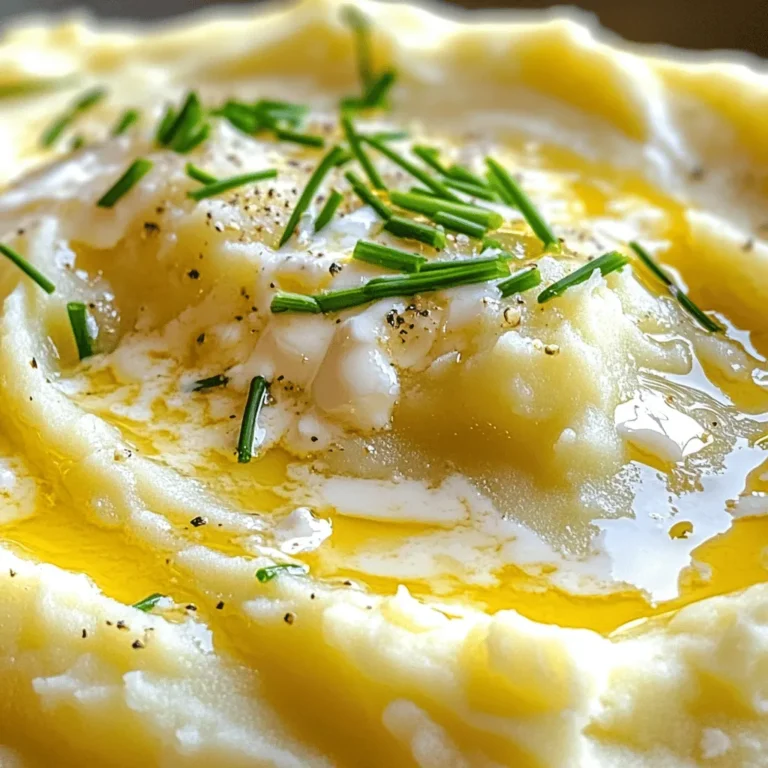 To make the best Garlic Parmesan Mashed Potatoes, you need a few simple ingredients. Each one adds to the creamy comfort this dish brings. Here’s what you will need: - 2 pounds Yukon Gold potatoes - 4 cloves garlic - 1 cup heavy cream - 1/2 cup unsalted butter - 1 cup grated Parmesan cheese - Salt and pepper - Fresh chives for garnish Using Yukon Gold potatoes gives a smooth texture. The garlic adds a warm flavor that pairs well with the rich butter and cream. Parmesan cheese gives it that delicious, savory taste. Don't forget the salt and pepper to bring it all together. Chives make a lovely topping, adding a pop of color and flavor. You can find the full recipe for these Garlic Parmesan Mashed Potatoes to get all the details on how to prepare this dish. Each ingredient works together to create a tasty side that everyone will love. To start, you need to boil the potatoes. Place the chopped Yukon Gold potatoes in a large pot. Cover them with cold water. Add a good pinch of salt to the water. This step is vital. Salt enhances the flavor and helps the potatoes cook evenly. Bring the pot to a boil over high heat. Cook the potatoes for about 15 to 20 minutes. They should be fork-tender when done. Drain the water and set the potatoes aside. While the potatoes boil, let's prepare the garlic. In a small saucepan, combine the minced garlic and heavy cream. Heat the mix over low heat. Stir occasionally to avoid boiling. You want the garlic to release its flavor into the cream. Once it smells good and warms up, turn off the heat. This step adds rich garlic flavor to your mashed potatoes. Now it’s time to mash the potatoes. Return the drained potatoes to the pot. Use a potato masher or a ricer to mash them. A ricer gives you a smoother texture, but a masher works too. Mash until the potatoes are smooth and creamy. Avoid over-mashing, which can make them gummy. Next, add the butter to the mashed potatoes. Let it melt in. Then, gradually pour in the warm garlic cream. Keep mashing until it’s all mixed well. This step is key for creaminess. Adding cream slowly helps you control the texture. Now, it’s time to add cheese and seasoning. Stir in the grated Parmesan cheese. Mix until the cheese melts and blends in completely. Season with salt and pepper to taste. Don’t rush this step; proper seasoning enhances the flavor. Finally, transfer your mashed potatoes to a serving bowl. For a nice touch, top with freshly chopped chives. This adds color and a bit of freshness. Serve the mashed potatoes warm for the best flavor. Enjoy this creamy comfort dish right away! For the full recipe, check out the details above. - Overcooking potatoes: This can make your potatoes waterlogged and mushy. Keep an eye on the clock and check for fork-tenderness. You want them soft but not falling apart. - Not seasoning adequately: Salt is key! It brings out the flavor. Add it to the water when boiling and taste the mash before serving. - Recommendations for additional herbs: Fresh herbs like thyme or rosemary add a great touch. A sprinkle of parsley can brighten the dish too. - Using alternatives to garlic and cheese: If you want a twist, try roasted garlic for a sweeter taste. For cheese, Gruyère adds depth, or nutritional yeast can give a cheesy flavor without dairy. - Finding the right cream-to-potato ratio: Aim for about 1 cup of cream for every 2 pounds of potatoes. This keeps the dish rich but not too heavy. Adjust based on your taste. - Adjusting for dietary preferences: Use low-fat milk or plant-based milk for a lighter option. You can also swap butter with olive oil for a healthier twist. These tips will help you create the perfect Garlic Parmesan Mashed Potatoes. For the full recipe, check out the details above. Enjoy each bite! {{image_2}} You can add rosemary or thyme to your garlic Parmesan mashed potatoes. These herbs bring a fresh taste that elevates the dish. Simply chop a teaspoon of fresh herbs and mix them in while mashing. For a different flavor, you can use garlic powder instead of fresh garlic. This option gives a milder garlic taste that some may prefer. Adjust the amount based on your flavor preference. Cheese lovers can experiment with different cheese types. Try mixing in cheddar or gouda for a unique twist. These cheeses melt well and add a creamy texture. You can also mix in cream cheese for an extra richness. Use about half a cup of cream cheese for a thicker, creamier mash. It pairs nicely with the garlic and Parmesan flavors. If you want a vegan version, use plant-based butter and cream alternatives. Options like almond or coconut cream work well. They keep the creamy texture while being dairy-free. You can also pair the potatoes with other vegetables like cauliflower for a lighter dish. Simply steam or boil the cauliflower and mix it in with the potatoes for added nutrition. For more details, check out the Full Recipe for garlic Parmesan mashed potatoes. To keep your Garlic Parmesan Mashed Potatoes fresh, store them in the fridge. Place them in airtight containers. This helps to lock in moisture and flavor. Always cool the potatoes to room temperature before sealing. This avoids condensation, which can lead to sogginess. When reheating, you have two choices: microwave or stovetop. The microwave is quick and easy. Just heat in short bursts, stirring often. However, the stovetop keeps the texture creamy. Add a splash of heavy cream or milk while warming. This helps restore the original creaminess. You can freeze Garlic Parmesan Mashed Potatoes for later. Start by letting them cool completely. Spoon them into freezer-safe containers or bags. Squeeze out as much air as possible. When you want to eat them, defrost overnight in the fridge. To reheat, warm them on the stovetop and add a bit of cream. This keeps them smooth and tasty. You can prepare Garlic Parmesan Mashed Potatoes a day in advance. Start by following the full recipe. Once you mash the potatoes, let them cool. Then, place them in an airtight container. Store the container in the fridge. When you are ready to serve, reheat them gently. You can use the microwave or stovetop. Add a splash of cream or milk to keep them creamy. Yes, you can use different types of potatoes. Yukon Gold potatoes are great, but Russet potatoes work too. Russets give a fluffier texture. Red potatoes also make a tasty mash, with a creamier feel. Each type adds a unique flavor. Experiment with what you like best. To make creamy mashed potatoes, start with good ingredients. Use fresh heavy cream and unsalted butter. Yukon Gold potatoes are ideal for their natural creaminess. When mashing, use a potato masher for a rustic feel, or a ricer for a smooth finish. Mash them while hot for the best texture. Add the cream slowly to keep them smooth. This article covered making rich, Garlic Parmesan Mashed Potatoes. We started with key ingredients like Yukon Gold potatoes and garlic. I shared step-by-step instructions, tips to avoid mistakes, and flavor variations to try. Remember, mash carefully and taste as you go. Your mashed potatoes can shine at any meal. Enjoy experimenting with herbs and cheese! Use the storage tips to keep leftovers fresh. With these tools, you can create creamy, delicious potatoes every time. Happy cooking!