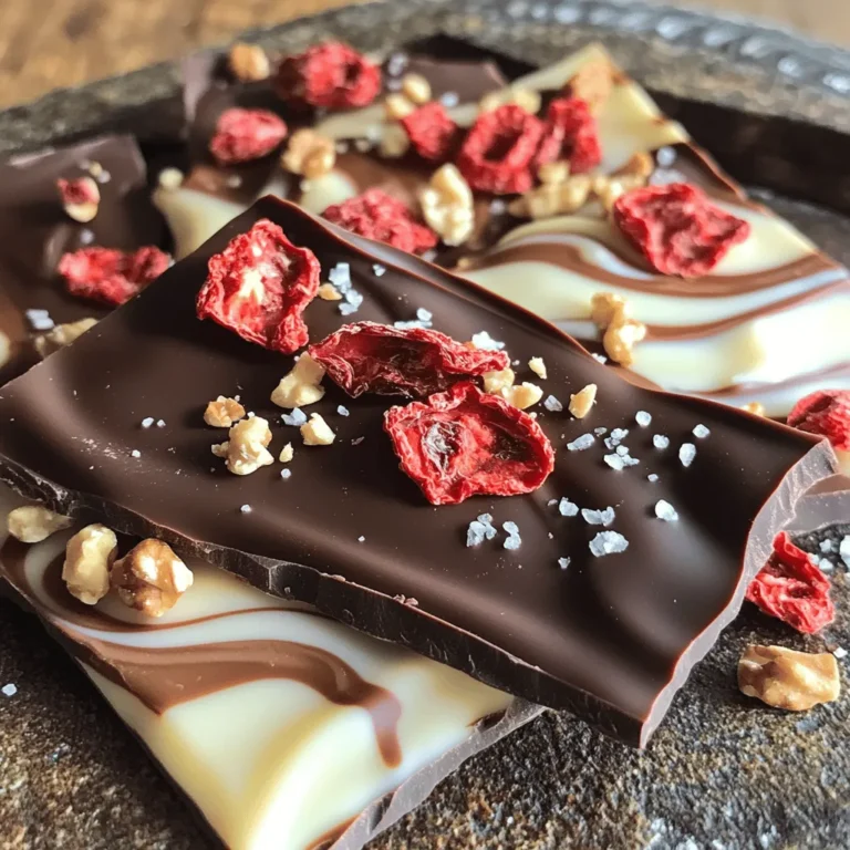 - 2 cups dark chocolate chips - 1 cup white chocolate chips - 1 cup freeze-dried strawberries The main stars of this treat are dark and white chocolate chips. They blend well for a great taste. The freeze-dried strawberries add a fruity crunch and bright color. This combo makes each bite a delight. - 1/2 cup crushed walnuts - Sea salt for sprinkling You can add crushed walnuts for extra texture and flavor. A light sprinkle of sea salt gives a nice contrast to the sweet chocolate. Both are not must-haves but can enhance your bark. - Microwave-safe bowls - Baking sheet - Parchment paper You need a few tools to make this bark. Microwave-safe bowls help melt the chocolate easily. A baking sheet holds the bark while it sets, and parchment paper ensures it comes off cleanly. These simple items make your cooking process smooth. - Line with parchment paper - Ensure even coverage First, take a baking sheet and line it with parchment paper. This step is key. It helps the bark lift off easily once it's set. Make sure the paper covers the whole sheet. No gaps! - Microwave method for efficiency - Importance of stirring Next, grab a microwave-safe bowl. Add the dark chocolate chips into this bowl. Microwave the chocolate in 30-second bursts. After each burst, take it out and stir. Keep going until it's smooth and melted. Stirring helps avoid burning the chocolate. - Pouring dark chocolate onto baking sheet - Melting and drizzling white chocolate Now, pour the melted dark chocolate onto your lined baking sheet. Use a spatula to spread it into an even layer. This makes for a nice base. Then, take another microwave-safe bowl for the white chocolate chips. Melt them using the same 30-second method. Once melted, drizzle the white chocolate over the dark layer. Use a toothpick to swirl them together. This creates a pretty marbled look. Finally, sprinkle the freeze-dried strawberries and crushed walnuts over the top. Press them down gently so they stick. A light sprinkle of sea salt adds a great flavor contrast. Now, place the baking sheet in the fridge for about 30 minutes. When the chocolate hardens, remove it and break it into pieces. Enjoy your treat! For more details, check the [Full Recipe]. To make great chocolate bark, the type of chocolate matters. Use high-quality chocolate chips for the best taste. They melt smoothly and stay creamy. For perfect melting, heat chocolate in 30-second bursts. Stir well after each interval. This keeps the chocolate from burning. To create a fun marbled effect, drizzle the white chocolate over the dark chocolate. Use a toothpick or skewer to swirl them together. Be gentle to keep the design nice. If you want to get fancy, try using a fork or a spatula. Both work well for swirling. Evenly spread freeze-dried strawberries and walnuts over the chocolate. This helps to get a nice mix in every bite. After spreading, press down lightly on the toppings. This ensures they stick well to the chocolate. The more they stick, the better the bark will hold together. For more detailed steps, see the Full Recipe. {{image_2}} You can switch up the chocolate for your bark. If you prefer sweeter flavors, try milk chocolate instead of dark. Milk chocolate gives a creamy taste. White chocolate is another fun choice. It adds a nice contrast to the fruity flavors. You can also use flavored chocolate. Think about adding mint chocolate or orange chocolate for a twist. Toppings can change the game for your bark. Nuts like almonds or pecans add a nice crunch. You can also crush up candies for fun colors and flavors. Dried fruits like apricots or cranberries work well, too. For added freshness, use fresh fruits. Sliced bananas or raspberries can brighten up your bark. Just remember to use fresh fruit right before serving. Make your chocolate bark special for holidays or events. For Valentine's Day, use heart-shaped sprinkles. For Halloween, add orange and black candies. You can think outside the box with flavor combos. Try pairing dark chocolate with spicy chili flakes for a kick. Or use coconut and lime for a tropical feel. The options are endless! For the complete recipe, check out the [Full Recipe]. To keep your chocolate covered strawberry bark fresh, use an airtight container. This will stop air from getting in. It will keep the bark from drying out and losing its taste. I like using a glass or plastic container with a tight lid. You can also wrap the bark in plastic wrap before placing it in the container. This adds extra protection. Homemade chocolate bark can last about two weeks when stored correctly. If you notice any white spots or a dull look, it’s time to toss it. These signs mean the chocolate has gone bad. Always check for any off smells too. If it smells strange, don’t eat it. You can freeze chocolate bark if you want to keep it longer. First, break the bark into pieces. Then, place the pieces on a baking sheet lined with parchment paper. This stops them from sticking together. Freeze the pieces for about two hours. After that, move them to a freezer-safe bag. When you want to eat it, let it sit at room temperature for a bit. You can also microwave it for a few seconds to warm it up. Enjoy your treat! Yes, you can use chocolate bars. Just chop them into small pieces. This helps them melt evenly. Place the chopped chocolate in a microwave-safe bowl. Heat in 30-second bursts, stirring each time. Keep an eye on it to prevent burning. Once melted, you can spread it like you do with chips. Absolutely! You can use vegan chocolate. Look for dark chocolate that has no milk. Many brands make dairy-free chocolate chips. You can also try using cacao butter for a creamy texture. Add in your favorite toppings, like nuts or coconut, to keep it fun and tasty. Check for a firm texture. The chocolate should feel hard when you touch it. You can also look for a shiny surface. If it looks dull, it may need more time. Place it in the fridge for about 30 minutes. Once it's set, you can break it into pieces. Enjoy! This blog post guides you on making delicious chocolate bark. We covered key ingredients like dark and white chocolate, freeze-dried strawberries, and optional toppings. I shared easy instructions, tips for the best texture, and fun variations to try. Remember to store your bark properly for freshness. You can even freeze it! Enjoy your chocolate bark adventures. Try different flavors and have fun with the process. Your treats will impress everyone!