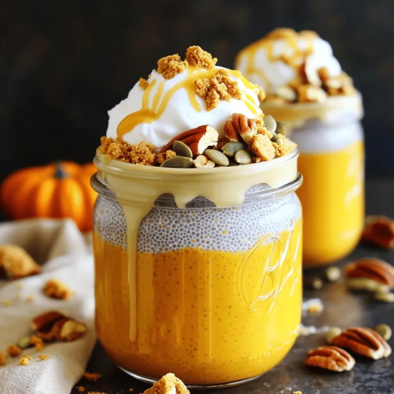 To make this tasty treat, gather these ingredients: - 1/2 cup chia seeds - 2 cups almond milk (or any plant-based milk) - 1 cup pumpkin puree (canned or homemade) - 1/4 cup maple syrup (or honey for non-vegan) - 1 teaspoon vanilla extract - 1 teaspoon ground cinnamon - 1/2 teaspoon ground nutmeg - 1/4 teaspoon ground ginger - Pinch of salt - Optional toppings: whipped coconut cream, crushed graham crackers, pecans, or pumpkin seeds Chia seeds are the main star. They help make the pudding thick. Almond milk adds creaminess without dairy. Pumpkin puree gives that fall flavor we love. Maple syrup or honey sweetens it up nicely. Vanilla extract adds a warm touch. Ground cinnamon, nutmeg, and ginger bring the spice. A pinch of salt balances everything out. Toppings can make your pudding extra special. Try whipped coconut cream for a rich finish. Crushed graham crackers add a nice crunch. Pecans or pumpkin seeds give it a nutty flavor. Feel free to mix and match. Each topping adds a unique twist. Enjoy customizing your Pumpkin Pie Overnight Chia Pudding! First, gather your ingredients. You need just a few simple items. This recipe takes only 10 minutes to prepare. You will make enough for four servings. Start by mixing the chia seeds and almond milk in a large bowl. Stir them well. Make sure there are no clumps. Next, take another bowl. Combine pumpkin puree, maple syrup, and vanilla extract. Add the ground spices: cinnamon, nutmeg, ginger, and a pinch of salt. Whisk it until smooth. Now, pour the pumpkin mix into the chia bowl. Stir everything together. You want the chia seeds spread evenly through the mixture. Cover the bowl with a lid or plastic wrap. Place it in the fridge. Let it chill overnight for the best texture. If you’re short on time, leave it for at least 4 hours. When ready to serve, stir the pudding again. Scoop it into bowls or jars. Top with your favorite extras. You can use whipped coconut cream, graham crackers, or nuts. Enjoy your Pumpkin Pie Overnight Chia Pudding! For the complete recipe, refer to the Full Recipe section. To get the best texture, mix your chia seeds with almond milk first. Stir well to avoid clumps. Let it sit for 5-10 minutes before adding the pumpkin. This gives the chia time to soak and swell. When you add the pumpkin mix, stir until everything is smooth. Make sure the chia is evenly spread. The longer you let it chill, the thicker it gets. Ideally, let it sit overnight for a great pudding-like feel. One common mistake is not mixing enough. If the chia seeds clump together, your pudding won't be smooth. Another mistake is using too little liquid. Chia seeds need enough liquid to expand. Skipping the chill time will also affect the texture. Your pudding won’t set properly if you don't let it rest. Lastly, don’t forget to taste your mixture. You may want more sweetener or spices. If you want to spice things up, consider adding allspice or cloves. These spices add warmth and depth. You can also mix in a little cocoa powder for a twist. If you're in the mood for something extra creamy, try adding a splash of coconut milk. This gives a nice tropical flavor. Experiment with flavors until you find your favorite mix. The key is to balance the spices with the sweetness. {{image_2}} You can easily adjust this recipe to fit your diet. For a vegan option, use almond milk and maple syrup. If you prefer a non-vegan version, just swap maple syrup for honey. Both versions taste great! Good news! Chia seeds are naturally gluten-free. This recipe is safe for people with gluten sensitivities. Just make sure any added toppings, like crushed graham crackers, are also gluten-free. If you want to experiment with sweeteners, consider using agave syrup or stevia. Each option brings a unique flavor. Just keep in mind that the sweetness level may vary. Adjust according to your taste. For the complete steps and proportions, check the Full Recipe for Pumpkin Pie Overnight Chia Pudding. Store your Pumpkin Pie Overnight Chia Pudding in airtight containers. This keeps the pudding fresh and tasty. You can use glass jars or plastic containers. Make sure the lids fit tight to avoid leaks. If you layer toppings, keep them separate. This prevents them from getting soggy. Your chia pudding lasts about five days in the fridge. After that, it may lose flavor and texture. I recommend checking for any changes before you eat it. If it smells bad or looks off, toss it out. Fresh is best for enjoying this fall treat. You can freeze the chia pudding if you want to keep it longer. Divide it into single servings before freezing. Use freezer-safe containers or bags. When you want to eat it, just thaw it in the fridge overnight. Stir well before enjoying. It may change texture slightly, but the flavor stays delicious. For the full recipe, check out the complete guide on making this tasty dish! Yes, you can use various types of milk. Almond milk works great, but you can try oat, coconut, or soy milk. Each milk adds a unique taste. If you prefer dairy, regular milk works too. Choose what you love! You can add many flavors to your pudding. Try mixing in cocoa powder for chocolate. You can also add a spoonful of peanut butter for richness. Fresh fruits like bananas or berries can brighten the taste. Don’t be afraid to experiment! Chia seeds are tiny but mighty. They are full of fiber, protein, and omega-3 fatty acids. These help with digestion and keep you full. Pumpkin is rich in vitamins A and C. It’s also low in calories but high in nutrients. Both ingredients work together to make this pudding a healthy treat. For the full recipe, check out the details above! This blog post covered how to make Pumpkin Pie Overnight Chia Pudding. We went through the ingredients, detailed instructions, and tips to get the best texture. I shared variations for vegan and gluten-free diets. Storage tips ensure your pudding stays fresh. Remember, make it your own by adding flavors you love. Enjoy this tasty treat as a healthy option any time!