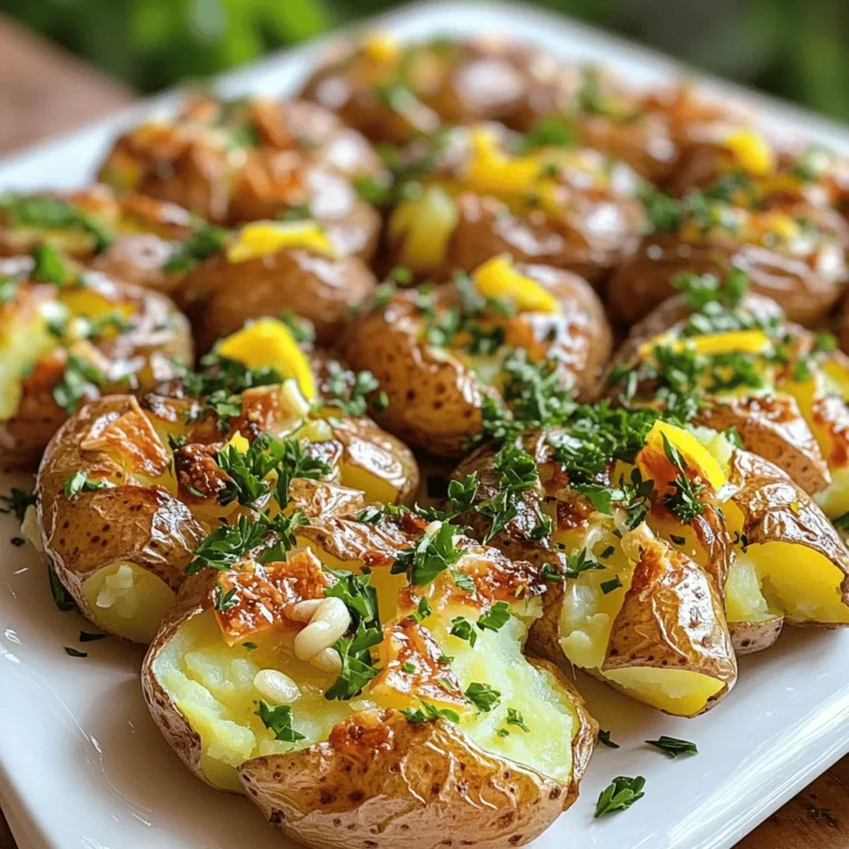 - 2 pounds baby potatoes - 4 tablespoons unsalted butter, melted - 4 cloves garlic, minced - 1 tablespoon fresh parsley, chopped - 1 teaspoon sea salt - ½ teaspoon black pepper - ¼ teaspoon smoked paprika (optional) - Lemon zest (from 1 lemon) - Large pot - Baking sheet - Parchment paper - Measuring cup - Fork or potato masher Gather these ingredients to make your smashed potatoes shine. The baby potatoes are key; they cook evenly and have a great texture. The garlic brings a rich taste, while the butter adds a smooth finish. Fresh parsley not only brightens the dish but also adds color. You’ll also need some basic tools. The large pot helps cook the potatoes, and the baking sheet is perfect for roasting. Parchment paper prevents sticking, making cleanup easy. A measuring cup ensures you get the butter just right. Lastly, a fork or masher helps you smash the potatoes to the perfect flatness without breaking them apart. For a full experience, check the [Full Recipe] for step-by-step guidance. - Preheat your oven to 450°F (230°C). - Fill a large pot with water and add a pinch of salt. - Bring the pot to a boil over high heat. - Add 2 pounds of baby potatoes to the pot. - Cook the potatoes until fork-tender, about 15-20 minutes. - Drain the potatoes and let them cool for about 5 minutes. - Line a baking sheet with parchment paper. - Place the cooled potatoes on the sheet. - Use the bottom of a measuring cup or a fork to smash each potato gently. - In a small bowl, mix 4 tablespoons of melted butter with 4 minced garlic cloves. - Add 1 teaspoon of sea salt and ½ teaspoon of black pepper. - If you want, add ¼ teaspoon of smoked paprika. - Brush or drizzle this garlic butter over each smashed potato. - Bake the potatoes in the preheated oven for 20-25 minutes. - Keep an eye on them until they are golden and crispy on the edges. - Remove from the oven and sprinkle with fresh parsley and lemon zest before serving. - You can find the Full Recipe for more details. To get the best crispy texture, adjust your baking time. Bake the smashed potatoes for 20-25 minutes. If you want them crispier, leave them in for a few more minutes. Just keep an eye on them! The size of the potatoes also plays a big role. Use baby potatoes for even cooking. Smaller potatoes smash well and bake faster. For more flavor, try adding different spices. Smoked paprika adds a nice smoky taste. You can also sprinkle in some onion powder or chili flakes for heat. When it comes to garlic, fresh garlic gives the best taste. I recommend using whole cloves and mincing them yourself. This ensures the garlic flavor is strong and fresh. Presentation is key! Serve your smashed potatoes on a big white platter. Drizzle any leftover garlic butter over the top. Garnish with fresh parsley for a pop of color. Fresh herbs like chives or thyme also look great and add flavor. This makes your dish not only tasty but also beautiful to serve. {{image_2}} You can switch up your potato choice for smashed potatoes. While baby potatoes work great, try red or yellow potatoes for a different taste. These potatoes add creaminess and a slight sweetness. If you want to swap butter, olive oil is a fantastic choice. It brings a rich flavor and is a bit healthier. You can also use coconut oil for a unique twist. Adding cheese can elevate your smashed potatoes. Grated Parmesan adds a salty, nutty taste. For a creamier option, use cheddar cheese. Just sprinkle it on top before the final bake. You can also play with spices. Try adding rosemary or thyme for an earthy flavor. Smoked paprika adds warmth and a hint of smokiness. Experiment with different spices to find your favorite combo. Want to make this dish vegan? Simply replace butter with a plant-based butter. Use a neutral oil, like canola, for the garlic mixture. If you need low-sodium options, cut back on salt. Use fresh herbs instead to boost flavor. Lemon juice can also add brightness without extra salt. For more details, check out the Full Recipe. To keep your smashed potatoes fresh, store them in the fridge. Place leftovers in an airtight container. This helps prevent moisture loss. Use a glass or plastic container with a tight lid. They will stay good for about 3 to 5 days. If you want to keep them longer, consider freezing instead. When it's time to enjoy your leftovers, you have several options. The best way to reheat smashed potatoes is in the oven. Preheat your oven to 350°F (175°C). Place the potatoes on a baking sheet and cover them with foil. This keeps them moist. Bake for about 15 minutes. If you want a crispy finish, remove the foil for the last 5 minutes. To avoid soggy potatoes, do not microwave them. Microwaving can make the texture mushy. For longer storage, freezing is a great option. Cool the smashed potatoes completely before freezing. Place them in a freezer-safe bag or container. Make sure to squeeze out any extra air. They can last up to 2 months in the freezer. When you’re ready to eat them, thaw in the fridge overnight. Reheat them in the oven for the best texture. Avoid thawing in the microwave to keep them from getting soggy. To make your smashed potatoes extra crispy, I suggest two key steps. First, ensure your oven is hot, around 450°F (230°C). This helps achieve that golden crunch. Second, after smashing the potatoes, brush them well with garlic butter. This adds flavor and helps crisp up the edges. Yes, you can prepare the garlic butter ahead of time. Simply melt the butter and mix in minced garlic and other ingredients. Store it in the fridge for up to a week. This way, your cooking process becomes quicker when you’re ready to make the potatoes. Smashed potatoes pair well with many dishes. They go great with roasted chicken, grilled steak, or even a fresh salad. You can also serve them with a dip or sauce for added flavor. Feel free to get creative! Absolutely! While parsley is a classic choice, you can use other herbs too. Fresh chives, thyme, or rosemary work wonderfully. This gives your smashed potatoes a unique twist and flavor profile. Smashed potatoes can last in the fridge for about 3 to 5 days. Store them in an airtight container to keep them fresh. When ready to eat, just reheat them in the oven for the best texture. - [Explore the complete Garlic Butter Smashed Potatoes recipe here.](#) This post covered how to make Garlic Butter Smashed Potatoes. We discussed ingredients, steps, tips, and variations. You learned how to prepare, smash, and bake potatoes for a crispy treat. I shared ways to enhance flavor and provided storage advice. With this recipe, you can impress anyone at your next meal. Enjoy experimenting and making it your own!