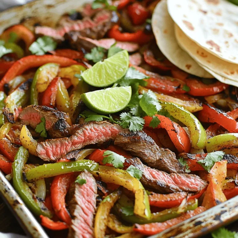 - 1.5 lbs flank steak, sliced into thin strips - 2 bell peppers (one red, one green), sliced - 1 large onion, sliced Flank steak gives this dish a rich flavor. The bell peppers add color and sweetness. The onion brings a nice depth to the mix. - 2 tablespoons olive oil - 2 teaspoons chili powder - 1 teaspoon ground cumin - 1 teaspoon smoked paprika - 1/2 teaspoon garlic powder - 1/2 teaspoon onion powder - Salt and pepper to taste - Juice of 1 lime The olive oil helps the spices stick. Chili powder adds heat, while cumin and paprika give a smoky flavor. Garlic and onion powder enhance the savory notes. A squeeze of lime brightens everything up! - Fresh cilantro, chopped (for garnish) - Warm tortillas (for serving) - Toppings (sour cream, guacamole, salsa) Cilantro adds freshness and color. Serving on warm tortillas makes it fun to eat. You can add toppings like sour cream and guacamole for extra creaminess. For the full recipe, check out the detailed instructions. First, preheat your oven to 450°F (232°C). This high heat gives a nice char to the veggies and steak. While the oven heats, line your large baking sheet with parchment paper. This will help with cleanup later. In a big bowl, combine the sliced flank steak, bell peppers, and onion. Pour in the olive oil. Next, add chili powder, ground cumin, smoked paprika, garlic powder, onion powder, salt, and pepper. Toss everything well so the meat and veggies are coated with the spices. This step is key for flavor! Spread the mixture evenly on the prepared baking sheet. Make sure to keep it in a single layer. This helps everything cook evenly. Roast in the oven for 20-25 minutes. Stir the mixture halfway through cooking for even browning. When done, the steak should be cooked to your liking, and the veggies should be tender and slightly charred. Remove the pan from the oven. Squeeze fresh lime juice over the top for a bright finish. Adjust the seasoning with more salt or lime juice if needed. Don't forget to garnish with chopped cilantro before serving! Serve warm with tortillas and your favorite toppings. You can find the full recipe for these delicious fajitas above. For juicy steak, aim for an internal temperature of 130°F (54°C) for medium-rare. Let the steak rest for about five minutes after cooking. This keeps the juices inside, making it more tender. If you prefer medium, cook it to 140°F (60°C). Use a meat thermometer for accuracy. Choose vibrant bell peppers and sweet onions for the best taste. Slice them into even pieces to ensure they cook at the same rate. Thin strips work best for quick roasting. You can add zucchini or mushrooms for extra flavor. Just make sure to cut them similarly to your other veggies. To switch things up, consider adding a marinade. Mix olive oil, lime juice, and spices for a tangy soak. Let the steak marinate for at least 30 minutes. If you want a kick, add cayenne pepper or jalapeños. Experiment with different herbs like oregano or thyme for unique flavor notes. For more details on the complete recipe, check out the Full Recipe. {{image_2}} You can switch out flank steak for other proteins. Chicken works well and cooks quickly. Shrimp adds a nice seafood twist. If you're looking for a plant-based option, tofu is great too. Just remember to press the tofu to remove excess water. This helps it absorb the flavors better. Adjust cooking times based on the protein you choose. Chicken and shrimp cook faster than steak. Adding seasonal veggies or fruits brightens up your fajitas. Pineapple brings a sweet touch that balances the spice. Zucchini adds a nice crunch and absorbs flavors well. Get creative! You can mix in corn or mushrooms for extra texture. Think about what’s fresh at your local market. Each season offers unique options that can enhance this dish. You can easily change the spice level in your fajitas. If you like it mild, reduce the chili powder. You can also skip the smoked paprika. For more heat, add diced jalapeños or cayenne pepper. Taste as you go! This way, you can adjust the flavors to match your preference. Remember, it’s all about what you enjoy. After enjoying your sheet pan steak fajitas, let any leftovers cool. Place them in airtight containers. This keeps your fajitas fresh. You can store them in the fridge for up to three days. If you want to keep them longer, consider freezing. Just remember to label the container with the date. When it’s time to eat your leftovers, reheating is key. Use the oven for the best results. Preheat your oven to 350°F (177°C). Place the fajitas on a baking sheet. Cover them with foil to keep moisture in. Heat for about 10 to 15 minutes, or until warm. This keeps the steak tender and the veggies crisp. You can also use a microwave, but the oven works better for texture. To freeze your fajitas, first let them cool completely. Pack them in freezer-safe bags. Squeeze out as much air as you can before sealing. You can freeze them for up to three months. When ready to eat, thaw them overnight in the fridge. Reheat using the oven for the best taste. This way, you can enjoy this meal anytime! For the full recipe, check out the detailed instructions above. You can use frozen steak, but fresh is best. Frozen steak takes longer to cook. Thaw it first for even cooking. If you cook it frozen, add extra time. This may change the texture, making it less tender. For the best results, I suggest using fresh flank steak. There are many great sides to pair with fajitas. Here are some ideas: - Mexican rice - Black beans - Refried beans - Corn salad - Guacamole - Salsa - Sour cream These sides add flavor and texture. You can mix and match to suit your taste. You can easily adapt this dish. For gluten-free fajitas, use corn tortillas. If you want a dairy-free option, skip the sour cream and cheese. You can also use oil instead of butter for cooking. If you need a low-carb option, serve it with lettuce wraps instead of tortillas. These tips help you enjoy fajitas no matter your dietary needs. For the full recipe, check the main article. You can create delicious sheet pan steak fajitas with simple ingredients and steps. We covered the main ingredients, key seasonings, and ways to serve this dish. Remember to cook the steak just right and choose veggies that add flavor. I shared tips for variations, storage, and reheating, so you can enjoy these fajitas anytime. Try using different proteins or spices to make them your own. Now, gather your ingredients and get cooking! Your tasty fajitas await!