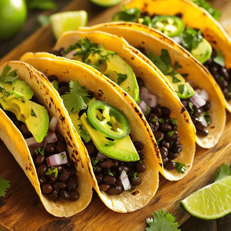 To make tasty spicy black bean tacos, you need a few key ingredients. Here’s what you will need: - 2 cups canned black beans, drained and rinsed - 1 medium red onion, finely chopped - 2 cloves garlic, minced - 1 jalapeño, finely diced (remove seeds for less heat) - 1 teaspoon ground cumin - 1 teaspoon smoked paprika - 1 teaspoon chili powder - 1 tablespoon olive oil - Salt and pepper to taste - 8 small corn tortillas - 1 avocado, sliced - Fresh cilantro, chopped (for garnish) - Lime wedges (for serving) These ingredients come together to create a rich and bold flavor. The black beans are hearty and filling. The spices add warmth and depth. You can customize your tacos with optional toppings. Here are some great ideas: - Shredded cheese - Sour cream or Greek yogurt - Salsa or pico de gallo - Diced tomatoes - Sliced radishes - Pickled jalapeños These toppings add extra flavor and texture. Feel free to mix and match based on your taste. For a well-rounded meal, consider these accompaniments: - A fresh green salad - Mexican rice or quinoa - Grilled corn on the cob - Tortilla chips with guacamole These side dishes enhance your taco experience and bring more flavors to the table. If you want the full recipe, check out the [Full Recipe]. Enjoy your cooking! First, heat a medium skillet over medium heat. Add one tablespoon of olive oil and let it warm. Next, add the chopped red onion. Cook it until it turns soft and clear, about five minutes. Then, toss in the minced garlic and diced jalapeño. Stir for two minutes. The smell will be amazing! After that, add the black beans, cumin, smoked paprika, and chili powder. Mix everything well. Cook for five to seven minutes until it’s warm. Add salt and pepper to make it taste great. While the bean mixture cooks, get another skillet. Heat it over medium heat, but do not add any oil. Warm each corn tortilla for about thirty seconds on each side. They should become soft and flexible. Keep them warm in a clean kitchen towel or a plate covered with foil. Now, it’s time to build your tacos! Take a warm tortilla and add a big scoop of the spicy black bean mixture. Next, add some slices of avocado. Sprinkle fresh cilantro on top for a nice touch. Serve the tacos with lime wedges on the side for a zesty flavor boost. If you want the full recipe, check out the details above! To make your tacos taste even better, use fresh ingredients. Fresh herbs like cilantro add brightness. Squeeze fresh lime over the tacos for a zesty kick. You can also add a dash of hot sauce for an extra punch. Mixing in corn or diced tomatoes with the black beans gives added sweetness and texture. You can prep the bean mixture ahead. Store it in the fridge for up to two days. Heat it before serving. Warm the tortillas right before you eat. This keeps them soft and fresh. You can also slice the avocado and chop the cilantro in advance. Just add them just before serving to keep them fresh. If you want to serve many people, double or triple the recipe. Cook the bean mixture in a large pot or skillet. Keep the tortillas warm in the oven at a low temperature. Set up a taco bar with all the toppings. This way, everyone can build their own tacos. It makes for a fun and interactive meal. For the full recipe, check the details above. {{image_2}} You can keep these tacos vegetarian and still enjoy great flavor. Use more veggies! Try adding bell peppers, corn, or zucchini. These extras will add crunch and sweetness. You might also add some spinach or kale for more greens. This way, you make the dish colorful and nutritious. If you want more protein, add meat or meat substitutes. Ground turkey, chicken, or beef works well. If you prefer plant-based options, try tofu or tempeh. Cook them in the skillet with the same spices. This makes it easy to blend flavors. You can even add cooked quinoa for extra texture. Adjusting spiciness is simple. If you like it hot, add more jalapeños or some chopped serrano peppers. For a milder taste, remove the jalapeño seeds. You can also use less chili powder or smoked paprika. If you want a unique kick, add a splash of hot sauce. This ensures you get the heat just right for your taste. After enjoying your spicy black bean tacos, you may have some leftovers. Store them in an airtight container. Make sure to separate the bean mixture from the tortillas. This keeps the tortillas from getting soggy. Leftover tacos can last in the fridge for about three days. To reheat the bean mixture, place it in a skillet. Heat it on medium until warm, stirring occasionally. For the tortillas, warm them in a dry skillet for about 30 seconds on each side. This will make them soft again. You can also use the microwave. Just cover the tortillas with a damp paper towel and heat for about 20 seconds. If you want to save your tacos for later, freezing works well. Place the bean mixture in a freezer-safe bag. Make sure to remove as much air as possible. Seal it tightly. You can freeze the mixture for up to three months. When you’re ready to eat, thaw it in the fridge overnight. Reheat as mentioned above. Enjoy your tasty meal whenever you like! For the full recipe, check the earlier sections. Yes, these tacos can be vegan! The main ingredient, black beans, is already plant-based. Use corn tortillas, which are often vegan too. Just skip any dairy toppings, like cheese or sour cream. Instead, add extra veggies or guacamole for creaminess. If you don't have black beans, you can use pinto beans or kidney beans. Both will give you a nice texture. You can also try lentils for a unique taste. Just make sure to cook them well before adding to the tacos. To spice things up, add more jalapeños or use a hotter pepper. You can also add hot sauce or a splash of chili oil. Another option is to mix in cayenne pepper or crushed red pepper flakes into the bean mixture. Adjust these to your heat level. You can find the full recipe for these spicy black bean tacos in the article above. It includes all the steps to make this tasty dish. Enjoy your cooking! In this blog post, we covered spicy black bean tacos from start to finish. We explored key ingredients and optional toppings, along with step-by-step instructions for preparing and assembling. I shared useful tips, variations, and storage info to help you enjoy these tacos anytime. Get creative with flavors and spices to make these tacos your own. Whether serving a crowd or prepping for later, these tips ensure delicious result every time. Enjoy your cooking adventure!