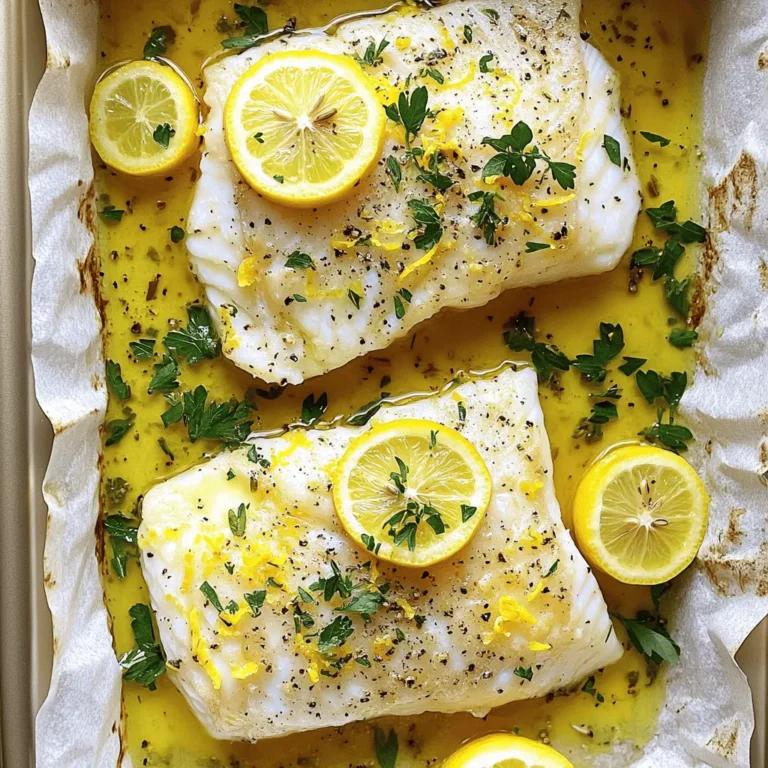 Let’s dive into the simple ingredients that make this dish shine. Each element plays a role in creating a tasty and healthy meal. Here’s what you need: - 4 cod fillets (about 6 oz each) - 2 tablespoons olive oil - 2 lemons (one for zest and juice, one for slices) - 3 cloves garlic, minced - 1 teaspoon dried oregano - 1 teaspoon dried thyme - 1 teaspoon paprika - Salt and pepper to taste - Fresh parsley, chopped (for garnish) Cod fillets are the star here. They have a mild taste that works well with the bright lemon and herbs. Olive oil adds richness and helps the fish stay moist. Garlic brings a punch of flavor, and the herbs add freshness. Using fresh lemons is key. You’ll use one for zest and juice, which brightens up the dish. The other lemon gets sliced and placed on top of the cod for extra flavor and a nice look. Dried oregano and thyme give depth to the dish. Paprika adds a hint of warmth. Finally, a sprinkle of salt and pepper rounds it all out. These ingredients come together to create a dish that is both light and satisfying. If you want to see how these ingredients blend, check out the Full Recipe for step-by-step instructions. 1. Preheat the oven: Start by setting your oven to 400°F (200°C). This ensures even cooking for our cod. 2. Prepare the marinade: In a small bowl, mix 2 tablespoons of olive oil, 3 minced garlic cloves, the zest of one lemon, and the juice from that same lemon. Add 1 teaspoon each of dried oregano, thyme, and paprika. Finally, season with salt and pepper to taste. Stir it well. 3. Coat the cod fillets: Place your 4 cod fillets in a baking dish. Pour the lemon herb marinade over each fillet. Make sure they are all well coated in that tasty mix. 1. Arrange lemon slices: Take the other lemon and slice it. Place the lemon slices on top of each cod fillet. This adds a fresh, zesty kick while baking. 2. Baking time and temperatures: Slide the baking dish into your preheated oven. Bake for 15-20 minutes. The cod is ready when it turns opaque and flakes easily with a fork. 1. Rest and garnish before serving: Once the cod is done, take it out and let it rest for a couple of minutes. This helps the juices settle. Before serving, sprinkle freshly chopped parsley on top. It adds color and a fresh taste. Feel free to check the [Full Recipe] for more details! Choosing the best cod is key to a tasty dish. Look for cod fillets that are firm and moist. They should have a clean, ocean-like smell. Freshness matters. If you can, buy wild-caught cod for the best flavor. Fresh herbs and citrus add bright notes. Use fresh parsley, thyme, and oregano when possible. They bring out the lemon's zest. Always choose lemons that feel heavy for their size. Juicy lemons will boost your dish. To ensure moist fillets, don’t overcook the cod. Bake just until it is opaque and flakes easily. Set a timer for 15 minutes, then check. If it needs more time, add a few minutes. Adjusting seasoning levels is easy. Taste the marinade before adding it to the cod. If it feels bland, add a pinch more salt or pepper. You can always adjust to match your palate. Pair this dish with sides that complement its light flavors. Roasted vegetables work nicely. Try asparagus or green beans for a fresh touch. A light sauce can elevate the meal. Consider a yogurt dill sauce for creaminess. It adds a nice contrast to the cod. For a bit of crunch, add a side salad. For the full recipe, see the details above. {{image_2}} You can try other white fish instead of cod. Fish like tilapia or haddock work well. They will soak up the lemon and herb flavors nicely. If you want a richer taste, you can substitute cod with salmon. Salmon has more fat, so it stays moist when cooked. The lemon still brightens the dish, making it fresh and tasty. Adding spices can take your baked lemon herb cod to the next level. You might want to try adding cumin or dill to the mix. These spices pair well with lemon, enhancing the dish's flavor. If you love heat, consider making a spicy version. Add chili flakes or fresh jalapeños to the marinade. This twist creates a fun kick that many will enjoy. While baking is easy, you can also grill or pan-sear your cod. Grilling adds a smoky flavor that many people love. Just be sure to keep an eye on it so it doesn't dry out. Air-frying is another great option. It cooks the fish quickly and gives it a nice crust. Each method offers a unique taste and texture, so feel free to experiment. To store leftover cod, let it cool first. Place the cod in an airtight container. Cover it tightly to keep it fresh. You can store it in the fridge for up to three days. Make sure to check for any off smells or changes in texture before eating. If you want to keep cod longer, freezing is a great option. Wrap the cod tightly in plastic wrap or foil. You can also use a freezer-safe bag. This helps prevent freezer burn. Cod can last up to three months in the freezer. When you are ready to use it, remember to thaw it slowly. Place it in the fridge overnight for the best results. To reheat your baked cod, use the oven or a skillet. If you use the oven, preheat it to 350°F (175°C). Place the cod on a baking sheet for about 10 minutes. This keeps it moist and tasty. If you choose a skillet, heat it over medium heat. Add a splash of olive oil and gently warm the cod for about 5 minutes. Avoid high heat to keep the texture nice. Enjoy your flavorful meal again! What can I substitute for cod in this recipe? You can use halibut, haddock, or tilapia as substitutes for cod. Each fish has a mild flavor and similar texture. This ensures your dish remains light and flaky. How do I know when cod is fully cooked? Cod is fully cooked when it turns opaque and flakes easily with a fork. This usually takes 15 to 20 minutes at 400°F. A food thermometer can help; the internal temperature should reach 145°F. Can I prepare the marinade in advance? Yes, you can prepare the marinade a day ahead. Store it in the fridge until you are ready to use it. This allows the flavors to blend nicely. Caloric values per serving Each serving of Baked Lemon Herb Cod contains about 250 calories. This is a healthy option for a balanced meal. Key vitamins and minerals in the dish This dish is rich in protein, vitamin C, and omega-3 fatty acids. Cod provides important nutrients for heart health and overall well-being. Making it gluten-free This recipe is naturally gluten-free. Use gluten-free seasoning blends if you want to add extra flavors without worry. Adjusting for low-sodium diets For a low-sodium version, skip the added salt. Use fresh herbs and lemon juice for flavor without extra salt. This keeps your meal healthy and tasty. This article covered how to make delicious baked cod. You learned about the right ingredients, like fresh cod and herbs. I shared step-by-step instructions for preparing, baking, and serving. We also explored tips for ingredient selection and cooking methods. Remember, cooking should be fun and simple. Experiment with flavors and cooking styles. Whether you stick to cod or try other fish, enjoy the process. Keep these tips in mind for tasty meals every time. Happy cooking!