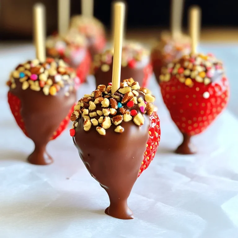 - Fresh strawberries - Semi-sweet chocolate chips - Coconut oil for smooth melting - Crushed nuts (almonds or hazelnuts) - Colorful sprinkles - Lollipop sticks - Microwave-safe bowl - Parchment paper To make delicious chocolate-covered strawberry pops, you need a few key items. Start with fresh strawberries. Choose ripe, firm ones for the best taste. Next, grab semi-sweet chocolate chips. They melt well and add a rich flavor. Also, use coconut oil. This helps the chocolate melt smoothly and stick to the strawberries. You can add fun toppings to make your pops even better. Try crushed nuts, like almonds or hazelnuts, for a crunchy bite. Colorful sprinkles also add a nice touch. They make the pops look festive and fun. For the tools, have lollipop sticks ready. They help you hold the strawberries while dipping. Use a microwave-safe bowl for melting the chocolate. Finally, get parchment paper. It keeps your pops from sticking as they cool. With these ingredients and tools, you're all set to create a tasty delight. For the full recipe, check the details above. First, wash the strawberries gently. Make sure they are dry. Any water will stop the chocolate from sticking. You can use a paper towel to help. Next, take the lollipop sticks. Push one stick into the stem end of each strawberry. Aim to push it about halfway in. This gives you a nice handle for dipping. Now, let’s melt the chocolate. In a microwave-safe bowl, mix the chocolate chips with coconut oil. The coconut oil helps the chocolate melt smoothly. Microwave this mix in 30-second bursts. Stir after each burst until it is fully melted. Be careful not to overheat it, or the chocolate can burn. Hold the strawberry by the stick. Dip it into the melted chocolate. Make sure to cover it fully. Let any extra chocolate drip off. After dipping, it’s time to add toppings. While the chocolate is still wet, sprinkle on crushed nuts or colorful sprinkles. This helps them stick well. Finally, place the dipped strawberries upright in a container or on parchment paper. Let them sit until the chocolate hardens. This usually takes about 15-20 minutes at room temperature. If you’re in a hurry, the fridge works too; just chill them for 10 minutes. To get a smooth coat on your pops, always add coconut oil. Coconut oil helps the chocolate melt evenly. This helps create a shiny finish that looks great. If you don't have coconut oil, you can use vegetable oil. Just keep in mind that it may not shine as much. When you melt the chocolate, do it slowly. Use short bursts in the microwave. Stir well after each burst to keep the texture just right. Making your chocolate-covered strawberry pops look fun is easy. Use colorful lollipop holders to make them pop at parties. Consider sticking them in a piece of foam or a pretty container. You can also arrange them in a fun shape, like a heart. Another idea is to drizzle white chocolate on top for a more stylish look. These small touches make your dessert stand out. Watch out for moisture! If your strawberries are wet, the chocolate will not stick. Always dry them well before dipping. Another mistake is overheating the chocolate. If it gets too hot, it can clump. This ruins the smooth finish you want. Always use a low heat and stir often to prevent this. {{image_2}} You can switch up the chocolate for your pops. Dark chocolate gives a rich taste. Milk chocolate is sweet and creamy. White chocolate adds a fun twist with its sweet flavor. You can also add flavor. Try a drop of peppermint extract for a cool touch. Vanilla extract brings a warm, sweet note to the mix. Get creative with toppings! Coconut flakes add a tropical flair. Mini chocolate chips bring extra sweetness and crunch. You can also use crushed nuts for a nutty bite. Rainbow sprinkles make the pops fun and colorful. Just make sure to add them right after dipping the strawberry. Make your pops party-ready! For holidays, decorate with colors that match the theme. Use red and green for Christmas or pastel colors for Easter. You can even customize them for birthdays. Just add sprinkles or edible glitter to match the party theme. These small touches make your pops stand out! For the complete recipe, check out the [Full Recipe]. Store chocolate-covered strawberry pops in a cool, dry place. The ideal temperature is between 60°F and 70°F. Keep them away from direct sunlight. This helps keep the chocolate smooth and shiny. To stack the pops, use a container with dividers. Place parchment paper between layers. This prevents them from sticking to each other. If you don't have dividers, lay them flat on a tray lined with parchment paper. For the best taste, eat the pops within two days. After that, the strawberries may lose their freshness. You can freeze chocolate-covered strawberry pops. Wrap them well in plastic wrap, then place them in a freezer bag. They can last up to a month in the freezer. To enjoy, thaw them in the fridge. Avoid thawing at room temperature. This keeps the chocolate from getting too soft. If you have leftover chocolate, pour it into molds. You can make chocolate bites or bars. This is a fun way to enjoy extra chocolate. For leftover strawberries, try making a smoothie. Blend them with yogurt or milk. You can also slice them for topping on pancakes or oatmeal. This way, nothing goes to waste, and you enjoy more treats. You can use frozen strawberries, but they change the texture. They may become mushy when thawed. This can affect how well the chocolate sticks to them. Fresh strawberries hold up better, ensuring a firm bite. If you choose frozen, let them thaw completely and dry them well before dipping. To make the chocolate smoother, you can add coconut oil during melting. This helps create a nice, glossy finish. Melt the chocolate in short bursts in the microwave, stirring well in between. Avoid overheating, as this can make the chocolate clumpy. Stirring helps keep the heat even, giving you a smooth result. Yes, there are vegan options! You can use dairy-free chocolate chips for a vegan treat. Look for brands that use plant-based ingredients. For toppings, consider nuts, seeds, or dairy-free sprinkles. This way, you can enjoy chocolate-covered strawberry pops while sticking to a vegan diet. We explored how to create delicious chocolate-covered strawberry pops, from essential ingredients to creative variations. Remember, fresh strawberries, coconut oil, and careful melting are key. Avoid common mistakes like moisture and overheating for the best results. With these tips, you can impress at any event. Enjoy experimenting with toppings and flavors, and get creative in your presentations. These treats are not just tasty; they can also be fun to make and share. Happy dipping!