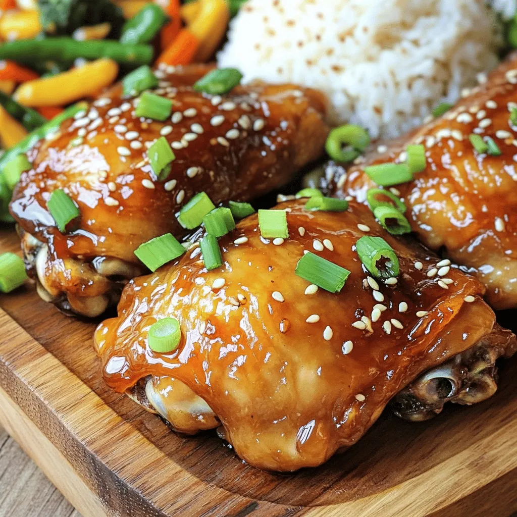 - 6 boneless, skinless chicken thighs - 1/4 cup honey - 1/4 cup soy sauce - 1 tablespoon rice vinegar - 4 cloves garlic, minced - 1 tablespoon fresh ginger, grated For this dish, the main star is the chicken thighs. They are juicy and tender. The honey adds sweetness, while soy sauce brings depth. Rice vinegar gives a nice tang. Garlic and ginger add a burst of flavor. - 2 green onions, thinly sliced - Sesame seeds Garnishes make the dish pop. Green onions add a fresh crunch. Sesame seeds add a nutty touch. These small details can elevate your meal. - 2 tablespoons olive oil - Salt and pepper to taste - 1 teaspoon sesame oil Seasoning is key for great taste. Olive oil helps with cooking and flavor. Salt and pepper enhance the natural flavors. Sesame oil adds a rich aroma. You can adjust these to fit your taste. For the complete recipe, check out the [Full Recipe]. To start, gather your ingredients. In a medium bowl, whisk together: - 1/4 cup honey - 1/4 cup soy sauce - 1 tablespoon rice vinegar - 4 cloves garlic, minced - 1 tablespoon fresh ginger, grated - 2 tablespoons olive oil - 1 teaspoon sesame oil Mix until smooth. This honey garlic blend will give your chicken a sweet and tangy taste. Next, place the 6 boneless, skinless chicken thighs into a large resealable plastic bag or bowl. Pour the marinade over the chicken. Make sure each piece gets coated well. Seal the bag or cover the bowl. Refrigerate the chicken for at least 30 minutes. For even better flavor, marinate for up to 4 hours. You can choose to grill or pan-sear your chicken. - Grilling: Preheat your grill to medium-high heat. - Pan-searing: Heat a large skillet over medium heat. Once ready, take the chicken out of the marinade. Let the excess marinade drip off. Season your chicken with salt and pepper. Cook the chicken thighs for about 6-7 minutes on each side. Make sure they reach an internal temperature of 165°F (75°C) and get a nice caramelized look. In the last few minutes, you can brush some reserved marinade over the chicken. Just remember, only use marinade that has not touched raw chicken. Enjoy your meal! The full recipe is easy to follow, making a delicious dish. For the best flavor, marinate your chicken thighs for at least 30 minutes. You can let them sit for up to 4 hours for a bolder taste. Use a large resealable bag or a bowl to coat the chicken fully. Make sure you flip the bag or stir the bowl occasionally. This helps the marinade reach every spot. To check if your chicken is done, use a meat thermometer. The safe internal temperature is 165°F (75°C). This ensures the chicken is juicy and safe to eat. Always wash your hands and surfaces after touching raw chicken. It’s key to avoid cross-contamination. For serving, place the chicken thighs on a big platter. Drizzle some honey or leftover marinade over them for extra shine. Serve with steamed rice or colorful stir-fried vegetables for a complete meal. Garnish with green onions and sesame seeds for a beautiful look. Enjoy your dish! {{image_2}} You can add a bright flavor to your honey garlic chicken thighs. Just include some orange or lemon zest. This little move gives your dish a fresh taste. The citrus adds a nice zing that works well with the sweet honey. Simply mix the zest into your marinade for a tasty twist! Want to kick it up a notch? Try adding chili flakes or sriracha. This gives your chicken a spicy kick that balances the sweetness of the honey. Start with a little, then taste as you go. You can adjust the heat to match your preference. It’s a fun way to switch up the flavor! If you're looking for a lighter meal, use skinless chicken thighs. This keeps your dish flavorful without the extra fat. You can also swap regular soy sauce for low-sodium soy sauce. This small change makes your honey garlic chicken healthier while still tasting great. Small tweaks can lead to big benefits! For the full recipe, check out the detailed instructions to create your flavorful dish. Store your leftover honey garlic chicken thighs in an airtight container. This keeps them fresh. Ensure they cool down before sealing. They will stay good for up to four days in the fridge. If you want to eat them later, avoid leaving them out for more than two hours. This helps prevent bacteria growth. You can freeze cooked chicken thighs too. First, let them cool completely. Then, wrap each thigh in plastic wrap. Place them in a freezer-safe bag or container. They will last up to three months in the freezer. When you're ready to eat, move them to the fridge for overnight thawing. To reheat, use the oven for best results. Preheat the oven to 350°F (175°C). Place the chicken on a baking sheet and cover with foil. Heat for about 15-20 minutes, or until warmed through. You can also use a microwave. Just place the chicken on a plate, cover it, and heat for about 1-2 minutes. Check every 30 seconds to avoid overcooking. Reheating this way keeps the chicken juicy and tasty. For more detailed steps, check the Full Recipe. To make Honey Garlic Chicken Thighs, follow these simple steps: 1. Prepare the marinade by mixing honey, soy sauce, rice vinegar, minced garlic, grated ginger, olive oil, and sesame oil in a bowl. 2. Marinate the chicken in a bag or bowl for at least 30 minutes. 3. Cook the chicken on a grill or in a pan for about 6-7 minutes per side. 4. Glaze the chicken with some reserved marinade in the last minutes of cooking. 5. Rest and serve the chicken after cooking, garnished with green onions and sesame seeds. This process creates juicy, flavorful chicken with a sticky glaze that you will love. You have many options for side dishes that pair well with Honey Garlic Chicken Thighs: - Steamed rice - Stir-fried vegetables - Quinoa salad - Garlic mashed potatoes - Roasted broccoli Each of these sides complements the sweet and savory notes of the chicken. Yes, you can use chicken breasts, but there are pros and cons: - Pros: Chicken breasts are leaner and cook faster. - Cons: They can dry out more easily than thighs if overcooked. Chicken thighs offer more flavor and tenderness, making them a great choice for this recipe. Yes, this recipe is perfect for meal prep. Here are some tips: - Cook a larger batch and store in airtight containers. - Divide into single servings for easy lunches or dinners. - Keep the chicken in the fridge for up to four days or freeze for longer storage. Meal prepping makes it easy to enjoy delicious Honey Garlic Chicken Thighs all week! For the complete cooking process, check out the [Full Recipe]. This blog post covered a simple recipe for Honey Garlic Chicken Thighs. We explored the main ingredients, the marinade process, and cooking methods. I shared tips on marinating, cooking, and presenting your dish. You also learned about variations and how to store leftovers. In closing, enjoy the rich flavor of this dish. It’s easy to make, healthy, and perfect for sharing. Experiment with the variations to keep your meals exciting. Whether you grill or pan-sear, this recipe is sure to impress. Happy cooking!