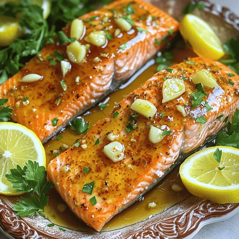 - 4 salmon fillets - 1/4 cup honey - 2 tablespoons fresh lemon juice - 3 cloves garlic, minced - 2 tablespoons olive oil - Salt and pepper to taste - 1 teaspoon paprika - Fresh parsley, chopped (for garnish) - Lemon slices (for garnish) - Additional spices (e.g., thyme, dill) - Soy sauce for a saltier glaze - Ginger for added warmth When I make honey lemon garlic salmon, I love to gather my ingredients first. Having everything ready makes cooking easier. The salmon fillets are the star of the dish. I recommend using fresh salmon for the best flavor. Honey adds sweetness and a beautiful glaze. Fresh lemon juice gives a bright, zesty kick. Minced garlic brings depth and aroma. Olive oil helps to keep the salmon moist and tender. Don’t forget salt and pepper! They enhance all the flavors. Paprika adds a hint of smokiness. For a colorful finish, I like to sprinkle fresh parsley on top. Lemon slices not only look pretty but add extra zest when served. If you want to play with flavors, try the optional ingredients. Thyme and dill can add herbal notes. Soy sauce gives a savory touch. Adding ginger warms up the dish with a spicy kick. You can find the full recipe [here](#). To start, you need to preheat your oven. Set it to 400°F (200°C). This step is key for even cooking. Let the oven warm up while you prepare the glaze. Next, you’ll make the honey lemon garlic mixture. Take a small bowl and add: - 1/4 cup honey - 2 tablespoons fresh lemon juice - 3 cloves garlic, minced - 2 tablespoons olive oil - Salt and pepper to taste - 1 teaspoon paprika Whisk these ingredients together until they blend well. This glaze gives the salmon its sweet and tangy flavor. Now, grab your salmon fillets. Place them skin-side down on a parchment-lined baking sheet. This helps with easy cleanup and prevents sticking. Then, brush that tasty honey lemon garlic mixture generously over each fillet. Make sure to coat them well. This step adds flavor and keeps the salmon moist. Bake your salmon in the preheated oven for about 12 to 15 minutes. The ideal temperature is 400°F. To check for doneness, look for the salmon to flake easily with a fork. If it does, it’s ready! If not, give it a few more minutes. To get the perfect texture for salmon, follow these steps: - Choose the right salmon: Fresh, wild-caught salmon has better flavor and texture. - Avoid overcooking: Bake the salmon for 12-15 minutes. It should flake easily. - Rest the salmon: Let it sit for a few minutes after baking. This keeps it juicy. For the best honey and garlic combination, try these tips: - Use fresh garlic: Freshly minced garlic gives the best flavor. Avoid powdered garlic. - Balance sweetness and acidity: Adjust the honey and lemon juice to your taste. This balance makes the dish shine. Creative plating ideas can enhance your meal: - Use a decorative platter: Place the salmon fillets on a colorful plate. Drizzle extra glaze over the top. - Garnish thoughtfully: Add lemon slices and fresh parsley around the salmon. This adds color and freshness. Pairing suggestions can make your meal even better: - Choose sides wisely: Serve with steamed veggies or rice. These sides complement the salmon well. - Wine pairing: Light white wine, like Sauvignon Blanc, works great. It enhances the flavors of the dish. For the full recipe, including steps and tips, check out the Honey Lemon Garlic Salmon section. {{image_2}} You can change how you cook honey lemon garlic salmon to suit your taste. Here are two methods: - Grilling honey lemon garlic salmon: Grilling gives the salmon a nice smoky flavor. Preheat your grill to medium-high. Place the salmon on the grill and cook for about 6-8 minutes per side. Brush it with the honey lemon garlic mix while it cooks. This method adds a crispy char and enhances the dish's flavor. - Pan-searing for a crispy finish: This method can create a great crust. Heat a skillet over medium heat with olive oil. Place the salmon skin-side down. Cook for 4-5 minutes, then flip and cook for another 3-4 minutes. Use the honey lemon garlic mix to glaze the salmon during the last minute of cooking. This method gives a beautiful golden-brown color. You can swap out ingredients to fit your needs: - Replacing salmon with other fish: If you can’t find salmon, try trout or tilapia. Both fish work well with the honey lemon garlic mix. They cook in similar times and will soak up the flavors nicely. - Vegan alternatives for a similar recipe: For a plant-based option, use tofu or tempeh. Marinate them in the same honey lemon garlic mix. Bake or grill them just like you would the salmon. This will give you a similar sweet and tangy taste while keeping it vegan. For the full recipe, check out the guidelines I provided earlier. Enjoy experimenting with these variations! To keep your honey lemon garlic salmon fresh, store it in the fridge. Place leftovers in an airtight container. This helps keep the salmon moist and flavorful. Ideally, eat it within three days for the best taste. If you want to save it for longer, consider freezing it. For freezing salmon, make sure it's completely cool. Wrap each piece in plastic wrap, then place it in a freezer bag. Remove as much air as possible to prevent freezer burn. You can freeze it for up to two months. When you’re ready to eat, thaw it in the fridge overnight. Reheating salmon can be tricky. You don't want to dry it out. The best method is to use the oven. Preheat it to 300°F (150°C). Place the salmon on a baking sheet and cover it with foil. Heat for about 10-15 minutes. This keeps it moist and tasty. You can also use the microwave, but be careful. Set it at a low power level. Heat in short bursts, checking often. Serve it right after reheating for the best taste. Enjoy your meal! What is the best type of salmon to use? I recommend using wild-caught salmon. It has richer flavor and better texture. Sockeye and king salmon are both great choices. They are firm and hold up well during cooking. Farmed salmon is also fine but may be fattier. Can I prepare the glaze in advance? Yes, you can make the glaze ahead of time. Just mix honey, lemon juice, and garlic. Store it in the fridge for up to two days. When you're ready to cook, simply take it out and use it. How do I know when the salmon is fully cooked? Look for a few signs. The salmon should be opaque and flake easily with a fork. An internal temperature of 145°F (63°C) means it's done. If you’re unsure, use a food thermometer for accuracy. Can I use bottled lemon juice instead of fresh? You can use bottled lemon juice, but fresh is best. Fresh lemon juice has a brighter taste. Bottled juice can be more tart or less flavorful. If you must use bottled, choose a high-quality brand for the best effect. Nutritional benefits of salmon and the ingredients used Salmon is packed with omega-3 fatty acids, which are good for your heart. It also has high protein and vitamins like B12. Honey adds natural sweetness and antioxidants. Garlic offers health benefits like boosting the immune system. Is honey lemon garlic salmon suitable for special diets? Yes, this dish fits many diets. It is gluten-free and low-carb. If you are vegan, you can substitute salmon with tofu or chickpeas. Just adjust the cooking time to fit the new ingredients. For those watching sugar, you can reduce the honey amount. For the full recipe, check out the Honey Lemon Garlic Salmon section! This blog post explored how to make a delicious honey lemon garlic salmon. We covered required ingredients, preparation, and cooking steps to get it just right. I shared some tips for perfect texture and presentation. You also learned variations and storage methods for leftovers. Enjoy trying this recipe in your kitchen! With practice, you'll impress your family with a tasty, healthy meal.