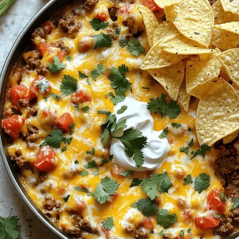 To make a Loaded Cheesy Taco Skillet, you need fresh and tasty ingredients. Here’s what you will require: - 1 lb ground beef or turkey - 1 tablespoon olive oil - 1 medium onion, diced - 2 cloves garlic, minced - 1 packet taco seasoning (or homemade) - 1 cup corn kernels (frozen or canned) - 1 can (15 oz) black beans, drained and rinsed - 1 cup diced tomatoes (fresh or canned) - 1 cup shredded cheddar cheese - 1 cup shredded Monterey Jack cheese - 1/2 cup sour cream - 1/4 cup chopped fresh cilantro (for garnish) - Tortilla chips (for serving) Each ingredient adds flavor and texture. The ground beef or turkey gives protein, while the beans boost fiber. The taco seasoning brings a zesty kick. Corn adds sweetness, and tomatoes enhance the freshness. Cheese makes everything better! Both cheddar and Monterey Jack melt beautifully, creating that cheesy goodness we crave. Sour cream cools the dish down. Cilantro adds a nice touch of green. Finally, tortilla chips are perfect for scooping and enjoying every bite. These ingredients come together for a rich and satisfying meal. For the full recipe, check out the detailed steps. Start by prepping your ingredients. This makes cooking smooth and easy. Gather and measure everything first. This includes: - 1 lb ground beef or turkey - 1 tablespoon olive oil - 1 medium onion, diced - 2 cloves garlic, minced - 1 packet taco seasoning (or homemade) - 1 cup corn kernels (frozen or canned) - 1 can (15 oz) black beans, drained and rinsed - 1 cup diced tomatoes (fresh or canned) - 1 cup shredded cheddar cheese - 1 cup shredded Monterey Jack cheese - 1/2 cup sour cream - 1/4 cup chopped fresh cilantro (for garnish) - Tortilla chips (for serving) Next, set up your cooking space. Clear the counter and have a large skillet ready. Make sure you have a spatula and measuring cups close by. This helps you cook without delays. Now, it's time to cook the taco skillet. Follow these detailed steps: 1. In a large skillet, heat olive oil over medium heat. 2. Add the diced onion and sauté until it is see-through, about 3-4 minutes. 3. Toss in the minced garlic. Cook for 1 minute until it smells great. 4. Turn up the heat to medium-high. Add the ground beef or turkey. Cook until it is brown, breaking it apart with a spatula, about 6-8 minutes. 5. Stir in the taco seasoning, corn, black beans, and diced tomatoes. Turn the heat down to medium and cook for 5 minutes. This lets the flavors mix well. 6. Spread the mixture evenly in the skillet. Sprinkle the cheddar and Monterey Jack cheeses on top. Cover the skillet and cook for about 5 minutes. Wait until the cheese is melted and bubbly. 7. Take it off the heat. Drizzle sour cream over the top. Add fresh cilantro as a garnish. 8. Serve hot with tortilla chips for dipping! To cook meat evenly, break it up as it cooks. This helps it brown well. Stir it regularly to avoid any pieces cooking too fast. Letting the flavors meld is key. After adding the taco seasoning and other ingredients, let them simmer. This lets all the tastes come together. It makes every bite much better! To avoid overcooking ground meat, cook it on medium heat. This helps keep it juicy. Stir often to break it apart. Once it turns brown, it's ready for the next steps. For melting cheese perfectly, use a lid on the skillet. The steam helps the cheese melt evenly. Watch it closely to avoid burning. If you like extra gooey cheese, add it in layers. Pair the Loaded Cheesy Taco Skillet with fresh dips like guacamole or salsa. You can also add sour cream on the side for extra creaminess. For toppings, try chopped jalapeños or diced avocado. Presentation matters! Serve it straight from the skillet to keep it warm. Use colorful tortilla chips around the skillet for a fun look. A sprinkle of cilantro on top makes it even prettier. One common mistake is overloading the skillet. If you add too much filling, it won’t cook evenly. Keep it simple to ensure all the flavors blend well. Don't skip the garnishing! Fresh herbs like cilantro add flavor and color. A simple garnish makes your dish look more appealing and inviting. {{image_2}} You can swap proteins in this dish. Ground turkey or chicken works great. If you want it plant-based, try lentils or textured soy protein. Beans are also flexible. Use pinto or kidney beans instead of black beans. You can even add veggies like bell peppers or zucchini for extra nutrition. These swaps keep the dish fun and fresh. To change the heat, try different taco seasonings. Some brands are mild, while others pack a punch. You can also add jalapeños for a spicy kick. If you like more heat, splash in your favorite hot sauce. Adjusting spice levels makes this dish fun for everyone. You can make this dish a layered dip. Just layer the skillet mixture in a dish. Top it with cheese, sour cream, and cilantro. Serve with tortilla chips for dipping. Another option is turning it into a taco salad. Use lettuce as a base and add the skillet mix on top. Add your favorite salad toppings for a tasty twist. For the full recipe, check out the Loaded Cheesy Taco Skillet details. To store leftovers, let the Loaded Cheesy Taco Skillet cool down first. Place it in an airtight container. This will keep it fresh. You can store it in the fridge for up to three days. When you're ready to eat, check for any off smells. If it smells fine, you can enjoy it again! If you want to save some for later, you can freeze it. Divide the skillet into portions. Use freezer-safe containers or bags. Remove as much air as you can. Label the bags with the date. You can freeze it for up to three months. When you want to eat it, thaw it in the fridge overnight. Reheat in a skillet or microwave until hot. Leftovers can be fun to use in different ways. Here are some ideas: - Taco Salad: Mix the skillet with fresh greens and your favorite toppings. - Stuffed Peppers: Fill bell peppers with the mixture and bake until tender. - Tacos or Burritos: Wrap it in tortillas for quick meals on the go. - Quesadillas: Spread the mixture between tortillas and grill until crispy. These options let you get creative while enjoying your tasty meal! You can easily make this recipe vegetarian by swapping the meat. Use one of these options: - 1 lb of lentils - 1 lb of black beans - 1 lb of chopped mushrooms These substitutes offer great texture and flavor. You can also add extra veggies like bell peppers or zucchini for more bulk. Absolutely! You can mix and match cheeses based on what you like. Here are some great options: - Pepper Jack for a spicy kick - Gouda for a smoky flavor - Cream cheese for a rich, creamy texture Feel free to experiment with whatever cheese you have on hand. This dish is great on its own, but it pairs well with these sides: - Fresh guacamole - Salsa or pico de gallo - A simple green salad Tortilla chips are perfect for dipping. You can also serve it with rice or quinoa for a heartier meal. To reheat, you have a few good options: - Microwave: Place in a bowl and heat for 1-2 minutes, stirring halfway. - Stovetop: Heat in a skillet over medium heat until warm, about 5 minutes. - Oven: Place in a baking dish, cover with foil, and heat at 350°F for 10-15 minutes. This keeps the cheese melty and the flavors intact. Enjoy your leftovers! This Loaded Cheesy Taco Skillet is easy and fun to make. You can use ground beef or turkey, and add tasty veggies. We covered tips for cooking meat right and melting cheese perfectly. Don’t forget to try different toppings and serving styles to mix it up. With simple swaps, you can make it fit your taste. Leftovers are easy to store and reuse, giving you more meals. Enjoy your cooking adventure, and remember, the best dish is one made with joy!