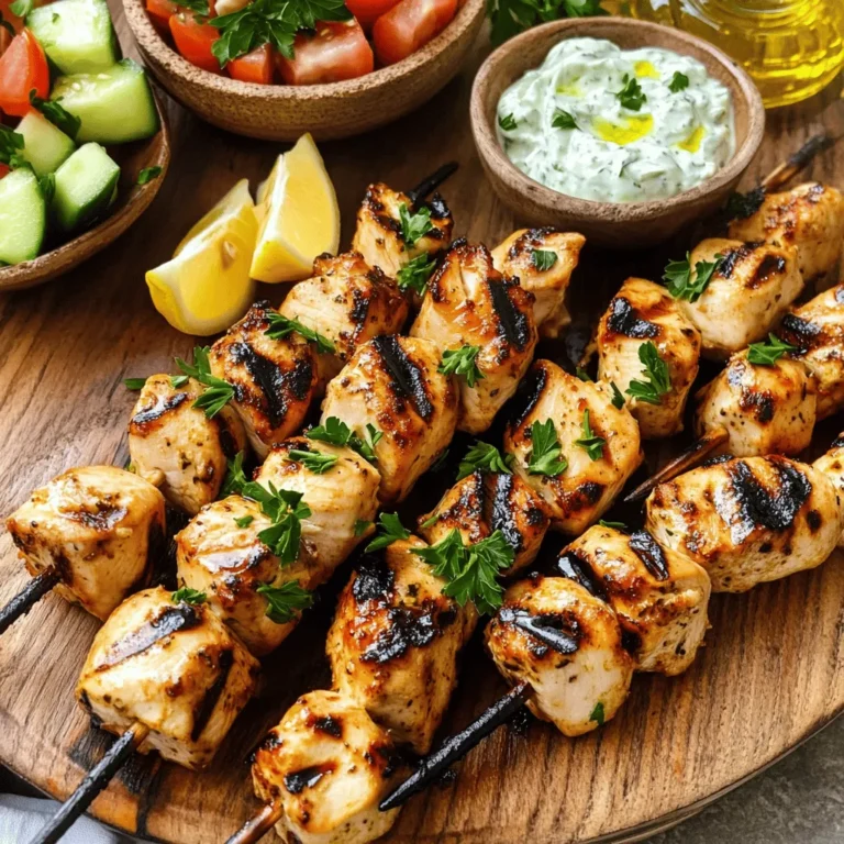 - 1 lb boneless, skinless chicken breasts - 3 tablespoons olive oil - 2 tablespoons fresh lemon juice - 2 tablespoons Greek yogurt - 3 cloves garlic, minced The main ingredients are key to great flavor. The chicken serves as the base. Use fresh, quality chicken for the best taste. Olive oil adds richness. Lemon juice gives a nice tang. Greek yogurt adds creaminess and helps tenderize the meat. Garlic brings a punch of flavor that everyone loves. - 1 teaspoon dried oregano - 1 teaspoon dried thyme - 1 teaspoon paprika - Salt and pepper to taste Herbs and spices elevate your dish. Oregano is a classic Greek herb. Thyme adds earthiness, while paprika gives a subtle warmth. Salt and pepper enhance all flavors. You can adjust these to fit your taste. Fresh herbs can also work well if you have them on hand. - Wooden or metal skewers - Fresh parsley, chopped (for garnish) - Lemon wedges (for serving) Skewers are a must for souvlaki. If you use wooden skewers, soak them in water first. This prevents burning on the grill. Fresh parsley adds color and freshness on top. Lemon wedges are perfect for squeezing over the chicken. They boost flavor and add brightness to each bite. For the complete recipe, check out the Full Recipe section. In a medium bowl, whisk together the marinade ingredients. Combine 3 tablespoons of olive oil, 2 tablespoons of fresh lemon juice, and 2 tablespoons of Greek yogurt. Next, add 3 minced cloves of garlic, 1 teaspoon of dried oregano, 1 teaspoon of dried thyme, and 1 teaspoon of paprika. Finish with salt and pepper to taste. This mix is key for flavor. Now, take your 1 pound of boneless, skinless chicken breasts. Cut them into 1-inch cubes. Coat the chicken cubes in the marinade. Make sure each piece is well covered. After that, cover the bowl and place it in the refrigerator. Let it marinate for at least 30 minutes or up to 2 hours. This step makes the chicken juicy and tasty. First, preheat your grill or grill pan over medium-high heat. Once hot, thread the marinated chicken onto skewers. If you use wooden skewers, make sure they soaked in water for 30 minutes first. Leave some space between each piece for even cooking. Grill the chicken skewers for about 10 to 12 minutes. Turn them occasionally. Check for doneness by ensuring the internal temperature reaches 165°F (75°C). Once cooked, remove the skewers from the grill. Let them rest for about 5 minutes. This resting time allows the juices to spread throughout the chicken. For a full recipe, refer back to the earlier section. Enjoy your Greek chicken souvlaki with a garnish of fresh parsley and lemon wedges on the side! To get the best flavor from your chicken souvlaki, timing matters. I recommend marinating the chicken for at least 30 minutes. If you have more time, marinate for up to 2 hours. This longer time lets the chicken absorb the marinade's flavors deeply. Remember, the lemon juice helps tenderize the meat, making it juicy and tasty. You can grill souvlaki for that smoky flavor. However, if you don’t have a grill, you can use an oven or stovetop. When grilling, keep the heat medium-high. This way, the chicken gets nice grill marks and cooks evenly. If cooking in the oven, set it to 400°F (200°C). Cook for about 15-20 minutes, flipping halfway. Always check that the chicken reaches an internal temperature of 165°F (75°C) to ensure it’s safe to eat. Juicy chicken is the goal, so don’t overcook it. Presentation makes your dish more appealing. Serve the chicken souvlaki on a large platter. Drizzle some olive oil over the top for shine. Add a bowl of tzatziki sauce for dipping. Pair it with fresh veggies like cucumber and tomato salad. This not only looks great but also adds color and freshness to your meal. For the final touch, garnish with chopped parsley and a few lemon wedges on the side. This makes your meal pop and invites everyone to dig in. For the full recipe, check out the [Full Recipe]. {{image_2}} You can switch up the chicken for lamb or beef. Both meats add great taste. Lamb gives a rich flavor, while beef adds a hearty bite. Use the same marinade for these meats. Just ensure they are cut into similar-sized pieces. This way, they cook evenly. Grill them until they reach the right temperature. For lamb, that’s about 145°F (63°C). For beef, aim for 160°F (71°C). If you want a meat-free meal, try using vegetables or tofu. Bell peppers, zucchini, and mushrooms work well on skewers. Tofu soaks up the marinade nicely. Cut your vegetables into chunks that match the size of meat pieces. Marinate them just like the chicken. Grill the skewers until the veggies are tender and slightly charred. This gives a nice smoky flavor. Don’t be afraid to play with the herbs and spices. If you like more heat, add crushed red pepper flakes. Fresh herbs like basil or mint can also brighten the dish. You can even try adding cumin for a warm, earthy taste. Each tweak can make your souvlaki unique. Just remember to keep the balance of flavors in check. Enjoy the process of experimenting! For the full recipe, check out the original version. To keep your chicken souvlaki fresh, let it cool down first. Place it in an airtight container. Store it in the fridge for up to three days. Make sure to consume it within this time for the best taste. If you have any sides, like tzatziki or salad, store them separately. This keeps flavors fresh and prevents sogginess. When reheating chicken souvlaki, the best method is using an oven or a grill. Preheat your oven to 350°F (175°C). Place the skewers on a baking sheet. Heat for about 10-15 minutes. This method helps keep the chicken juicy. For the grill, warm it up and grill for 5 minutes, turning often. Check that the internal temperature reaches 165°F (75°C) for safe eating. If you want to save chicken souvlaki for later, freezing is a great option. First, let it cool completely. Then, wrap each skewer in plastic wrap. Place them in a freezer-safe bag. Label the bag with the date. You can freeze it for up to three months. To defrost, place the bag in the fridge overnight. Reheat as mentioned above. Enjoy your delicious meal later! The best way to marinate chicken for souvlaki is to use a mix of flavors. A simple marinade includes olive oil, lemon juice, Greek yogurt, garlic, and herbs. I recommend marinating your chicken for at least 30 minutes. For the best flavor, let it sit for up to 2 hours. This longer time helps the flavors soak into the chicken. Be sure to refrigerate the chicken while it marinates. Yes, you can cook Greek chicken souvlaki in the oven. First, preheat your oven to 400°F (200°C). Thread the marinated chicken onto skewers. Place the skewers on a baking sheet lined with parchment paper. Cook for about 15-20 minutes, turning the skewers halfway through. This helps them cook evenly and get a nice color. Check that the chicken is fully cooked before serving. To know if the chicken is fully cooked, use a meat thermometer. The safe internal temperature for chicken is 165°F (75°C). Insert the thermometer into the thickest part of the chicken. If it reads 165°F or higher, your chicken is done. If not, cook it a bit longer and check again. Always ensure your chicken is safe to eat for the best experience. This article covers how to make Greek chicken souvlaki, from ingredients to storage tips. You learned about the main ingredients, marinade prep, cooking methods, and serving ideas. Remember, marinating is key for flavor. Do not shy away from using different proteins or veggies. These variations can lead to new, tasty dishes. Storing and reheating properly will keep your leftovers enjoyable. Now, you’re ready to impress at your next meal with this easy, delicious recipe. Enjoy your cooking adventure!