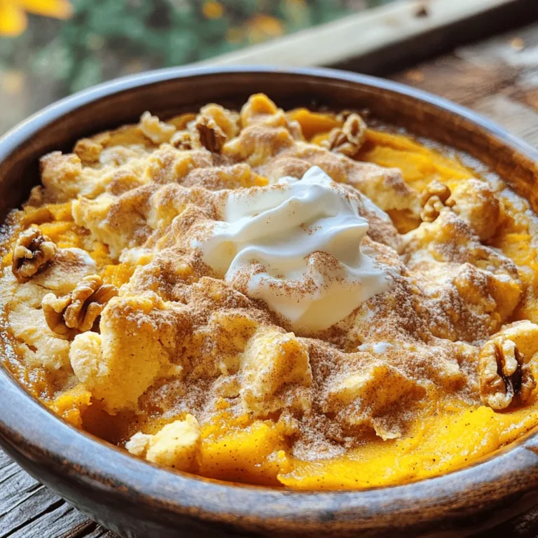 - 1 cup canned pumpkin puree - 1/2 cup granulated sugar - 1/2 cup brown sugar - 2 large eggs - 1 cup all-purpose flour To create the Snickerdoodle Pumpkin Cobbler, you need some key ingredients. Canned pumpkin puree gives the dish its warm, earthy flavor. Both granulated and brown sugars add sweetness and depth. Two large eggs help bind everything together, while all-purpose flour forms the base. - 1/2 cup chopped walnuts or pecans - 2 tablespoons cinnamon-sugar mixture (for topping) You can add chopped walnuts or pecans for a nutty crunch. A sprinkle of cinnamon-sugar on top gives it a sweet finish. This step is all about personal touch and taste. - 1 teaspoon ground cinnamon - 1/2 teaspoon ground nutmeg - 1/4 teaspoon ground ginger - 1 teaspoon baking powder - 1/2 teaspoon baking soda - 1/4 teaspoon salt Spices are crucial for flavor. Ground cinnamon adds warmth. Nutmeg and ginger offer a hint of spice. Baking powder and baking soda help the cobbler rise. A pinch of salt balances the sweetness. For the full recipe, you can check the [Full Recipe]. First, preheat your oven to 350°F (175°C). Next, grease a 9x9-inch baking dish with non-stick spray or butter. This step is crucial to prevent sticking. In a large mixing bowl, combine the pumpkin puree, granulated sugar, brown sugar, and vanilla extract. Whisk them together until the mixture is smooth. This blend adds sweetness and a lovely flavor to your cobbler. In another bowl, mix the dry ingredients. Combine the cinnamon, nutmeg, ginger, baking powder, baking soda, salt, and flour. Stir them well to ensure even distribution of the spices. Gradually add the dry mix to the wet ingredients. Alternate with the milk as you mix. Be gentle here; over-mixing can make the cobbler tough. Once just combined, stir in the melted butter. If you like, add chopped walnuts or pecans for extra crunch. Pour the batter into your prepared baking dish. Spread it evenly for a consistent bake. Before placing it in the oven, sprinkle the top with the cinnamon-sugar mixture. This adds a sweet crust that contrasts nicely with the soft filling. Bake in the preheated oven for 30-35 minutes. Check for doneness by inserting a toothpick in the center. If it comes out clean, your cobbler is ready. Let it cool slightly before serving. Enjoy it warm for the best taste, especially with a scoop of ice cream. For the complete recipe, refer to the Full Recipe above. - Not measuring ingredients accurately: Always use dry measuring cups for flour and sugar. This helps keep the balance right. A kitchen scale is your best friend for precision. - Over-mixing the batter: Mix until just combined. Over-mixing makes the cobbler tough. You want it soft and fluffy, not dense. - Resting the batter before baking: Let your batter sit for a few minutes. This helps the flavors blend well. It can also improve the texture. - Adjusting spices to personal taste: Feel free to change up the spices! If you love nutmeg, add a bit more. If you want it spicier, increase the ginger. Make it yours! - Pairing with ice cream or whipped cream: Serve warm with a scoop of vanilla ice cream. The cold ice cream contrasts nicely with the warm cobbler. Whipped cream is a great choice too! - Presentation ideas for gatherings: Cut into squares and serve in bowls. Sprinkle some cinnamon on top for a pop of color. Add a dollop of whipped cream for a lovely finish. This makes your dessert look fancy! For the full recipe, check out the Snickerdoodle Pumpkin Cobbler section above. {{image_2}} You can change the nuts in this dish or skip them. If you like walnuts, use them. Pecans work great too. If you want a nut-free option, just leave them out. For sugar, swap granulated sugar for coconut sugar or honey. These options add a different flavor and sweetness. Coconut sugar gives a rich taste, while honey adds a nice touch. Want to jazz up your cobbler? Try adding chocolate chips or butterscotch chips. These sweet bites melt and blend with the pumpkin. You can also explore spices like allspice or cloves. These spices add warmth and depth to the cobbler. Don't be afraid to mix and match your favorites to create new flavors. For gluten-free friends, use gluten-free flour. Many brands work well and keep the taste great. If you need to avoid eggs, try flaxseed or applesauce as a substitute. Each option helps to keep the cobbler moist and tasty. You can enjoy the same warm dessert while meeting your dietary needs. For the full recipe, check the link above. After enjoying your Snickerdoodle Pumpkin Cobbler, let it cool down. Then, cover it with plastic wrap or keep it in an airtight container. Store it in the fridge for up to three days. The cobbler stays tasty and fresh when stored properly. To enjoy your cobbler warm, you can reheat it. The best way is to use an oven. Preheat the oven to 350°F (175°C) and place the cobbler in for about 10-15 minutes. This keeps the texture nice and soft. If you use a microwave, heat it in short bursts of 20 seconds. Check to avoid drying it out. If you want to save some for later, freezing works well. Cut the cobbler into squares first. Wrap each piece in plastic wrap, then place them in a freezer bag. This way, you can take only what you need. For the best taste, eat it within three months. When ready to enjoy, thaw it in the fridge overnight before reheating. - Prep time: 15 mins - Total time: 50 mins - Servings: 9 Yes, you can prepare this cobbler ahead of time. Mix the batter and pour it into the greased dish. Cover it tightly with plastic wrap and store it in the fridge for up to a day. When you're ready, bake it straight from the fridge. Just add a few extra minutes to the baking time. You can serve it with a scoop of vanilla ice cream or a dollop of whipped cream. A drizzle of caramel sauce adds a nice touch, too. Fresh whipped cream garnished with a sprinkle of cinnamon works great as well. Look for a golden-brown color on top. A toothpick inserted in the center should come out clean. If it comes out with wet batter, give it a few more minutes. The edges should be slightly puffed and firm to touch. Yes, fresh pumpkin can be used instead of canned pumpkin puree. To do this, cook the pumpkin until soft, then mash it. Make sure to drain any excess water. This will give your cobbler a fresh taste and a nice texture. In this blog post, you discovered how to make a delicious Snickerdoodle Pumpkin Cobbler. We talked about essential ingredients, like canned pumpkin and sugars, and shared optional ones to enhance flavor. I provided step-by-step instructions for preparation, baking, and common mistakes to watch out for. Remember to store leftovers properly to keep them fresh. This dessert is easy to make, fun to personalize, and perfect for gatherings. Enjoy baking this delightful treat that brings warmth and sweetness to any occasion!