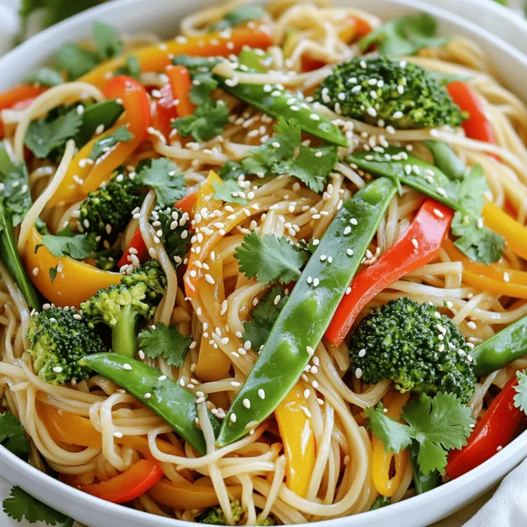For the base of this dish, you need: - 8 oz. rice noodles - 2 tablespoons vegetable oil - 1 tablespoon fresh ginger, minced - 4 cloves garlic, minced - 1 bell pepper, julienned (any color) - 1 cup broccoli florets - 1 cup snap peas - 2 green onions, chopped - 3 tablespoons soy sauce - 1 tablespoon sesame oil - 1 tablespoon honey (or maple syrup for a vegan option) - Sesame seeds for garnish - Fresh cilantro for garnish - Salt and pepper to taste These ingredients create a vibrant and tasty dish. The ginger and garlic add warmth and depth. The bright veggies make every bite a treat. To boost the flavor, consider adding: - Red pepper flakes for heat - Mushrooms for a savory touch - Carrots for added sweetness and color - Cashews for crunch and richness These options can enhance the dish and make it your own. You can swap ingredients based on your needs: - Use gluten-free noodles if you need a gluten-free option. - Replace soy sauce with tamari for a gluten-free sauce. - For a vegan dish, make sure to use maple syrup instead of honey. These swaps let everyone enjoy a delicious Ginger Garlic Noodle Stir Fry. Check out the Full Recipe for more details on how to put it all together! First, you need to make your rice noodles. Boil water in a pot. Add 8 oz. of rice noodles and cook them according to the package instructions. This usually takes about 5-7 minutes. Once they are soft, drain them in a colander. Rinse them with cold water to stop the cooking. Toss the noodles with a bit of oil. This will help keep them from sticking together. Now, let’s get cooking! Heat 2 tablespoons of vegetable oil in a skillet or wok over medium-high heat. Wait until the oil shimmers. Add 1 tablespoon of minced ginger and 4 cloves of minced garlic. Stir them quickly for about 30 seconds. You want them fragrant, not burnt. Next, toss in your julienned bell pepper. Stir-fry this for 2-3 minutes until it's slightly soft. Now, add 1 cup of broccoli florets and 1 cup of snap peas. Keep stirring for another 3-4 minutes. Your veggies should be bright and tender-crisp. If they look dull or mushy, you’ve cooked them too long! In a small bowl, mix together 3 tablespoons of soy sauce, 1 tablespoon of sesame oil, and 1 tablespoon of honey or maple syrup. Pour this sauce over the cooked veggies. Add your prepared rice noodles to the skillet. Toss everything together gently. Make sure the noodles and veggies are well combined and heated through. Finally, season your dish with salt and pepper to taste. Fold in 2 chopped green onions for a fresh touch. Serve your Ginger Garlic Noodle Stir Fry hot. Garnish with sesame seeds and fresh cilantro for that perfect finish. This dish is not only easy but also packed with flavor. Enjoy your meal! For the full recipe, check out the details above. To get the best texture, keep your heat high. Hot oil helps cook food fast. Cut your veggies thin for quick cooking. Stir them often to avoid burning. Don't crowd the pan; it can make your veggies soggy. Work in batches if needed. You want that crisp bite! Start with fresh ginger and garlic. They create a strong base for flavor. Sauté them quickly to release their oils. Use a mix of sauces for depth. Soy sauce adds saltiness, while sesame oil gives richness. Honey or maple syrup offers a sweet touch. Taste as you go to balance flavors. One big mistake is overcooking the veggies. They should stay bright and crunchy. Avoid using old oil; it can ruin the taste. Don't skip the seasoning; it elevates the dish. Lastly, remember to toss everything together well. This ensures each bite is packed with flavor. Make sure to check out the [Full Recipe] for all the steps! {{image_2}} You can easily make this dish vegetarian or vegan. Just skip the meat and use more veggies. Try adding mushrooms, zucchini, or carrots for extra taste. Use maple syrup instead of honey to keep it vegan. This keeps the dish sweet and delicious. Adding protein can make your meal heartier. Chicken works well and cooks quickly. Simply cut it into bite-sized pieces and stir-fry it before adding veggies. Tofu is another great choice. Use firm tofu and cube it. Fry until golden for a tasty crunch. Shrimp also adds flavor. Cook them until they turn pink, then mix them in. You can change the taste by swapping some ingredients. Instead of rice noodles, try whole wheat or soba noodles for a different texture. Use dark soy sauce for a richer flavor. Add chili flakes or sriracha if you like heat. You can also try different vegetables like bok choy or asparagus for variety. For the full recipe and more tips, check out the Full Recipe section! After you enjoy your Ginger Garlic Noodle Stir Fry, store any leftovers. Use an airtight container. This helps keep it fresh. Let the stir fry cool to room temperature first. Avoid putting hot food in the fridge. This can raise the temperature inside, which is not safe. Place the container in the fridge. It will last up to three days. When you’re ready to eat leftovers, reheat carefully. Use a skillet for best results. Heat it on medium heat. Add a splash of water or oil to keep it moist. Stir it gently until heated through. This keeps the noodles from getting too dry or sticky. You can also use the microwave. Just cover the bowl with a damp paper towel. Heat for one minute at a time, stirring in between. You can freeze Ginger Garlic Noodle Stir Fry for later. Use a freezer-safe container or bag. Make sure to remove as much air as possible. This helps prevent freezer burn. It will stay good for up to two months. When you’re ready to eat it, thaw it overnight in the fridge. Reheat it in a skillet for best taste and texture. You can follow the steps for reheating leftovers. Using this method keeps the flavors fresh. For the full recipe, check out the previous sections. Making Ginger Garlic Noodle Stir Fry takes about 20 minutes total. You need 10 minutes to prep and another 10 to cook. This quick time makes it perfect for busy days when you want a tasty meal fast. Yes, you can use different noodles for this recipe. Options like egg noodles or udon work well. You can also try whole wheat or gluten-free noodles if you prefer. Just remember to adjust the cooking time based on the noodles you choose. Ginger and garlic offer many health benefits. Ginger can help with digestion and reduce nausea. It also has anti-inflammatory properties. Garlic can boost your immune system. It may help lower blood pressure and improve heart health. Both add flavor and nutrition to your meals, making them great choices in cooking. You've learned to make a delicious Ginger Garlic Noodle Stir Fry. We covered key ingredients, techniques, and helpful tips to ensure your dish shines. Dietary variations allow everyone to enjoy this meal. Proper storage keeps leftovers fresh, while reheating maintains great flavor. Follow these steps and you'll impress at the dinner table. Remember, with practice, you'll master this stir fry and tweak it to fit your taste. Enjoy cooking and sharing this simple, tasty dish!