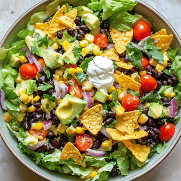 - 1 can black beans, rinsed and drained - 1 can corn, drained - 1 red bell pepper, diced - 1 cup cherry tomatoes, halved - 1 avocado, diced - 1 small red onion, finely chopped - 1 cup chopped romaine lettuce - Optional toppings: tortilla chips, vegan sour cream You will love the mix of beans and veggies. Black beans add protein and fiber. Corn brings sweetness and crunch. Fresh vegetables like red bell pepper and cherry tomatoes add color and taste. Avocado gives a creamy texture, while red onion adds a little bite. Romaine lettuce provides a nice crunch. - 1 teaspoon ground cumin - 1 teaspoon chili powder - Salt and pepper to taste - 1 lime, juiced - 1/4 cup fresh cilantro, chopped Seasonings make your taco salad pop. Ground cumin and chili powder give it warmth and depth. Lime juice adds brightness, while salt and pepper enhance the flavor. Fresh cilantro at the end adds a touch of freshness. - 1 cup tortilla chips, crushed (for topping) - 1/4 cup vegan sour cream (optional) For extra crunch, top your salad with tortilla chips. They add a fun texture. If you want creaminess, a dollop of vegan sour cream is perfect. You can find the full recipe for more details. Enjoy your vibrant vegan taco salad! To start, gather your fresh vegetables. Rinse them well under cool water. This helps remove dirt and pesticides. For the red bell pepper, chop it into small pieces. Halve the cherry tomatoes and dice the avocado. For the red onion, finely chop it. Now, wash the romaine lettuce and chop it into bite-sized pieces. Next, for the black beans, open the can. Pour the beans into a colander. Rinse them under cool water. Let them drain well. This step removes excess sodium and keeps your salad fresh. You can also do this with the corn. Drain it and set it aside. In a large mixing bowl, combine your prepared veggies. Add the rinsed black beans and corn. Next, toss in the diced avocado and chopped romaine. Gently mix all the ingredients together. This helps keep the veggies intact. If you toss too hard, you may mash the avocado. For the dressing, take a small bowl. Whisk together the lime juice, ground cumin, chili powder, salt, and pepper. Make sure it’s mixed well. Pour the dressing over the salad mixture. Gently toss it again to coat all the ingredients. Let the salad sit for about ten minutes. This allows the flavors to meld together. When you’re ready to serve, taste it. Adjust the seasoning if needed. Serve the salad in bowls or on a platter. Top it with crushed tortilla chips and fresh cilantro. You can also add a dollop of vegan sour cream if you like. For the complete recipe, check out the Full Recipe section. To make your vegan taco salad truly shine, start with ripe avocados. A good avocado should feel slightly soft but not mushy. For fresh produce, look for bright colors and firm textures. These choices enhance the overall taste. When you mix your salad, taste it. Adjust the seasonings to your liking. A little more lime juice can brighten the dish. Extra salt can enhance flavors too. You can serve this salad in many ways. For individual servings, use small bowls. This makes it easy for guests to enjoy. If you prefer a large platter, spread the salad out. It looks great and invites sharing. To make your dish pop, garnish with fresh cilantro or extra lime wedges. A few crushed tortilla chips on top adds crunch and color. To keep your salad fresh, store it in airtight containers. This helps keep veggies crisp. Don't mix all the ingredients until just before serving. Keep the dressing separate if you want it to stay fresh. Wait to add crushed tortilla chips until just before eating. This keeps them crunchy and tasty. {{image_2}} You can add tofu or tempeh for protein in this salad. Both are easy to cook. Just cube them and sauté with some spices. They soak up flavor well. You can also use different beans. Try pinto or kidney beans for a new taste. Mix them in for extra nutrition and variety. If you need gluten-free options, skip traditional tortilla chips. Use baked corn chips instead. You can also swap in gluten-free crackers or even nuts. For the salad base, make sure all beans and veggies are gluten-free. This way, everyone can enjoy the dish. Want to spice things up? Add different veggies like corn, or zucchini. Nuts like walnuts or pecans add great texture. For a flavor boost, try different dressings or spices. A splash of hot sauce or a sprinkle of nutritional yeast can change the vibe. Feel free to experiment and make this salad your own! For the full recipe, check out the vibrant vegan taco salad section. To store your Vegan Taco Salad, I recommend using airtight containers. Glass containers work well because they don’t stain and keep food fresh. If you have leftovers, keep the dressing separate. This helps the salad stay crisp. You can store the salad and dressing in two different containers. In the fridge, the salad lasts about three days. Keep an eye on the ingredients. If you see the avocado turning brown or the lettuce wilting, it’s time to toss it. Signs of spoilage also include an off smell or slimy texture. I do not recommend freezing this salad. The fresh veggies will become mushy when thawed. If you want to freeze, consider freezing individual ingredients, like beans or corn. When you’re ready, thaw them in the fridge overnight. Then, mix them into a fresh salad. For the best taste, always use fresh ingredients. Yes, you can make Vegan Taco Salad ahead of time. To store it, use an airtight container. Keep the dressing separate until you are ready to serve. This helps keep the salad fresh and crisp. You can prepare the veggies and beans a day before. Just mix it all in the bowl when you are ready to eat. If you want to change the black beans, you have options. You can use pinto beans or kidney beans as a good swap. Chickpeas also work well for a different flavor. These legumes add protein and texture to the salad. You could even use lentils for a unique twist. Just make sure they are cooked and cooled before adding them. Yes, this Vegan Taco Salad can be gluten-free. Use gluten-free tortilla chips for the crunchy topping. Check the labels on canned items to ensure they do not contain gluten. The fresh veggies and beans are naturally gluten-free. This makes it easy to enjoy a tasty dish that fits your diet. In this post, I shared how to make a tasty Vegan Taco Salad. We covered ingredients, seasonings, and tips for freshness. Plus, I gave ideas for storage and serving. You can mix and match ingredients to fit your taste. This dish is great for meal prep and can be made ahead of time. Enjoy this flavorful salad and make it your own with fun twists!
