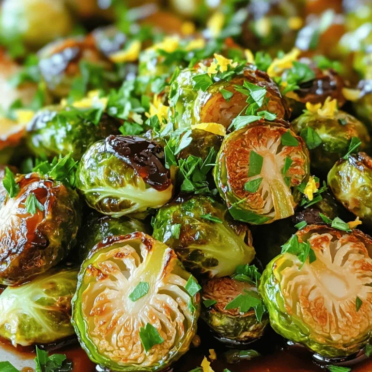 - 1 pound Brussels sprouts, trimmed and halved - 4 cloves garlic, minced - 3 tablespoons olive oil - 1 tablespoon balsamic glaze - 1 teaspoon lemon zest - Salt and pepper to taste - ½ teaspoon red pepper flakes - Fresh parsley for garnish For this garlic roasted Brussels sprouts recipe, I focus on simple yet bold flavors. The main ingredients are crucial. Start with fresh Brussels sprouts. Trim and halve them for even cooking. The garlic adds a punch of flavor. Mince it finely to release its natural oils. Olive oil helps the sprouts roast beautifully. It gives them a rich taste and helps with crisping. Next, the additional flavor components lift the dish. Balsamic glaze adds sweetness and depth. The lemon zest brings a bright note that balances the flavors. Don’t forget salt and pepper. They enhance all the tastes in this dish. If you want a kick, add red pepper flakes. They provide warmth without overpowering the taste. Finally, fresh parsley is a great garnish. It adds color and freshness to your finished dish. When you gather these ingredients, you're ready for the full recipe. Each component plays a role in creating a delicious side. Enjoy the process, and let the flavors shine! - Preheat the oven to 400°F (200°C). - In a large mixing bowl, combine the halved Brussels sprouts and minced garlic. First, I start by preheating the oven. This step is crucial because it ensures even cooking. Next, I take the Brussels sprouts, trim off the tough ends, and slice them in half. I add them to a bowl along with the minced garlic. The garlic adds a strong flavor that pairs well with the sprouts. - Drizzle olive oil over the mixture. - Season with salt, pepper, and red pepper flakes if using. After mixing the sprouts and garlic, I drizzle olive oil over the top. This oil helps the vegetables crisp up in the oven. Then, I sprinkle salt and pepper to taste. If I want a bit of heat, I add red pepper flakes. Toss everything together until the Brussels sprouts are well coated. - Spread on a baking sheet. - Roast for 20-25 minutes, stirring halfway. Next, I spread the Brussels sprouts on a baking sheet. I want them in a single layer for the best roasting. I place the baking sheet in the oven and set a timer for 20-25 minutes. Halfway through, I give them a stir. This helps them roast evenly. When they are done, the edges will be crispy, and the centers will be tender. If you want more details, check out the Full Recipe. To get crispy edges and tender centers, start with even spacing on the baking sheet. I always make sure the Brussels sprouts are laid out in a single layer. This helps them roast evenly. If they crowd each other, they will steam instead of roast. I recommend using a large baking sheet for this recipe. You can boost the flavor of your Brussels sprouts with extra spices or herbs. Try adding a pinch of smoked paprika or a sprinkle of thyme. This gives a nice depth to the dish. For a touch of acidity, drizzle on balsamic glaze and add a bit of lemon zest. This balance brightens the flavors and makes each bite pop. Garnishing with fresh parsley adds a splash of color. I love to sprinkle it on right before serving. It makes the dish look fresh and inviting. For serving suggestions, these roasted sprouts pair well with grilled chicken or fish. They are also great at holiday dinners or casual barbecues. For more ideas, check the Full Recipe. {{image_2}} You can easily change the flavor of your Garlic Roasted Brussels Sprouts by swapping ingredients. - Using different types of vinegar: Instead of balsamic glaze, try apple cider vinegar or red wine vinegar. These options add a different tangy taste. - Substituting olive oil with other options: If you prefer, use avocado oil or melted coconut oil. Both give a unique flavor and can be just as healthy. Adding more flavors can make this dish even better. - Adding cheese: Sprinkling Parmesan or feta cheese on the sprouts before serving adds creaminess. The cheese melts slightly and creates a rich taste. - Incorporating nuts for crunch: Toss in some chopped pecans or walnuts. They add a nice crunch and a nutty flavor that pairs well with the sprouts. You can modify this recipe to fit different diets. - Making it vegan or gluten-free: This dish is already vegan and gluten-free. Just make sure to use the right vinegar and oil. - Low-calorie options for a lighter dish: Use less oil or skip the cheese. You can also add more veggies, like carrots or bell peppers, for bulk without many calories. For more details, check the Full Recipe for Garlic Roasted Brussels Sprouts. To store your leftover garlic roasted Brussels sprouts, place them in an airtight container. This keeps them fresh and prevents any odors from mixing. You can store the sprouts in the fridge for up to 3 days. After that, they may lose their crispness and flavor. When you're ready to enjoy your leftovers, you can reheat them easily. The best method is to use the oven. Preheat your oven to 350°F (175°C). Spread the sprouts on a baking sheet and heat for about 10-15 minutes. This method helps keep the edges crispy. You can also use a microwave, but it may make the sprouts a bit soggy. If you choose the microwave, heat in short bursts and check often. If you want to save some for later, freezing is a great option. First, let the Brussels sprouts cool completely. Then, place them in a single layer on a baking sheet. Freeze for about an hour, then transfer them to a freezer-safe bag. This way, they won’t stick together. You can freeze them for up to 3 months. To thaw, place them in the fridge overnight. Reheat them in the oven like before for the best texture. Yes, you can make Garlic Roasted Brussels Sprouts ahead of time. To do this, cook them as usual. After roasting, let them cool completely. Then, place them in an airtight container. Store them in the fridge for up to three days. When you want to serve them, reheat in the oven at 350°F (175°C) for about 10 minutes. This way, they stay crispy and tasty. Garlic Roasted Brussels Sprouts taste great with many dishes. You can pair them with grilled chicken, salmon, or steak. They also go well with grains. Try serving them with quinoa or brown rice. For a vegetarian option, serve them with a hearty lentil salad. The flavors merge beautifully, creating a satisfying meal. Choosing fresh Brussels sprouts is easy with a few tips. Look for sprouts that are bright green and firm. Avoid those that are yellow or have brown spots. Smaller sprouts are often sweeter. When you press a sprout, it should feel solid. This shows it is fresh. You want the best quality for your dish. For the full recipe, check out the details above. In this article, we explored how to make delicious garlic roasted Brussels sprouts. We covered everything from the main ingredients to step-by-step instructions for perfect roasting. Remember to use even spacing on the baking sheet for crispy edges. You can also experiment with flavors and ingredients. Whether you are vegan or just looking for a tasty side dish, this recipe is versatile. Enjoy what you create, and share it with others! It’s a simple, tasty addition to any meal.
