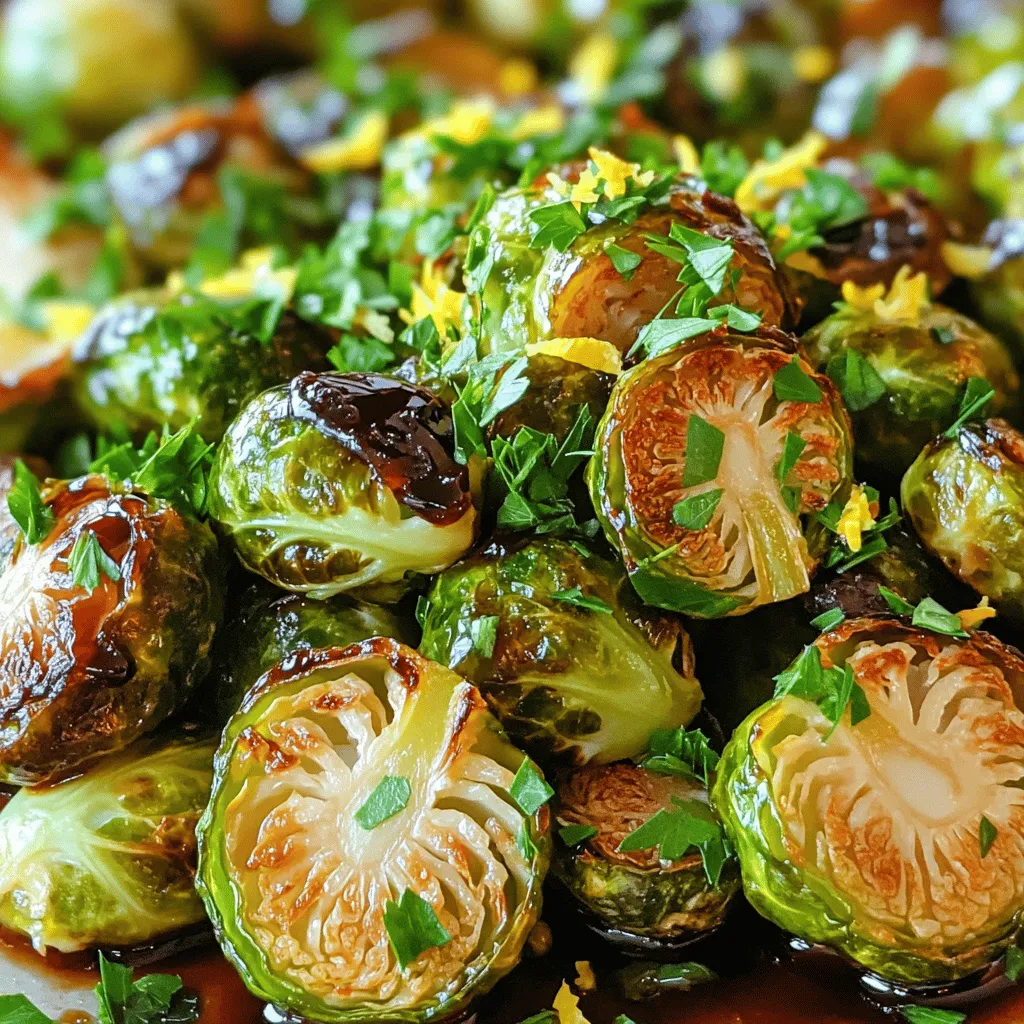 - 1 pound Brussels sprouts, trimmed and halved - 4 cloves garlic, minced - 3 tablespoons olive oil - 1 tablespoon balsamic glaze - 1 teaspoon lemon zest - Salt and pepper to taste - ½ teaspoon red pepper flakes - Fresh parsley for garnish For this garlic roasted Brussels sprouts recipe, I focus on simple yet bold flavors. The main ingredients are crucial. Start with fresh Brussels sprouts. Trim and halve them for even cooking. The garlic adds a punch of flavor. Mince it finely to release its natural oils. Olive oil helps the sprouts roast beautifully. It gives them a rich taste and helps with crisping. Next, the additional flavor components lift the dish. Balsamic glaze adds sweetness and depth. The lemon zest brings a bright note that balances the flavors. Don’t forget salt and pepper. They enhance all the tastes in this dish. If you want a kick, add red pepper flakes. They provide warmth without overpowering the taste. Finally, fresh parsley is a great garnish. It adds color and freshness to your finished dish. When you gather these ingredients, you're ready for the full recipe. Each component plays a role in creating a delicious side. Enjoy the process, and let the flavors shine! - Preheat the oven to 400°F (200°C). - In a large mixing bowl, combine the halved Brussels sprouts and minced garlic. First, I start by preheating the oven. This step is crucial because it ensures even cooking. Next, I take the Brussels sprouts, trim off the tough ends, and slice them in half. I add them to a bowl along with the minced garlic. The garlic adds a strong flavor that pairs well with the sprouts. - Drizzle olive oil over the mixture. - Season with salt, pepper, and red pepper flakes if using. After mixing the sprouts and garlic, I drizzle olive oil over the top. This oil helps the vegetables crisp up in the oven. Then, I sprinkle salt and pepper to taste. If I want a bit of heat, I add red pepper flakes. Toss everything together until the Brussels sprouts are well coated. - Spread on a baking sheet. - Roast for 20-25 minutes, stirring halfway. Next, I spread the Brussels sprouts on a baking sheet. I want them in a single layer for the best roasting. I place the baking sheet in the oven and set a timer for 20-25 minutes. Halfway through, I give them a stir. This helps them roast evenly. When they are done, the edges will be crispy, and the centers will be tender. If you want more details, check out the Full Recipe. To get crispy edges and tender centers, start with even spacing on the baking sheet. I always make sure the Brussels sprouts are laid out in a single layer. This helps them roast evenly. If they crowd each other, they will steam instead of roast. I recommend using a large baking sheet for this recipe. You can boost the flavor of your Brussels sprouts with extra spices or herbs. Try adding a pinch of smoked paprika or a sprinkle of thyme. This gives a nice depth to the dish. For a touch of acidity, drizzle on balsamic glaze and add a bit of lemon zest. This balance brightens the flavors and makes each bite pop. Garnishing with fresh parsley adds a splash of color. I love to sprinkle it on right before serving. It makes the dish look fresh and inviting. For serving suggestions, these roasted sprouts pair well with grilled chicken or fish. They are also great at holiday dinners or casual barbecues. For more ideas, check the Full Recipe. {{image_2}} You can easily change the flavor of your Garlic Roasted Brussels Sprouts by swapping ingredients. - Using different types of vinegar: Instead of balsamic glaze, try apple cider vinegar or red wine vinegar. These options add a different tangy taste. - Substituting olive oil with other options: If you prefer, use avocado oil or melted coconut oil. Both give a unique flavor and can be just as healthy. Adding more flavors can make this dish even better. - Adding cheese: Sprinkling Parmesan or feta cheese on the sprouts before serving adds creaminess. The cheese melts slightly and creates a rich taste. - Incorporating nuts for crunch: Toss in some chopped pecans or walnuts. They add a nice crunch and a nutty flavor that pairs well with the sprouts. You can modify this recipe to fit different diets. - Making it vegan or gluten-free: This dish is already vegan and gluten-free. Just make sure to use the right vinegar and oil. - Low-calorie options for a lighter dish: Use less oil or skip the cheese. You can also add more veggies, like carrots or bell peppers, for bulk without many calories. For more details, check the Full Recipe for Garlic Roasted Brussels Sprouts. To store your leftover garlic roasted Brussels sprouts, place them in an airtight container. This keeps them fresh and prevents any odors from mixing. You can store the sprouts in the fridge for up to 3 days. After that, they may lose their crispness and flavor. When you're ready to enjoy your leftovers, you can reheat them easily. The best method is to use the oven. Preheat your oven to 350°F (175°C). Spread the sprouts on a baking sheet and heat for about 10-15 minutes. This method helps keep the edges crispy. You can also use a microwave, but it may make the sprouts a bit soggy. If you choose the microwave, heat in short bursts and check often. If you want to save some for later, freezing is a great option. First, let the Brussels sprouts cool completely. Then, place them in a single layer on a baking sheet. Freeze for about an hour, then transfer them to a freezer-safe bag. This way, they won’t stick together. You can freeze them for up to 3 months. To thaw, place them in the fridge overnight. Reheat them in the oven like before for the best texture. Yes, you can make Garlic Roasted Brussels Sprouts ahead of time. To do this, cook them as usual. After roasting, let them cool completely. Then, place them in an airtight container. Store them in the fridge for up to three days. When you want to serve them, reheat in the oven at 350°F (175°C) for about 10 minutes. This way, they stay crispy and tasty. Garlic Roasted Brussels Sprouts taste great with many dishes. You can pair them with grilled chicken, salmon, or steak. They also go well with grains. Try serving them with quinoa or brown rice. For a vegetarian option, serve them with a hearty lentil salad. The flavors merge beautifully, creating a satisfying meal. Choosing fresh Brussels sprouts is easy with a few tips. Look for sprouts that are bright green and firm. Avoid those that are yellow or have brown spots. Smaller sprouts are often sweeter. When you press a sprout, it should feel solid. This shows it is fresh. You want the best quality for your dish. For the full recipe, check out the details above. In this article, we explored how to make delicious garlic roasted Brussels sprouts. We covered everything from the main ingredients to step-by-step instructions for perfect roasting. Remember to use even spacing on the baking sheet for crispy edges. You can also experiment with flavors and ingredients. Whether you are vegan or just looking for a tasty side dish, this recipe is versatile. Enjoy what you create, and share it with others! It’s a simple, tasty addition to any meal.