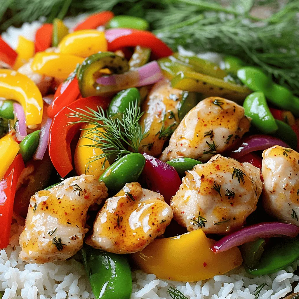 For this dish, you need 1 lb (450g) of chicken breast. Slice it thinly to ensure even cooking. The chicken takes on great flavor during marination, so choose fresh, high-quality meat. 1 cup of dill pickle juice gives the chicken a tangy kick. It helps tenderize the meat and adds a unique taste. The vegetables bring color and crunch to your stir fry. You will use: - 2 cups mixed bell peppers (red, yellow, green), sliced - 1 cup snap peas, trimmed - 1 medium red onion, sliced These veggies not only add nutrition but also make the dish visually appealing. You can also mix in other favorites if you want. To enhance flavor, you need: - 2 tablespoons ranch seasoning mix for that creamy, herby taste. - 1 tablespoon olive oil for cooking the chicken and veggies. - Salt and pepper to taste, adjusting to your preference. These seasonings bring everything together. The ranch seasoning adds a fun twist to the dish. For the full recipe, check [Full Recipe]. Start by slicing 1 pound of chicken breast into thin strips. Place the chicken in a bowl. Pour 1 cup of dill pickle juice over the chicken. This juice adds a tangy flavor that makes the dish special. Cover the bowl and let the chicken marinate for at least 30 minutes. This step helps the chicken absorb all the yummy flavors. After marinating, take the chicken out of the pickle juice. Sprinkle 2 tablespoons of ranch seasoning mix evenly on the chicken. Mix well to coat each piece. Next, heat 1 tablespoon of olive oil in a large skillet over medium-high heat. Add the seasoned chicken to the skillet. Cook for about 5 to 7 minutes. Stir occasionally until the chicken turns golden brown and is cooked all the way through. Once done, remove the chicken from the skillet and set it aside. In the same skillet, add 1 medium sliced red onion. Cook for about 2 minutes until it starts to soften. Then, toss in 2 cups of mixed bell peppers and 1 cup of snap peas. Stir frequently for about 5 minutes. You want the veggies to be tender yet crisp. After that, add 2 cloves of minced garlic and cook for another minute. This makes the kitchen smell amazing! Return the cooked chicken to the skillet. Toss everything together well. Season with salt and pepper to taste. For serving, plate the stir fry over cooked rice or quinoa. Garnish with 1 tablespoon of fresh dill for a pop of color and flavor. You can drizzle extra pickle juice on top for a tangy finish. Enjoy this delightful meal that’s sure to impress! For the complete details, check the Full Recipe. Marinating chicken adds flavor and tenderness. Use dill pickle juice for a tangy kick. Let the chicken soak for at least 30 minutes, but longer is better. This helps the meat absorb all the tasty flavors. If you have time, marinate it overnight in the fridge. Make sure to cover the bowl to keep it fresh. For this stir fry, a large skillet or wok works best. The wide surface lets you cook the chicken and veggies evenly. A wooden spoon or spatula helps mix the food without scratching the pan. Make sure your skillet is hot before adding the chicken. This keeps the meat juicy and prevents sticking. A good cutting board and sharp knife are also key for slicing the veggies. Presentation makes meals more enjoyable. Serve the stir fry in a large bowl to show off the colors. Drizzle extra pickle juice on top for a zesty finish. Add fresh dill as a garnish for a pop of green. For a fun touch, place pickles on the side. This adds crunch and makes the dish look inviting. For the full recipe, check out the Pickle Ranch Chicken and Veggie Stir Fry. {{image_2}} You can switch out chicken for other proteins. Turkey works well. Tofu is great for a plant-based choice. Shrimp adds a nice touch too. Just remember to adjust the cooking time. Each protein brings its own flavor. You can keep the marinade the same for all options. Feel free to mix up the veggies. Broccoli or zucchini can add a new twist. Carrots add crunch and color. You can even use frozen veggies for quick prep. Just thaw them before cooking. This stir fry is flexible, so use what you have. Each veggie will give a different taste and look. Want to change the taste? Try adding different sauces. Soy sauce can add saltiness. Teriyaki gives a sweet twist. You could even use curry paste for a spicy kick. Adding fresh herbs like basil or cilantro can brighten it up. Don't be afraid to experiment! Your taste buds will thank you. For the full recipe, check the section above. After a tasty meal, let the leftovers cool. Place them in an airtight container. Make sure to store them in the fridge. They will stay fresh for up to three days. Label the container with the date. This helps keep track of when to eat them. To reheat, you can use a microwave or a skillet. If using a microwave, place the stir fry in a bowl. Heat it for one to two minutes. Stir halfway through to ensure even warming. If using a skillet, add a splash of water and heat on medium for about five minutes. This keeps the dish moist and tasty. If you want to save some for later, freezing is a great option. Place the cooled stir fry in a freezer-safe container. Make sure to leave some space at the top for expansion. It can last up to three months in the freezer. When you're ready to eat, thaw it overnight in the fridge before reheating. Enjoy your Pickle Ranch Chicken and Veggie Stir Fry even after some time! For the full recipe, check the earlier sections. You can add red pepper flakes to the chicken. Start with a pinch and taste. If you want more heat, add a bit more. You can also use spicy pickles instead of dill pickles. Another option is to add sriracha or hot sauce to the stir fry. These steps will give you a nice kick without changing the dish too much. Yes, you can use other pickles. Bread and butter pickles add a sweet twist. You might also try garlic dill pickles for extra flavor. Different pickles can change the taste, so have fun experimenting. Find the type that best fits your taste buds. Don't hesitate to mix and match! This dish pairs well with cooked rice or quinoa. You can also serve it with a fresh salad on the side. If you like, add crusty bread to soak up the juices. For a lighter option, consider steamed broccoli or a veggie platter. The choice is yours! For the full recipe, check out the complete instructions above. This blog post covered the key ingredients and steps to make a tasty dish. You learned how to marinate chicken, cook it well, and sauté fresh vegetables. We also shared helpful tips for cooking and presenting your meal. If you want to switch things up, you can try different proteins or veggies. Finally, we discussed how to store and reheat your leftovers. With this knowledge, you can create a delicious meal that everyone will enjoy. Happy cooking!