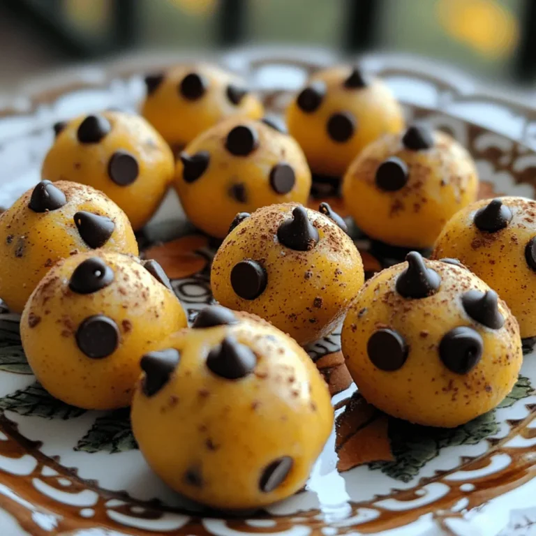 To make these tasty treats, gather these simple ingredients: - 1 cup almond flour - 1/2 cup pumpkin puree - 1/4 cup maple syrup - 1/4 cup almond butter (or peanut butter) - 1 teaspoon vanilla extract - 1 teaspoon pumpkin spice blend - 1/2 teaspoon salt - 1/4 cup chocolate chips (dark or dairy-free) - 1/4 cup crushed pecans or walnuts (optional) You can swap ingredients based on your taste or needs. Here are some ideas: - Use sunflower seed butter if you're nut-free. - Swap maple syrup with honey for sweetness. - Use coconut flour instead of almond flour, but adjust the amount. - Replace chocolate chips with dried fruit for a healthier choice. Each ingredient brings unique benefits to your cookie dough bites: - Almond flour provides healthy fats and protein. - Pumpkin puree adds moisture and is rich in vitamins. - Maple syrup gives natural sweetness and antioxidants. - Almond butter offers more protein and healthy fats. - Pumpkin spice blend adds flavor and may aid digestion. - Chocolate chips can boost mood with their flavor. - Nuts add crunch and are a good source of fiber. These ingredients combine to create a fun, healthy snack that everyone can enjoy. Don't forget to check the Full Recipe for detailed steps! To start, gather all your ingredients. You will need almond flour, pumpkin puree, maple syrup, almond butter, vanilla extract, pumpkin spice blend, salt, chocolate chips, and nuts if you want. In a mixing bowl, combine 1 cup of almond flour with 1/2 cup of pumpkin puree. Add in 1/4 cup of maple syrup and 1/4 cup of almond butter. Next, stir in 1 teaspoon of vanilla extract, 1 teaspoon of pumpkin spice blend, and 1/2 teaspoon of salt. Mix well until the dough is smooth and holds together. Once your dough is ready, it's time to shape it. Take small portions of the dough and roll them into balls. Aim for about 1 inch in size. Place each ball on a baking sheet lined with parchment paper. If you want to add some crunch, fold in 1/4 cup of chocolate chips and some crushed nuts before you roll them. This adds flavor and texture to each bite. After rolling the bites, chill them in the fridge. This helps them firm up nicely. I recommend leaving them in the fridge for at least 30 minutes. This step makes a big difference in texture. Once chilled, your No Bake Pumpkin Spice Cookie Dough Bites are ready to eat! Enjoy this tasty treat anytime you crave something sweet. For the full recipe, check out the detailed instructions provided earlier. To get the best texture, use the right almond flour. Fine almond flour works best. It helps the bites hold together. If your dough feels too dry, add a bit more pumpkin puree. If it's too wet, add a little extra almond flour. Mixing well is key. Make sure there are no dry lumps in your dough. This ensures every bite is soft and chewy. Store your cookie dough bites in an airtight container. This keeps them fresh and tasty. You can put parchment paper between layers to avoid sticking. They will last up to a week in the fridge. If you want to keep them longer, freeze them. Just place the bites in a freezer-safe bag or container. They can stay good for up to three months in the freezer. For a lovely presentation, arrange the bites on a cute plate. You can sprinkle some extra pumpkin spice on top for flair. This adds to the visual appeal and flavor. Serve them at parties or bring them to gatherings. They make a great snack for kids and adults alike. You can even add a small bowl of melted chocolate for dipping. It makes the experience even more fun! {{image_2}} You can mix things up by adding different flavors to your cookie dough bites. Try adding a tablespoon of cocoa powder for a chocolate twist. If you like more spice, add a little ginger or nutmeg. You can also use flavored extracts like almond or hazelnut instead of vanilla. Each option brings a new taste to the bites and keeps them fun! If you need a nut-free version, switch almond flour for oat flour. Oat flour gives a similar texture and is safe for those with nut allergies. You can use sun butter in place of almond or peanut butter. This keeps the bites creamy and tasty without nuts. These swaps make the recipe friendly for everyone to enjoy! Make seasonal changes to fit holidays or celebrations. For example, in winter, add crushed peppermint candies for a festive touch. In summer, try mixing in dried fruit like cranberries or apricots. These changes keep your cookie dough bites exciting all year long. You can even create a pumpkin spice version for fall or a chocolate version for Valentine’s Day! For more details on making these tasty bites, check out the Full Recipe. To keep your No Bake Pumpkin Spice Cookie Dough Bites fresh, store them in an airtight container. You can place parchment paper between layers to prevent sticking. This helps maintain their shape and texture. Keep the container in the fridge for best results. If you follow these steps, your bites will stay delicious for days! If you want to save some bites for later, freezing is a great option. First, place the bites on a baking sheet in a single layer. Freeze them for about an hour until they are firm. Then, transfer the frozen bites to a freezer-safe bag or container. Make sure to label it with the date. They can stay frozen for up to three months. When you’re ready to enjoy, simply thaw them in the fridge overnight. When stored properly in the fridge, these cookie dough bites last about one week. They taste best when fresh, but still hold flavor even after a few days. If you freeze them, I recommend using them within three months. For the best taste, enjoy them chilled or at room temperature. You can also serve them as a snack or dessert! Yes, you can use other nut flours. Some good options are cashew flour or hazelnut flour. Each nut flour brings a unique flavor. Almond flour is a great choice for its mild taste and smooth texture. If you try different flours, adjust the liquid in your recipe. You want the dough to stay soft but not too wet. To make these bites vegan, swap the honey or maple syrup for agave syrup. Replace almond butter with a nut-free alternative like sunflower seed butter. This keeps the bites safe for those with nut allergies. Ensure your chocolate chips are dairy-free as well. These simple swaps make the recipe perfect for everyone! If the dough feels too sticky, add a bit more almond flour. Start with a tablespoon at a time. Mix well after each addition. You want a dough that holds together but isn’t too wet. Another tip is to chill the dough for 10 to 15 minutes. This helps it firm up and makes it easier to shape. Yes, these cookie dough bites are gluten-free! The main ingredient, almond flour, is naturally gluten-free. Always check the labels on your ingredients to ensure they are gluten-free. This way, you can enjoy these bites without worry. They make a great snack for anyone avoiding gluten. In this post, we covered how to make No Bake Pumpkin Spice Cookie Dough Bites. You learned the ingredients and their benefits. I shared handy tips for making the best bites and gave storage advice. We explored fun variations to fit your taste. Enjoy making these bites and feel free to switch things up. Remember, baking should be fun! Happy cooking!